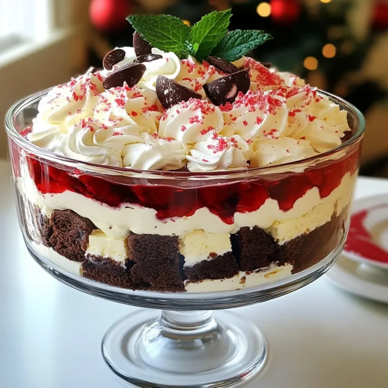 To make the Peppermint Christmas Trifle, gather these ingredients: - 1 package of chocolate cake mix (plus the ingredients needed for preparation) - 2 cups peppermint-flavored whipped topping - 2 cups vanilla pudding (instant) - 1 cup crushed peppermint candies (divided) - 1 cup milk - 1 teaspoon vanilla extract - 1/2 cup crushed chocolate cookies (optional for an added layer) - Fresh mint leaves for garnish You can easily swap ingredients in this recipe. For the chocolate cake mix, use a gluten-free mix for a gluten-free version. If you want a dairy-free treat, choose almond milk for the pudding and whipped topping. You can also use a different flavor of pudding, like chocolate or butterscotch, to change the trifle's taste. For a more festive twist, use crushed holiday cookies instead of crushed chocolate cookies. To prepare the trifle, you will need: - A large mixing bowl - A whisk for mixing pudding - A greased baking pan for the cake - A wire rack for cooling - A large trifle dish or individual serving glasses for layering - A spatula or spoon for spreading layers {{ingredient_image_2}} First, preheat your oven based on the package instructions for the chocolate cake mix. Grease your cake pan well to keep the cake from sticking. Bake the cake until it’s done, following the time in the instructions. Once it cools on a wire rack, cut it into small cubes. This makes it easy to layer in the trifle. In a medium bowl, mix the instant vanilla pudding with the milk. Use a whisk to blend well. This should take about two minutes until it thickens. After thickening, stir in the vanilla extract. This will give your pudding a rich flavor. Grab a large trifle dish or individual glasses for serving. Start by placing about one-third of the chocolate cake cubes at the bottom. Pour half of the vanilla pudding over the cake, spreading it out evenly. Next, gently spoon half of the peppermint-flavored whipped topping over the pudding. Be careful to spread it smoothly. Sprinkle half of the crushed peppermint candies on top for a festive crunch. Repeat this layering with the rest of the cake, pudding, and whipped topping. For a fun twist, add crushed chocolate cookies on the last layer before the peppermint candies. Cover the trifle with plastic wrap or a lid. Refrigerate it for at least four hours. For the best taste, try to chill it overnight. Before serving, add fresh mint leaves on top for a nice touch. This trifle is sure to impress everyone! Chilling your trifle is key for great taste. I recommend refrigerating it for at least 4 hours. This time helps the layers blend well. For even better flavor, chill it overnight. The longer it sits, the more the flavors mix. The cake will soak up the pudding and whipped topping, making each bite delicious. When it comes to presentation, clear glass dishes are the best. They let guests see the lovely layers of cake, pudding, and whipped topping. You can also add whole peppermint candies on top for a fun touch. Fresh mint leaves as a garnish add a pop of color. This makes your trifle festive and inviting. One common mistake is not letting the cake cool completely. Warm cake can melt the whipped topping. Another mistake is rushing the chilling time. If you serve the trifle too soon, the layers won't blend well. Lastly, don't skip the peppermint candies. They add that special holiday crunch and flavor. Avoiding these mistakes will help you create the perfect peppermint Christmas trifle. Pro Tips Use Quality Ingredients: Opt for high-quality peppermint candies and whipped topping to elevate the flavor of your trifle and ensure a festive taste. Layering Technique: For a visually appealing trifle, use a clear glass dish and make sure to spread each layer evenly to showcase the beautiful colors and textures. Chill Time: Allow the trifle to chill for at least 4 hours, but overnight is best. This gives the flavors time to blend and enhances the overall taste. Garnishing Tips: Add fresh mint leaves or extra crushed peppermint on top just before serving for a pop of color and an aromatic touch that complements the dessert. {{image_4}} You can make this trifle gluten-free. Choose a gluten-free chocolate cake mix. Follow the package instructions carefully. The other ingredients are already gluten-free. This makes it easy to enjoy a festive treat without worry. For a dairy-free version, use almond milk or oat milk in the pudding. You can also find dairy-free whipped topping at most stores. Make sure your chocolate cake mix is dairy-free. This way, everyone can enjoy the trifle. Want to change the flavor? Try using chocolate mousse instead of vanilla pudding. You can also add a layer of fresh berries for a fruity surprise. For a minty boost, add mint extract to the whipped topping. Each twist brings new tastes and fun! Store any leftover peppermint Christmas trifle in an airtight container. This keeps it fresh. You can place it in the fridge for up to three days. If you use individual glasses, cover each with plastic wrap. This helps prevent drying out and keeps the flavors intact. I don’t recommend freezing this trifle. The whipped topping and pudding can change texture when frozen. If you must freeze it, freeze the cake and cream layers separately. Then, assemble them when you’re ready to serve. This method keeps the taste and texture fresh. To keep your trifle fresh, always cover it tightly when storing. Avoid mixing in extra toppings until just before serving. This way, the peppermint crunch stays crisp. If you want to serve it later, prepare the layers ahead of time and assemble it right before your event. This keeps everything looking and tasting great! Yes, you can make this trifle a day before. It needs time to chill. Storing it overnight helps the flavors blend well. Just cover it tightly with plastic wrap. This way, your trifle stays fresh and tasty. You can get creative with toppings. Try using chocolate shavings or crushed cookies. Fresh berries also add color and flavor. For a richer taste, drizzle chocolate or caramel sauce on top. You can even add nuts for a nice crunch. To adjust serving sizes, simply change the ingredient amounts. For fewer servings, cut the recipe in half. Use smaller dishes for individual servings. You can also layer less in each glass. This way, everyone still enjoys a festive treat. This blog post covered all you need to create a delicious trifle. You learned about the best ingredients, useful equipment, and simple steps for preparation. I shared tips to help set your dessert perfectly and avoid common errors. We discussed fun variations to match different diets and tastes. Lastly, you discovered how to store leftovers and keep your trifle fresh. Now you have all the tools to impress with this tasty treat. Enjoy making your trifle your own!