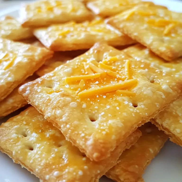 To make these cheesy delights, gather the following ingredients: - 1 cup all-purpose flour - 1 cup shredded sharp cheddar cheese - 1/2 cup unsalted butter, softened - 1 teaspoon garlic powder - 1 teaspoon onion powder - 1/2 teaspoon salt - 1/4 teaspoon cayenne pepper (optional) - 1-2 tablespoons cold water (as needed) If you want to swap ingredients, here are some ideas: - Use whole wheat flour for a nuttier flavor. - Substitute your favorite cheese, like mozzarella or pepper jack, for cheddar. - Coconut oil works well instead of butter for a dairy-free option. - If you want a milder taste, skip the cayenne pepper. - Try using fresh herbs like rosemary or thyme instead of garlic or onion powder. Each serving has about: - Calories: 95 - Total Fat: 6g - Saturated Fat: 3.5g - Cholesterol: 15mg - Sodium: 100mg - Total Carbohydrates: 8g - Dietary Fiber: 0.5g - Sugars: 0g - Protein: 2g This breakdown helps you enjoy your snack while keeping track of your nutrition! {{ingredient_image_2}} 1. First, preheat your oven to 350°F (175°C). This helps the crackers bake evenly. 2. Line a baking sheet with parchment paper. This makes it easy to lift the crackers off later. 3. In a large bowl, sift together 1 cup of all-purpose flour, 1 teaspoon of garlic powder, 1 teaspoon of onion powder, 1/2 teaspoon of salt, and 1/4 teaspoon of cayenne pepper if you want some heat. Mix these dry ingredients well. 4. Now, add 1/2 cup of softened unsalted butter and 1 cup of shredded sharp cheddar cheese to the bowl. Use a fork or your fingers to mix until it feels crumbly. 5. If the dough is too dry, add 1-2 tablespoons of cold water, one at a time. Mix gently until it starts to clump and feels firm but not sticky. 6. Lightly flour a clean surface. Transfer the dough onto it and roll it out to about 1/8 inch thick. Keep the thickness even for best results. 7. With a pizza cutter or sharp knife, cut the rolled dough into squares or any shapes you like. 8. Place the shaped crackers onto the prepared baking sheet, leaving a bit of space between each. Poke each cracker a few times with a fork to let steam escape while baking. 9. Bake the crackers in your preheated oven for 12-15 minutes. Look for a nice golden brown color and a crisp texture. Stay close to avoid burning them. 10. After baking, take the sheet out of the oven. Let the crackers cool on the sheet for several minutes. 11. Transfer them to a wire rack to cool completely. This keeps them crisp. Enjoy your homemade cheese crackers with dips or just on their own! To get the best texture for your cheese crackers, start with cold butter. This keeps the dough flaky. When mixing the butter with the flour, aim for a crumbly texture. It should look like coarse crumbs and hold together when pressed. If your dough feels too dry, add cold water. Just a little bit at a time. Roll the dough evenly to about 1/8 inch thick. This helps them bake evenly. One common mistake is overmixing the dough. This can make your crackers tough. Mix just until the dough comes together. Another mistake is not keeping an eye on the oven. Crackers can burn quickly, so check them often while baking. Leaving too little space between crackers can also cause them to stick. Make sure to leave space for expansion. You can easily enhance the flavor of your cheese crackers. Try using different cheeses like mozzarella or pepper jack for a twist. Add herbs like rosemary or thyme for a fresh taste. You can also sprinkle some Parmesan on top before baking. For a spicy kick, increase the cayenne pepper or add red pepper flakes. Experiment with these options to find your favorite flavor! Pro Tips Use Cold Butter: For the best flaky texture, ensure your butter is cold when mixing into the dry ingredients. This helps create those delightful layers in your crackers. Experiment with Cheese: While sharp cheddar is delicious, feel free to mix in other cheeses like Parmesan or Gouda for different flavor profiles. Keep an Eye on Baking Time: Ovens can vary, so start checking your crackers a minute or two before the recommended time to prevent over-baking. Customize Shapes: Get creative with the shapes of your crackers! Use cookie cutters for festive occasions or to match your theme. {{image_4}} You can choose different cheeses for your crackers. Sharp cheddar gives a nice flavor. For a milder taste, try mozzarella. If you want a kick, use pepper jack. Each cheese adds its own twist to the flavor. Mix and match to find your favorite. Seasoning can change the taste of your cheese crackers. Garlic powder and onion powder are great starts. You might also try adding dried herbs like oregano or thyme. For a spicy touch, add more cayenne pepper. Experiment with your favorite spices to make them unique. The shape of your crackers can be fun too. Use a pizza cutter for squares or triangles. You can even use cookie cutters for fun shapes. Smaller shapes bake faster, while larger ones are great for dipping. Make them any size that fits your mood! To keep your homemade cheese crackers fresh, store them in an airtight container. You can use a glass jar or a plastic container. Place a piece of parchment paper inside to absorb moisture. This helps keep the crackers crispy. Store them at room temperature for up to a week. If you want to save some for later, freezing is a great option. First, let the baked crackers cool completely. Then, arrange them in a single layer on a baking sheet. Freeze them for about 1 hour. Once frozen, transfer them to a freezer-safe bag. Remove as much air as possible before sealing. You can freeze them for up to three months. Homemade cheese crackers taste best within the first week. After that, they may lose some crispness. For frozen crackers, they will retain their flavor and texture for about three months. To enjoy frozen crackers, just take out what you need and let them thaw at room temperature. You can also reheat them in the oven for a few minutes to restore their crunchiness. To store your homemade cheese crackers, let them cool completely. Place them in an airtight container. Keep them at room temperature. They stay fresh for about a week. For longer storage, put them in the fridge. They can last up to two weeks in the fridge. If you want to keep them even longer, freeze them. Just make sure to wrap them tightly in plastic wrap or use a freezer bag. Yes, you can make these crackers gluten-free. Substitute the all-purpose flour with a gluten-free flour blend. Look for a blend that has xanthan gum in it. This helps mimic the texture of regular flour. You might need to adjust the amount of water you add. Start with a little and mix until the dough holds together. Homemade cheese crackers pair well with many tasty options. You can serve them with dips like hummus or guacamole. They also taste great with salsa or a creamy ranch dip. For a savory touch, try serving them with cured meats or cheese spreads. Fresh fruit like grapes or sliced apples adds a nice sweetness. Enjoy mixing and matching your favorites! In this blog post, we explored how to make delicious homemade cheese crackers. We covered essential ingredients and swaps, outlined clear preparation steps, and shared effective baking methods. Tips for texture and common mistakes helped ensure your success. You can also enjoy variations in cheese and spices to make your crackers unique. Remember, storage is key for keeping your crackers fresh. By following these steps and tips, you can create tasty snacks every time. Enjoy your cheesy creations!