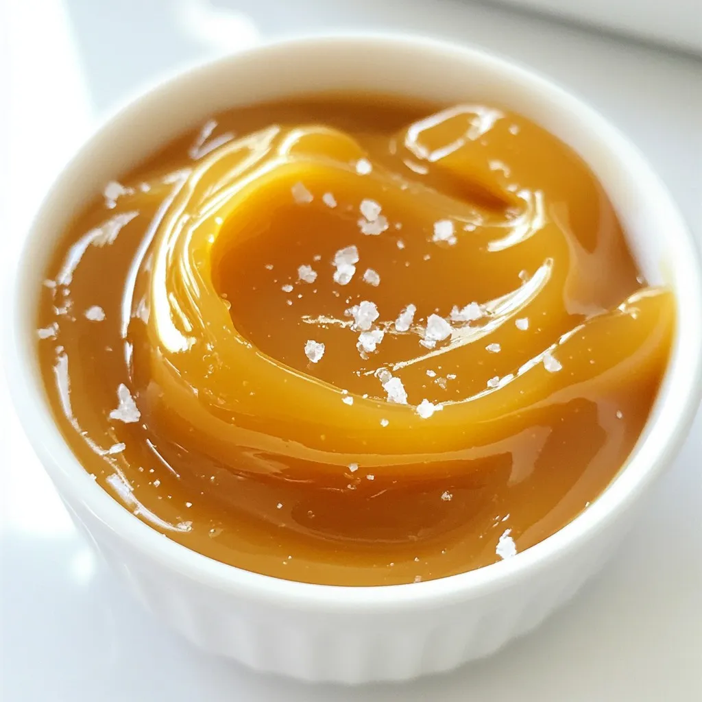 - 1 cup granulated sugar - 1/4 cup water - 1/2 cup unsalted butter, cut into small cubes - 1/2 cup heavy cream, at room temperature - 1 teaspoon sea salt (adjust to taste) To make this easy salted butter caramel, you need just five simple ingredients. Each plays a key role in creating that rich flavor and smooth texture. Granulated sugar is the star. It provides sweetness and helps form the caramel. Water helps dissolve the sugar at first. The unsalted butter adds creaminess and richness. The heavy cream creates that silky feel in your mouth. Finally, sea salt gives the caramel a delightful balance of sweet and salty. Gathering these ingredients is simple. You may find most in your kitchen. Make sure to use quality butter and cream for the best taste. Always adjust the sea salt to your liking. You can add more or less depending on your taste buds. Now, let’s have fun creating this sweet treat! {{ingredient_image_2}} - Combine 1 cup of granulated sugar and 1/4 cup of water in a medium saucepan. - Stir gently with a silicone spatula. Keep stirring until the sugar is fully dissolved. - Now, increase the heat to medium-high. Bring the mixture to a boil. - Do not stir now. Watch closely as it boils for 6 to 8 minutes. The color should change to a rich, deep amber. - When it reaches the right color, take the saucepan off the heat. - Carefully add 1/2 cup of diced unsalted butter. It will bubble up, so be cautious. - Stir with a wooden spoon or spatula until the butter melts and mixes in smoothly. - Gradually pour in 1/2 cup of heavy cream while stirring continuously. Expect some vigorous bubbling. - Keep stirring until the caramel is smooth and shiny. - Now, add 1 teaspoon of sea salt to the caramel. Mix well and taste it. - Adjust the salt to your liking. - Let the caramel cool for a few minutes in the saucepan. - Once cooled, transfer it into a glass jar or bowl for storage. To get that great amber color, watch the boiling closely. Sugar cooks fast, and you want to catch it at the right moment. Once the mixture starts to boil, stop stirring. This helps the sugar caramelize well. Stirring can cause it to crystallize, which is not what we want. Before you store your caramel, do a taste test. This is key to finding the right balance of flavors. If it's too sweet, add a bit more salt. If it's too salty, add a little sugar. Keep tasting until you love it! Using the right tools makes cooking easier. A medium saucepan is best for this recipe. A silicone spatula helps with stirring without scratching your pan. Wooden spoons are great for mixing in butter and cream. After cooking, wash these tools well to keep them in good shape. Always dry them properly to avoid rust or damage. Pro Tips Use a Candy Thermometer: For precise caramelization, use a candy thermometer. Aim for a temperature of 340°F (170°C) for the perfect amber color without burning. Room Temperature Ingredients: Ensure your heavy cream is at room temperature before adding it to the caramel. This helps prevent the mixture from seizing and ensures a smooth integration. Store Properly: Allow the caramel to cool completely before sealing it in an airtight container. This will help maintain its silky texture and prevent crystallization. Experiment with Flavors: Consider infusing your caramel with different flavors such as vanilla, bourbon, or espresso by adding extracts or additional ingredients while cooking. {{image_4}} You can change the flavor of your salted butter caramel easily. One way is to add a bit of vanilla extract. Just a teaspoon adds warmth and depth. If you want something unique, try bourbon. This gives your caramel a rich, smoky note. For a spiced twist, consider cinnamon or espresso. Just a pinch of cinnamon brings warmth. Adding a little espresso gives a nice coffee flavor. Both these options make the caramel even more exciting! There are many ways to enjoy your salted butter caramel. You can drizzle it over desserts like cakes or ice cream. It makes everything taste better! Using it as a dip is also fun. Try it with sliced apples or fresh strawberries. The sweet and salty mix is perfect with fruits. You can also serve it with baked goods like brownies or cookies. This caramel adds a special touch to any treat! To keep your salted butter caramel fresh, use a glass jar or a sealable container. Glass jars work best because they do not react with the caramel. Make sure the caramel is cool before sealing the jar. Store it in a cool, dry place or the fridge. When stored properly, homemade salted butter caramel lasts about two weeks. If you want it to last longer, you can freeze it. Just make sure to use a freezer-safe container. When you want to enjoy your caramel again, reheating it is easy. The best way is to use a microwave. Place the jar in the microwave and heat it for short bursts of 10 to 15 seconds. Stir in between to help it heat evenly. If the caramel seems too thick, you can add a tiny bit of warm cream to thin it out. This keeps the rich texture smooth and creamy, just like when you first made it. You want to watch for a deep amber color. Perfect caramel looks rich and glossy. It takes about 6 to 8 minutes of boiling. The mixture should bubble but not burn. If it smells burnt, it's too late. You can stir gently at first, but stop once it boils. Yes, you can use salted butter. It will change the flavor a bit. Salted butter adds more saltiness, so taste as you go. If you use salted butter, cut back on added salt. This way, you balance the flavors just right. If your caramel hardens, don’t panic! You can fix it. Just add a bit of water to a saucepan. Heat it on low and add the hardened caramel. Stir gently until it melts again. This method works well for thick caramel. Yes, you can make dairy-free caramel! Use coconut cream instead of heavy cream. For butter, try coconut oil or a dairy-free spread. The taste will change, but it can still be tasty. Adjust the salt to match your flavor preference. Making salted butter caramel is fun and rewarding. You learned about the key ingredients, such as sugar, butter, and cream. We explored the step-by-step process, from dissolving sugar to achieving the perfect color. I shared tips for balancing sweetness and saltiness, plus ideas for flavor twists. Ultimately, whether you drizzle it over desserts or enjoy it plain, this caramel offers endless possibilities. With practice and attention, you can create a delicious treat that impresses everyone. Enjoy your caramel journey!