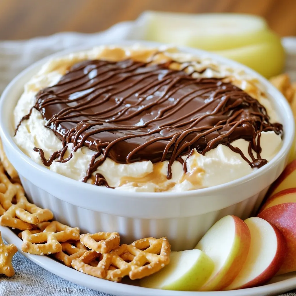 - 1 cup smooth peanut butter - 1 cup cream cheese, softened to room temperature - 1 cup powdered sugar - 1 teaspoon pure vanilla extract - 1 cup semi-sweet chocolate chips - 2 tablespoons coconut oil - Optional dippers: graham crackers, pretzels, apple slices Gather these ingredients before you start. Smooth peanut butter and cream cheese mix well. Softened cream cheese helps create a creamy dip. The powdered sugar adds sweetness. Pure vanilla extract enhances the flavor. The chocolate chips make a rich topping. Coconut oil gives the chocolate a smooth finish. You can use graham crackers, pretzels, or apple slices for dipping. Mixing these ingredients together creates a tasty treat. This dip is great for parties or snacks. You can enjoy it with family and friends. Everyone loves this sweet and creamy delight! {{ingredient_image_2}} - First, combine 1 cup of smooth peanut butter with 1 cup of softened cream cheese. - Next, beat the mixture with an electric mixer. Keep mixing until it is smooth and creamy. This should take about 2 to 3 minutes. - Gradually add 1 cup of powdered sugar to the peanut butter mix. - Then, add 1 teaspoon of pure vanilla extract. - Mix on low speed. You want the dip to be fluffy and light. - In a microwave-safe bowl, put 1 cup of semi-sweet chocolate chips and 2 tablespoons of coconut oil. - Heat these in the microwave for 30 seconds at a time. Stir well between each 30-second interval. - Keep heating until the mixture is completely melted and glossy. - Pour the melted chocolate over the peanut butter layer in your dish. Use a spatula to spread it evenly. - Now, place the dip in the refrigerator. Chill it for at least 30 minutes. This helps the dip firm up for better dipping. To get a creamy mix, use smooth peanut butter. It blends better and gives a silky feel. Choose a good brand with no added sugars. For the cream cheese, ensure it is softened. If it is too cold, it will be hard to mix. Let it sit at room temperature for 30 minutes before you start. This step helps create a smooth and fluffy dip. For a fun look, garnish the dip with crushed peanuts or chocolate shavings. This adds texture and a nice touch. You can also arrange your dippers in a circle around the dip. Use graham crackers, pretzels, or crisp apple slices. This makes it easy for guests to grab and enjoy. Buckeye Dip shines at parties and gatherings. It is great for game nights or holiday celebrations. Pair it with sweet and salty dippers. Graham crackers and pretzels work well together. Apple slices add a fresh crunch. This dip is sure to please everyone at the table! Pro Tips Use Room Temperature Ingredients: Ensuring your cream cheese is at room temperature will help achieve a smooth and creamy dip without lumps. Chocolate Melting Technique: When melting chocolate, always stir between intervals to prevent burning and achieve a smooth consistency. Chill for Best Texture: Allowing the dip to chill for at least 30 minutes will enhance its texture, making it easier to scoop with your dipping items. Customizable Dippers: Feel free to experiment with different dippers like fruit, cookies, or even potato chips for a unique flavor combination! {{image_4}} You can change the texture of your Buckeye Dip by using different kinds of peanut butter. Creamy peanut butter makes a smooth dip. Crunchy peanut butter adds fun bits. Try both to see which one you like best. For the chocolate topping, you can play around with your choices, too. Dark chocolate gives a richer flavor. White chocolate adds sweetness. Each option changes the dip's taste and look, so experiment! If you need gluten-free options, use gluten-free dippers like rice crackers or fresh veggies. They pair well with the dip's rich flavor. For those who want a vegan dip, swap the cream cheese for a plant-based version. You can find many tasty vegan cream cheeses that work great. This keeps the dip creamy while making it fit your needs. Want to make your dip pop? Add a pinch of sea salt to the mix. It brings out the sweetness and balances the flavors. You can also try adding spices like cinnamon. Just a small amount can give your dip a warm, cozy feel. This twist makes your Buckeye Dip even more special for snacks or parties. To keep your Buckeye Dip fresh, use a sealed container. This helps prevent air from getting in. If you don't have a container, cover it tightly with plastic wrap. Proper storage keeps flavors intact. You can store it in the fridge for up to five days. If you want to reheat the chocolate layer, do it gently. Use a microwave and heat in short bursts. Stir often to avoid burning. After refrigeration, the dip can become firm. To bring it back to life, let it sit at room temperature for a few minutes before serving. This helps maintain the creamy texture. Enjoy your dip as a tasty treat! Buckeye Dip is a creamy dessert dip inspired by the famous Buckeye candy. The dip mixes peanut butter, cream cheese, and powdered sugar. It has a rich, sweet taste that many love. You will find it topped with melted chocolate, giving it a nice finish. This dip's origins come from Ohio, where the Buckeye candy was created. The blend of flavors makes it a hit at parties and gatherings. Yes, you can prepare Buckeye Dip ahead of time. Make it a day before your event for the best flavor. Simply follow the recipe and chill it in the fridge. Cover the dip tightly with plastic wrap to keep it fresh. When it’s time to serve, just take it out and enjoy. The flavors will blend beautifully, making it even tastier. You can safely leave Buckeye Dip out for about two hours. After that, it should go back in the fridge. If the room is warm, consider serving it in smaller portions. This way, you can keep the rest chilled. Always keep an eye on it to ensure food safety for your guests. If you need a substitute for cream cheese, try Greek yogurt or silken tofu. Both give a creamy texture without dairy. For a nut-free option, use sunflower seed spread. Each choice will change the flavor slightly, but they work well in the dip. You can enjoy Buckeye Dip even with different dietary needs. In this article, we explored how to make a tasty Buckeye Dip. You learned about the ingredients, easy steps, and tips for the best results. We looked at fun variations to fit different diets and preferences. Remember to store it in a sealed container for freshness. Now, you can impress your friends and family with this creamy treat. Enjoy it at your next get-together! Simple to prepare and fun to eat, Buckeye Dip is always a hit.