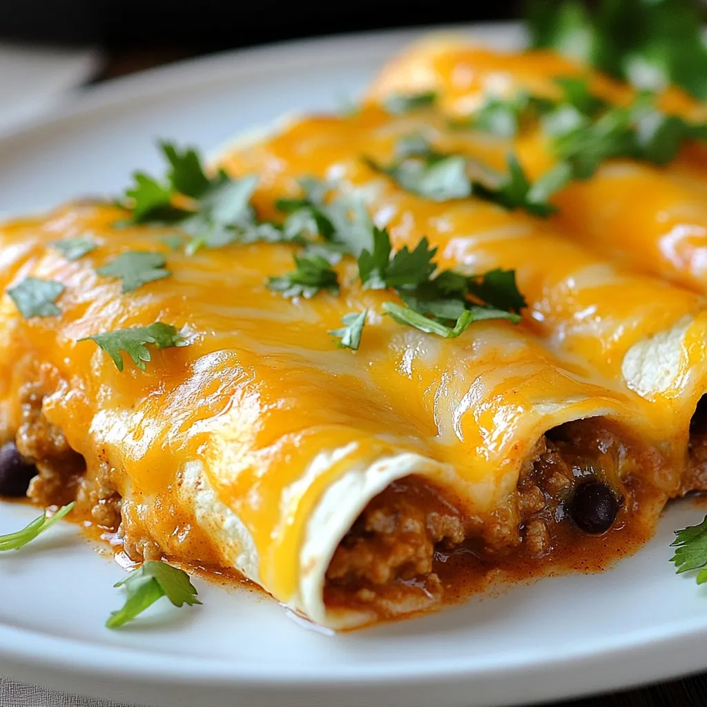 - 1 lb ground beef - 1 small onion, finely chopped - 2 cloves garlic, minced - 1 can (15 oz) black beans, drained and rinsed - 1 can (10 oz) enchilada sauce - 1 teaspoon ground cumin - 1 teaspoon chili powder The ground beef forms the main filling. It gives the enchiladas a hearty taste. Onion and garlic boost the flavor. Black beans add protein and texture. Choose red or green enchilada sauce based on your taste. The cumin and chili powder give warmth and depth. - 8 small flour tortillas - 2 cups shredded cheddar cheese - Fresh cilantro, roughly chopped, for garnish - Sour cream, for serving (optional) Flour tortillas wrap around the beef mixture. They hold everything together. Cheese makes the enchiladas creamy and rich. Cilantro adds a fresh touch, while sour cream cools the dish. - Alternative proteins: You can use ground turkey or chicken instead of beef. - Vegan options: Swap the beef with lentils or tofu. Use vegan cheese for a dairy-free meal. These swaps keep the dish tasty and fun. Adjust based on your diet or what you have on hand. {{ingredient_image_2}} First, preheat your oven to 375°F (190°C). This step is key for baking. While the oven heats, chop one small onion finely. Mince two cloves of garlic. Set these veggies aside for later use. In a large skillet, add a splash of olive oil and heat it over medium heat. Toss in the chopped onion. Sauté the onion for about 3-4 minutes until it is soft and smells great. Stir often to keep it from burning. Add the minced garlic and 1 pound of ground beef next. Use a spatula to break up the beef as it cooks. Brown the beef for about 5-7 minutes until it is no longer pink. Once browned, add one can of drained black beans, 1 teaspoon of ground cumin, and 1 teaspoon of chili powder. Pour in half of the enchilada sauce. Stir well and let it simmer for 2-3 minutes. This helps the flavors mix nicely. Take one small flour tortilla and place about ⅓ cup of the beef mixture in the center. Add 2 tablespoons of shredded cheddar cheese on top. Roll the tortilla tightly and place it seam-side down in a greased baking dish. Repeat this for all tortillas. After filling each one, pour the rest of the enchilada sauce over the rolled tortillas. Make sure they are well coated. Top them with the remaining shredded cheddar cheese for that cheesy finish. Cover the dish with aluminum foil to keep moisture in. Place it in the preheated oven. Bake for 20 minutes. After that, remove the foil and bake for an additional 10 minutes. Look for the cheese to bubble and turn golden brown. After baking, let the enchiladas cool for a few minutes. Garnish with freshly chopped cilantro. Serve with sour cream if you like. - Use pre-cooked or instant ingredients: Save time by using pre-cooked ground beef. You can find it in stores. Canned black beans are also quick and easy. Just rinse and add them to your mixture. - Time-saving shortcuts: Pre-chop your onions and garlic. Store them in the fridge for easy access. Also, consider buying shredded cheese. It melts faster and is ready to go. - Ensuring a gooey cheese topping: Use plenty of cheese for that perfect melt. Layer cheese both inside the tortillas and on top. This creates a delicious, gooey texture. - Avoiding soggy tortillas: To keep your tortillas from getting soggy, warm them before filling. Heat them in a pan or microwave for a few seconds. This softens them and makes rolling easier. - Pairing with sides and toppings: Serve your enchiladas with a side of rice or beans. Fresh salsa or guacamole also adds a nice touch. Don’t forget to include a crisp salad for balance. - Garnishing ideas: Top your enchiladas with fresh cilantro for color. Add a dollop of sour cream for creaminess. Chopped green onions or sliced jalapeños can give extra flavor and crunch. Pro Tips Use Fresh Ingredients: Fresh herbs and spices can elevate the flavor of your enchiladas. Consider using fresh cilantro and garlic instead of dried for a more vibrant taste. Customize Your Filling: Feel free to add other ingredients to the beef mixture, like diced bell peppers or corn, for extra texture and flavor. Make Ahead: You can prepare the enchiladas in advance and store them in the fridge before baking. Just add a few extra minutes to the baking time if baking from cold. Experiment with Cheese: While cheddar is classic, try mixing in other cheeses like Monterey Jack or queso blanco for a unique twist. {{image_4}} When making enchiladas, choose between red or green sauce. Red sauce brings a rich and slightly sweet flavor. Green sauce offers a zesty and vibrant taste. Both options complement ground beef well. You can also add heat! Try jalapeños or hot sauce for an extra kick. Adjust the spice to match your family’s taste. You can make gluten-free enchiladas easily. Use corn tortillas instead of flour ones. They hold up well and taste great. For a vegetarian option, swap the beef for lentils or mushrooms. This change keeps the dish hearty and satisfying. You can still use the same spices and sauces. Get creative with your enchiladas by adding extra veggies! Bell peppers, spinach, or zucchini work well. They add texture and nutrition to the meal. You can also mix different cheeses for a unique flavor. Try pepper jack for a spicy twist or a blend of cheddar and Monterey Jack. These options make your enchiladas stand out and taste amazing! To keep your enchiladas fresh, store them in the fridge. Use an airtight container to lock in moisture. Make sure they cool down first. You can keep them in the fridge for up to three days. For freezing, use freezer-safe containers or heavy-duty foil. These options help prevent freezer burn. Divide enchiladas into single servings for easy reheating later. When it comes to reheating, you have two main choices: microwave or oven. The microwave is quick but may make the tortillas soft. If you want better texture, use the oven. Preheat it to 350°F (175°C) and heat for about 15-20 minutes. To keep flavor and texture, cover your enchiladas with foil while reheating. This keeps them moist and helps the cheese stay gooey. You can freeze enchiladas before or after baking. If freezing before, wrap each one tightly in plastic wrap. Then, put them in a freezer-safe bag. This method allows you to bake them fresh later. If you freeze after baking, let them cool first. Store in a sealed container. To thaw, place in the fridge overnight. Reheat in the oven as mentioned earlier for the best results. Enjoy your delicious enchiladas anytime! To add some kick to your enchiladas, choose spicy enchilada sauce. You can also add chopped jalapeños or diced green chilies to the beef mixture. For a simple boost, sprinkle some cayenne pepper or crushed red pepper flakes in as you cook. If you like heat, taste the mix before you roll it into the tortillas. Adjust the spice to your liking. Yes, you can make these enchiladas ahead of time. Prepare them and store them in the fridge for up to two days. If you want to freeze them, wrap them tightly in foil. You can bake them later. Just thaw them in the fridge overnight before baking. This makes weeknight dinners even easier! Many sides go well with ground beef enchiladas. Try serving them with a fresh salad, Mexican rice, or refried beans. Guacamole or chips with salsa add a nice crunch. For drinks, consider serving a light beer or a refreshing agua fresca. These pairings will make your meal even more enjoyable. You know the enchiladas are done when the cheese is melted and bubbly. The edges should be slightly golden brown. If you insert a knife into the center and it comes out warm, they are ready. Allow them to cool for a few minutes before serving, so the flavors settle and it’s easier to serve. In this article, we discussed how to make delicious Ground Beef Enchiladas. We covered essential ingredients, from ground beef to cheese. I shared step-by-step instructions for preparation and baking. Tips and tricks helped you perfect your dish, while variations showed you how to switch things up. Remember to store leftovers properly and reheat them for great taste. Enjoy your enchiladas, and don’t be afraid to try new flavors! Happy cooking!