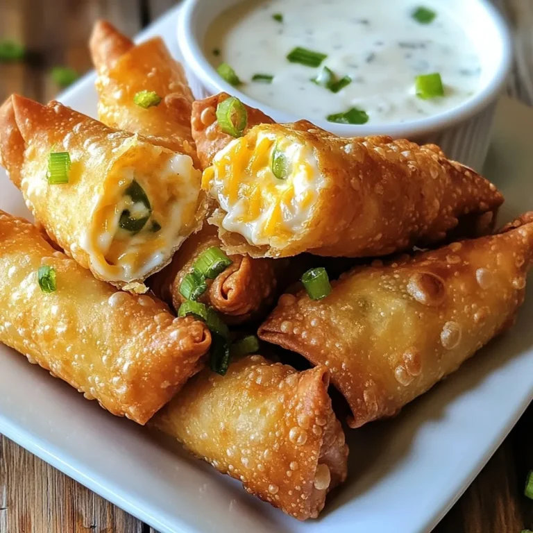 - 1 cup cream cheese - 1 cup shredded sharp cheddar cheese - 1/2 cup jalapeños, finely chopped - 1/4 teaspoon garlic powder - 1/4 teaspoon onion powder - Salt and black pepper, to taste The main flavors in these egg rolls come from the cream cheese and cheddar cheese. Cream cheese gives a rich texture, while sharp cheddar adds a punch. Jalapeños bring heat. You can use fresh or pickled jalapeños based on your taste. Garlic powder and onion powder boost the flavor too. Don't forget to season with salt and black pepper. - Thin wrappers work best. - Look for ones labeled "egg roll" or "spring roll." Egg roll wrappers serve as the base. Choose thin wrappers for a crispy bite. You can find them in most grocery stores. Just check the labels. If they say "egg roll" or "spring roll," you’re good to go. Fresh wrappers are often found in the refrigerated section. - Ranch dressing - Other sauce suggestions: spicy mayo, salsa, or guacamole Dipping sauces add fun to the meal. Ranch dressing is a classic choice. It cools the spice from the jalapeños. You can also try spicy mayo for a kick or salsa for freshness. Guacamole pairs well too! The choice is yours. {{ingredient_image_2}} To make the filling, start with a mixing bowl. Add 1 cup of softened cream cheese and 1 cup of shredded sharp cheddar cheese. Next, stir in 1/2 cup of finely chopped jalapeños, which can be fresh or pickled. This mix gives a nice heat. Then, add 1/4 teaspoon of garlic powder and 1/4 teaspoon of onion powder for extra flavor. Season with salt and black pepper to taste. Mix well until all ingredients blend together smoothly. Now, let’s roll these tasty treats. Lay an egg roll wrapper flat on a clean surface. Make sure one corner points at you. Spoon about 2 tablespoons of your jalapeño cheese mixture onto the center of the wrapper. Fold the bottom corner over the filling snugly. Then, fold in the side corners towards the center. Roll the wrapper tightly away from you. If it feels loose, use a little water on your fingertips to moisten the edges for a better seal. Be careful not to overfill the wrappers, as this can cause them to burst open while frying. It’s also key to roll tightly to keep the filling inside during cooking. Frying is where the magic happens. Heat vegetable oil in a deep pan or pot over medium-high heat. Aim for about 350°F (175°C). You can test the oil by dropping in a small piece of bread; if it sizzles, you’re ready to fry. Carefully place a few egg rolls into the hot oil. Avoid overcrowding the pan, as this can lower the oil temperature. Fry them for about 3-4 minutes, turning occasionally. Look for a golden brown, crispy exterior. Once done, use a slotted spoon to remove the egg rolls. Place them on a plate lined with paper towels to soak up any excess oil. Enjoy them warm! You can serve them with ranch dressing on the side for dipping, if you like. To make these mini jalapeño popper egg rolls truly shine, you can adjust the spice levels. If you like heat, use fresh jalapeños. Their crispness and bite will add a strong kick. If you prefer mild flavors, pickled jalapeños work well. They add tang without too much heat. Mixing both can bring balance and depth to your filling. When frying, oil selection is key. I recommend vegetable oil because it has a high smoke point. This helps the egg rolls fry evenly. Heat the oil to 350°F (175°C) for the best results. If the oil is too cool, the egg rolls will soak up oil and become soggy. If it's too hot, they may burn before cooking through. Fry them for about 3-4 minutes. Keep an eye on them to achieve a golden brown color. Plating your mini jalapeño popper egg rolls can be fun. Arrange them in a circle on a nice plate. This makes for an eye-catching display. Serve with ranch dressing on the side for dipping. The coolness of the ranch pairs well with the heat from the jalapeños. You can also try pairing these egg rolls with a light beer or a fruity soda. They complement the flavors nicely. Pro Tips Use Cold Cream Cheese: For easier mixing, ensure your cream cheese is cold. It will blend more smoothly with the other ingredients. Don’t Overfill: Be careful not to overfill the egg rolls, as this can cause them to burst while frying. Stick to about 2 tablespoons of filling. Test the Oil: Always test the oil temperature with a small piece of bread before frying. It should sizzle when the oil is hot enough. Keep Them Warm: If frying in batches, keep the cooked egg rolls warm in an oven set to low heat while you finish frying the rest. {{image_4}} You can cook mini jalapeño popper egg rolls in two ways: baked or fried. - Fried: Frying gives a crunchy and golden finish. It also creates a savory flavor that many love. - Baked: Baking is a great choice if you want a lighter option. They will not be as crispy, but they still taste good. If you choose to bake, preheat your oven to 425°F (220°C). Place egg rolls on a baking sheet and spray them with oil. Bake for about 20 minutes, flipping halfway. This method cuts down on oil and is healthier. You can easily switch some ingredients to meet your needs. - Dairy-free options: If you want a dairy-free version, use vegan cream cheese and cheese. Many brands offer tasty alternatives. - Vegan alternatives: For a vegan option, skip the cream cheese and cheese. Try adding mashed beans or sautéed mushrooms. They add flavor and texture. You can get creative with flavors in your egg rolls. - Adding proteins: Mix in cooked chicken, bacon bits, or ground turkey. This makes the egg rolls more filling and adds a fun twist. - Incorporating different cheeses: Swap sharp cheddar for pepper jack or mozzarella. Each cheese brings its own flavor and creaminess. Try these variations to make your mini jalapeño popper egg rolls unique and flavorful! To keep your mini jalapeño popper egg rolls fresh, store them in the fridge. Place them in an airtight container. They can last up to three days. If you have more than you can eat, freezing is a great option. Wrap each egg roll tightly in plastic wrap and then in foil. This helps prevent freezer burn. They can last up to three months in the freezer. When it's time to eat your leftovers, reheating is key. For the best crispy texture, use the oven. Preheat your oven to 375°F (190°C). Place the egg rolls on a baking sheet and heat for about 10-15 minutes. This way, you keep them crunchy. You can also use a microwave, but this may make them soft. If you choose the microwave, heat them in short bursts, checking often. These tasty treats can stay fresh for a while. In the fridge, they last about three days. In the freezer, they can last up to three months. Always check for signs of spoilage. If they look dry or have an off smell, it’s best to toss them. Enjoy your mini jalapeño popper egg rolls while they are fresh! Yes, you can prepare the filling ahead of time. Store it in the fridge for up to two days. You can also roll the egg rolls, then freeze them. Just fry them when you're ready. This way, you save time and enjoy a fresh snack. If you want a different wrapper, try spring roll wrappers or wonton wrappers. You can also use rice paper for a gluten-free option. Just keep in mind that cooking times may change based on the wrapper you choose. To reduce heat, use fewer jalapeños. You can also use mild peppers like bell peppers. Another trick is to add more cream cheese or cheddar cheese to balance the spice. You can also mix in some sour cream for extra creaminess. Yes, you can air fry them! Preheat your air fryer to 375°F (190°C). Lightly spray the egg rolls with oil. Place them in the basket in a single layer. Cook for about 10-12 minutes, flipping halfway through. This method gives a crispy texture without frying. Each egg roll has about 130 calories, with 8 grams of fat and 4 grams of protein. The nutritional values may vary based on the brands of ingredients used. Always check labels for accurate information. You now have a clear guide to making awesome jalapeño popper egg rolls. We covered the key ingredients, like cream cheese and jalapeños, and how to choose the right egg roll wrappers. The step-by-step instructions will help you mix, roll, and fry them perfectly. Don’t forget the tips for the crunch and variations to match your taste. With proper storage, you can enjoy these delicious snacks later, too. Get ready to impress your friends and family with your tasty creations!