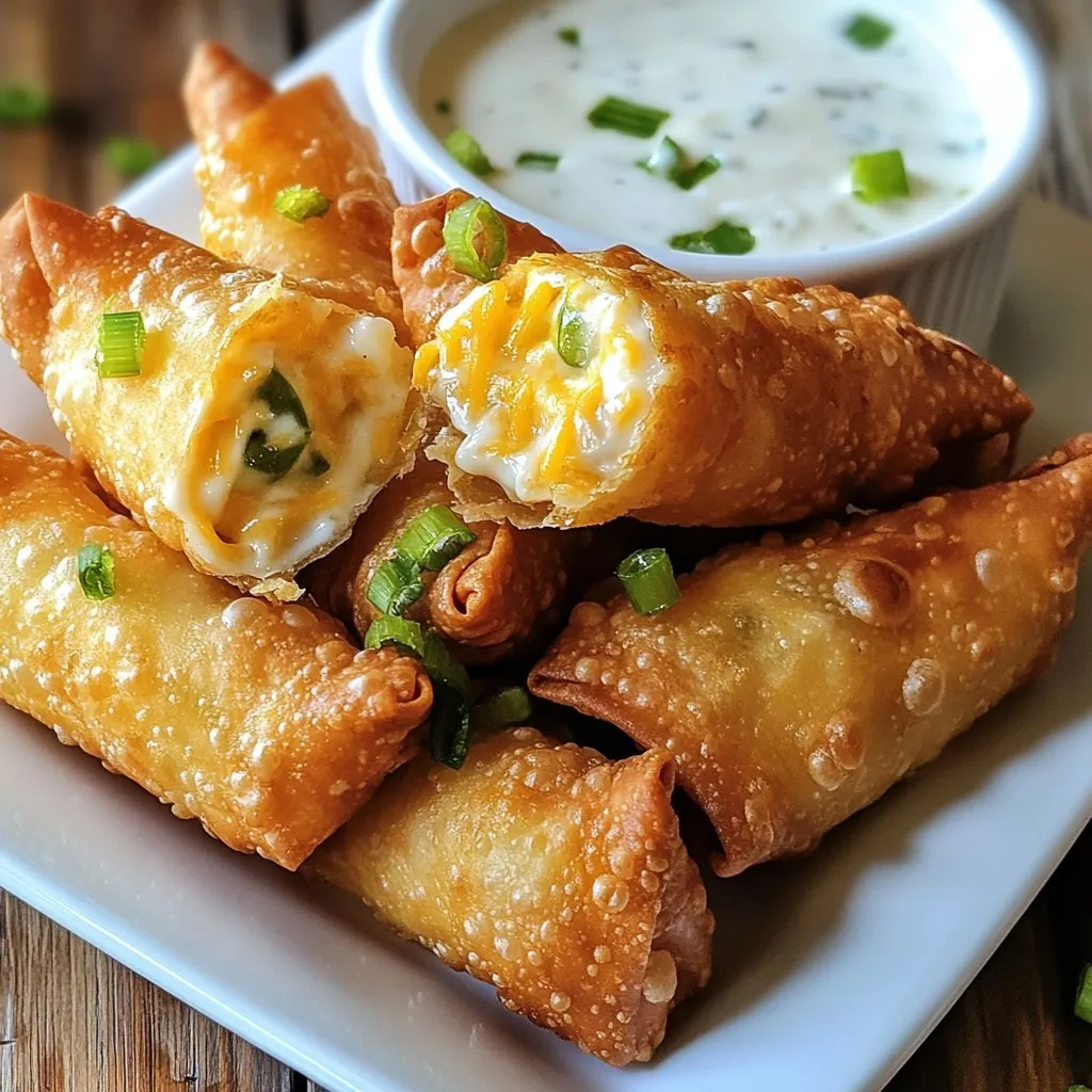 - 1 cup cream cheese - 1 cup shredded sharp cheddar cheese - 1/2 cup jalapeños, finely chopped - 1/4 teaspoon garlic powder - 1/4 teaspoon onion powder - Salt and black pepper, to taste The main flavors in these egg rolls come from the cream cheese and cheddar cheese. Cream cheese gives a rich texture, while sharp cheddar adds a punch. Jalapeños bring heat. You can use fresh or pickled jalapeños based on your taste. Garlic powder and onion powder boost the flavor too. Don't forget to season with salt and black pepper. - Thin wrappers work best. - Look for ones labeled "egg roll" or "spring roll." Egg roll wrappers serve as the base. Choose thin wrappers for a crispy bite. You can find them in most grocery stores. Just check the labels. If they say "egg roll" or "spring roll," you’re good to go. Fresh wrappers are often found in the refrigerated section. - Ranch dressing - Other sauce suggestions: spicy mayo, salsa, or guacamole Dipping sauces add fun to the meal. Ranch dressing is a classic choice. It cools the spice from the jalapeños. You can also try spicy mayo for a kick or salsa for freshness. Guacamole pairs well too! The choice is yours. {{ingredient_image_2}} To make the filling, start with a mixing bowl. Add 1 cup of softened cream cheese and 1 cup of shredded sharp cheddar cheese. Next, stir in 1/2 cup of finely chopped jalapeños, which can be fresh or pickled. This mix gives a nice heat. Then, add 1/4 teaspoon of garlic powder and 1/4 teaspoon of onion powder for extra flavor. Season with salt and black pepper to taste. Mix well until all ingredients blend together smoothly. Now, let’s roll these tasty treats. Lay an egg roll wrapper flat on a clean surface. Make sure one corner points at you. Spoon about 2 tablespoons of your jalapeño cheese mixture onto the center of the wrapper. Fold the bottom corner over the filling snugly. Then, fold in the side corners towards the center. Roll the wrapper tightly away from you. If it feels loose, use a little water on your fingertips to moisten the edges for a better seal. Be careful not to overfill the wrappers, as this can cause them to burst open while frying. It’s also key to roll tightly to keep the filling inside during cooking. Frying is where the magic happens. Heat vegetable oil in a deep pan or pot over medium-high heat. Aim for about 350°F (175°C). You can test the oil by dropping in a small piece of bread; if it sizzles, you’re ready to fry. Carefully place a few egg rolls into the hot oil. Avoid overcrowding the pan, as this can lower the oil temperature. Fry them for about 3-4 minutes, turning occasionally. Look for a golden brown, crispy exterior. Once done, use a slotted spoon to remove the egg rolls. Place them on a plate lined with paper towels to soak up any excess oil. Enjoy them warm! You can serve them with ranch dressing on the side for dipping, if you like. To make these mini jalapeño popper egg rolls truly shine, you can adjust the spice levels. If you like heat, use fresh jalapeños. Their crispness and bite will add a strong kick. If you prefer mild flavors, pickled jalapeños work well. They add tang without too much heat. Mixing both can bring balance and depth to your filling. When frying, oil selection is key. I recommend vegetable oil because it has a high smoke point. This helps the egg rolls fry evenly. Heat the oil to 350°F (175°C) for the best results. If the oil is too cool, the egg rolls will soak up oil and become soggy. If it's too hot, they may burn before cooking through. Fry them for about 3-4 minutes. Keep an eye on them to achieve a golden brown color. Plating your mini jalapeño popper egg rolls can be fun. Arrange them in a circle on a nice plate. This makes for an eye-catching display. Serve with ranch dressing on the side for dipping. The coolness of the ranch pairs well with the heat from the jalapeños. You can also try pairing these egg rolls with a light beer or a fruity soda. They complement the flavors nicely. Pro Tips Use Cold Cream Cheese: For easier mixing, ensure your cream cheese is cold. It will blend more smoothly with the other ingredients. Don’t Overfill: Be careful not to overfill the egg rolls, as this can cause them to burst while frying. Stick to about 2 tablespoons of filling. Test the Oil: Always test the oil temperature with a small piece of bread before frying. It should sizzle when the oil is hot enough. Keep Them Warm: If frying in batches, keep the cooked egg rolls warm in an oven set to low heat while you finish frying the rest. {{image_4}} You can cook mini jalapeño popper egg rolls in two ways: baked or fried. - Fried: Frying gives a crunchy and golden finish. It also creates a savory flavor that many love. - Baked: Baking is a great choice if you want a lighter option. They will not be as crispy, but they still taste good. If you choose to bake, preheat your oven to 425°F (220°C). Place egg rolls on a baking sheet and spray them with oil. Bake for about 20 minutes, flipping halfway. This method cuts down on oil and is healthier. You can easily switch some ingredients to meet your needs. - Dairy-free options: If you want a dairy-free version, use vegan cream cheese and cheese. Many brands offer tasty alternatives. - Vegan alternatives: For a vegan option, skip the cream cheese and cheese. Try adding mashed beans or sautéed mushrooms. They add flavor and texture. You can get creative with flavors in your egg rolls. - Adding proteins: Mix in cooked chicken, bacon bits, or ground turkey. This makes the egg rolls more filling and adds a fun twist. - Incorporating different cheeses: Swap sharp cheddar for pepper jack or mozzarella. Each cheese brings its own flavor and creaminess. Try these variations to make your mini jalapeño popper egg rolls unique and flavorful! To keep your mini jalapeño popper egg rolls fresh, store them in the fridge. Place them in an airtight container. They can last up to three days. If you have more than you can eat, freezing is a great option. Wrap each egg roll tightly in plastic wrap and then in foil. This helps prevent freezer burn. They can last up to three months in the freezer. When it's time to eat your leftovers, reheating is key. For the best crispy texture, use the oven. Preheat your oven to 375°F (190°C). Place the egg rolls on a baking sheet and heat for about 10-15 minutes. This way, you keep them crunchy. You can also use a microwave, but this may make them soft. If you choose the microwave, heat them in short bursts, checking often. These tasty treats can stay fresh for a while. In the fridge, they last about three days. In the freezer, they can last up to three months. Always check for signs of spoilage. If they look dry or have an off smell, it’s best to toss them. Enjoy your mini jalapeño popper egg rolls while they are fresh! Yes, you can prepare the filling ahead of time. Store it in the fridge for up to two days. You can also roll the egg rolls, then freeze them. Just fry them when you're ready. This way, you save time and enjoy a fresh snack. If you want a different wrapper, try spring roll wrappers or wonton wrappers. You can also use rice paper for a gluten-free option. Just keep in mind that cooking times may change based on the wrapper you choose. To reduce heat, use fewer jalapeños. You can also use mild peppers like bell peppers. Another trick is to add more cream cheese or cheddar cheese to balance the spice. You can also mix in some sour cream for extra creaminess. Yes, you can air fry them! Preheat your air fryer to 375°F (190°C). Lightly spray the egg rolls with oil. Place them in the basket in a single layer. Cook for about 10-12 minutes, flipping halfway through. This method gives a crispy texture without frying. Each egg roll has about 130 calories, with 8 grams of fat and 4 grams of protein. The nutritional values may vary based on the brands of ingredients used. Always check labels for accurate information. You now have a clear guide to making awesome jalapeño popper egg rolls. We covered the key ingredients, like cream cheese and jalapeños, and how to choose the right egg roll wrappers. The step-by-step instructions will help you mix, roll, and fry them perfectly. Don’t forget the tips for the crunch and variations to match your taste. With proper storage, you can enjoy these delicious snacks later, too. Get ready to impress your friends and family with your tasty creations!