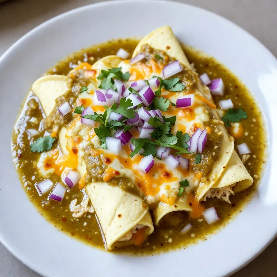 - 2 cups shredded cooked chicken - 1 cup cream cheese, softened - 1 cup shredded sharp cheddar cheese - 8 small corn tortillas - 1 cup green enchilada sauce - 1 cup canned black beans, rinsed - 1 cup corn kernels - 1 teaspoon garlic powder - 1 teaspoon ground cumin - 1/2 cup diced red onion - Fresh cilantro leaves - Sliced jalapeños (optional) The main ingredients are the heart of the dish. I love using shredded cooked chicken from a rotisserie for quick prep. Cream cheese adds rich creaminess, while sharp cheddar gives a nice bite. The tortillas hold everything together, and the enchilada sauce ties it all up with flavor. Next, I add black beans and corn for extra texture and taste. Garlic powder and cumin bring warmth and depth. Finally, the diced red onion adds a little crunch. For garnishes, fresh cilantro brightens the dish. If you like spice, sliced jalapeños make a great topping. These ingredients work together to create a cheesy, flavorful meal everyone will enjoy. {{ingredient_image_2}} First, grab a large bowl. Combine the shredded chicken, cream cheese, and cheddar cheese. Mix in the garlic powder and cumin for flavor. Then add the black beans and corn. Stir well until everything blends together nicely. You want a creamy, tasty filling for your enchiladas. Next, warm the tortillas. Use a dry skillet over medium heat for about 30 seconds on each side. This makes them soft and easy to roll. Take one warm tortilla and spoon some of your chicken mixture into the center. Roll it tightly and place it seam-side down in a greased baking dish. Do this for all tortillas. Once all tortillas are filled, pour the remaining green enchilada sauce over them. Sprinkle any leftover cheese and diced red onion on top. Cover the baking dish with aluminum foil to keep moisture in. Bake in the oven at 375°F (190°C) for 20 minutes. After that, remove the foil and bake for another 10-15 minutes. Look for melted cheese that is bubbly and golden brown. Let them cool for a few minutes before serving. Enjoy the cheesy goodness! To avoid tearing your tortillas, warm them first. Heat them in a dry skillet for about 30 seconds on each side. This makes the tortillas soft and easy to roll. If they are warm, they bend without breaking. For even baking and melting cheese, cover your dish with foil for the first part of baking. This keeps moisture in and helps the cheese melt nicely. Remove the foil in the last 10 to 15 minutes. This allows the cheese to get golden and bubbly. To enhance flavor, serve your cheesy chicken enchiladas with fresh sides. A dollop of sour cream or guacamole adds creaminess. You can also try serving with a side of Mexican rice or a fresh salad. For presentation, use a bright platter to showcase your enchiladas. Garnish with extra cilantro and a lime wedge on the side. This not only looks nice but adds a zesty kick. You can prep these enchiladas in advance. Fill and roll the tortillas, then place them in the baking dish. Cover and store them in the fridge for up to a day before baking. When ready to bake, just add extra time to the cooking. If they are cold, they will need a few more minutes in the oven. To reheat leftovers, use the oven for the best texture. Bake them at 350°F (175°C) until heated through. This keeps them moist and cheesy. Pro Tips Warm the Tortillas: Warming the corn tortillas before filling makes them more pliable and helps prevent them from tearing during the rolling process. Customize Your Fillings: Feel free to add other ingredients like diced bell peppers, spinach, or different types of cheese for a personalized twist on the classic recipe. Make Ahead: Assemble the enchiladas a day in advance and refrigerate them. When ready to bake, just pour the sauce and cheese on top and bake as directed. Garnish Creatively: Add toppings like avocado slices, sour cream, or pico de gallo for extra flavor and a beautiful presentation. {{image_4}} You can switch up the protein in these enchiladas. If you don’t have chicken, try shredded beef or turkey. These meats add a different taste while keeping the dish hearty. For a vegetarian twist, use sautéed mushrooms or jackfruit. Both options give a meaty feel. You can change the sauce from green to red. Red sauce brings a rich, bold taste. If you want a creamier dish, try using white sauce. As for cheese, feel free to mix it up! Use pepper jack for a spicy kick or mozzarella for a gooey texture. Add veggies to boost flavor and nutrition. Bell peppers, spinach, or zucchini work great. You can also sprinkle in spices like chili powder or smoked paprika. For a fun twist, add quinoa or lentils instead of rice. These changes create exciting new flavors while keeping it simple. To store your cheesy chicken enchiladas, let them cool first. Place the leftovers in an airtight container. You can keep them in the fridge for up to four days. This keeps them fresh and tasty. If you want to freeze enchiladas, wrap them tightly in plastic wrap. Then, place them in a freezer-safe bag. They can last for up to three months in the freezer. When you're ready to eat, thaw them in the fridge overnight. To reheat, use an oven for the best results. Set the oven to 350°F (175°C). Cover the enchiladas with foil to keep them moist. Bake for about 20 minutes. This helps avoid dry enchiladas. If you prefer the microwave, heat them in short bursts. Add a splash of water to keep them from drying out. You can use several alternatives for creaminess. Here are some options: - Greek yogurt - Sour cream - Silken tofu - Cashew cream These choices still provide that rich texture. Each option offers a unique flavor. For example, Greek yogurt adds a slight tang, while cashew cream brings a nutty depth. Yes, you can easily make these enchiladas vegetarian. Try these substitutions: - Replace chicken with cooked lentils or black beans. - Use additional veggies like bell peppers or zucchini. - Swap cream cheese with tofu or vegan cream cheese. These changes keep the dish hearty and flavorful without meat. Baking the enchiladas typically takes about 30 to 35 minutes. Preheat your oven to 375°F (190°C). Cover the dish with foil for the first 20 minutes. Then, uncover it to let the cheese get bubbly and golden. Yes, you can prepare these enchiladas in advance. Here’s how: - Assemble the enchiladas and place them in the baking dish. - Cover tightly and store in the fridge for up to 24 hours. - When ready, bake as usual, adding a few extra minutes if cold. This method saves time and makes meal prep easy! In this blog post, we explored making delicious enchiladas with simple steps. You learned about the main ingredients and how to prepare them. We shared tips for perfecting your dish and suggested fun variations. Remember, you can customize your enchiladas to fit your taste. Store leftovers well to keep them fresh. Enjoy your cooking and the flavors that come with it!