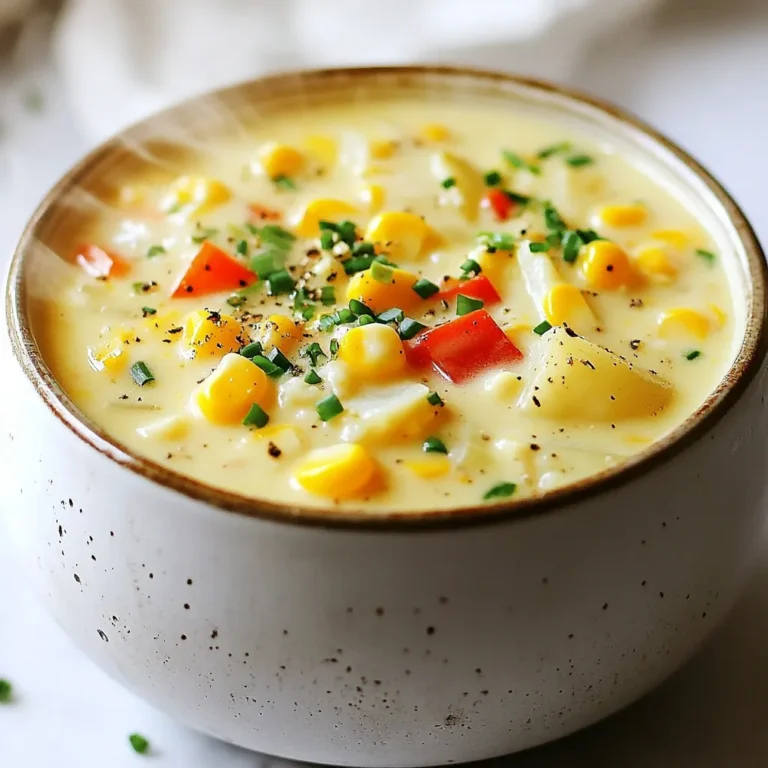 You can use fresh corn or canned corn in this chowder. I love using fresh corn for its sweet, juicy flavor. If you pick fresh corn, you need about 4 cups of kernels. If fresh corn is not available, you can use 2 cans of sweet corn. Just drain them before adding to the chowder. This chowder needs a few fresh veggies to make it hearty. You will need: - 1 medium onion, finely chopped - 2 medium potatoes, peeled and diced - 1 red bell pepper, diced - 3 cloves garlic, minced These vegetables add flavor and texture. The onion brings sweetness. The potatoes make it filling. The bell pepper adds color, and the garlic gives it a nice kick. Herbs and spices bring the chowder to life. For this recipe, you will need: - 1 teaspoon smoked paprika for a deep flavor - 1 tablespoon fresh thyme, chopped (or 1 teaspoon dried thyme) - Salt and freshly ground black pepper to taste Smoked paprika adds a warm, rich taste. Thyme gives it a fresh, earthy note. Be sure to adjust the salt and pepper to match your taste. {{ingredient_image_2}} Start by heating the olive oil in a large pot over medium heat. Once the oil is hot, add the finely chopped onion and sauté for about 3-4 minutes. You want the onion to become soft and clear. This step builds a great flavor base for your chowder. Next, stir in the minced garlic and diced red bell pepper. Cook this mix for 2 minutes until the garlic gives off a nice smell and the bell pepper starts to soften. Then, add the diced potatoes and fresh corn kernels to the pot. Mix everything well to spread the veggies evenly. Pour in the vegetable broth and bring the pot to a boil. Once boiling, lower the heat and let it simmer for 15-20 minutes. You want the potatoes to be soft enough to poke with a fork. After the potatoes are tender, it’s time to blend. Use an immersion blender to puree about half of the soup. This gives a creamy feel while keeping some chunks of corn and potatoes intact. If you don’t have an immersion blender, carefully transfer half to a regular blender. Blend until smooth, then put it back into the pot. After blending, stir in the heavy cream and smoked paprika. Season with salt, pepper, and chopped thyme. Cook for another 5 minutes to let the flavors mix. Enjoy the warm, hearty chowder! You can change the flavor of your chowder easily. To add more depth, try using smoked paprika. It gives a warm, rich taste. If you like spice, a pinch of cayenne pepper works well. Fresh herbs like thyme brighten the dish. You can also use dried thyme if fresh isn’t available. Always taste before serving. Adjust salt and pepper to your liking. The texture of your chowder is key. Use an immersion blender to blend half the soup. This keeps some corn and potato chunks. If you want it creamier, blend more. Make sure to leave some pieces for heartiness. If you prefer a thicker chowder, let it simmer longer. This helps it reduce and thicken naturally. Don’t worry if you don’t have all the ingredients. Canned corn works fine if fresh isn't available. For a dairy-free option, use coconut cream instead of heavy cream. You can swap potatoes for sweet potatoes for a different flavor. If you lack fresh herbs, dried ones work too. Just use less since dried herbs are stronger. Pro Tips Fresh Corn Matters: Using fresh corn kernels will enhance the sweetness and flavor of your chowder compared to canned corn. Texture Variations: For a creamier texture, blend more of the soup, but be sure to leave some chunks for added heartiness. Seasoning Adjustments: Always taste and adjust the seasoning before serving; a pinch of salt can really elevate the flavors. Garnish for Freshness: Fresh herbs like chives or parsley not only add color but also a burst of freshness that complements the chowder beautifully. {{image_4}} To make a vegan version, swap heavy cream for coconut cream. Use vegetable broth to keep it plant-based. This change gives a rich and creamy taste without dairy. You can also add more veggies like carrots or zucchini for extra flavor. For spice, add cayenne pepper to heat things up! This chowder is naturally gluten-free. Just ensure that your vegetable broth has no gluten. You can enjoy this hearty meal without worry. If you want more texture, try adding quinoa or rice. They blend well and make it even more filling. Want to boost protein in your chowder? You can add cooked beans like cannellini or chickpeas. They blend nicely and add a creamy texture. Another option is to add shredded chicken or cooked bacon for a savory kick. These additions make this chowder heartier and more satisfying. After you make creamy corn chowder, let it cool first. Then, store it in an airtight container. Place it in the fridge. It will last for about 3 to 4 days. If you want to keep it longer, consider freezing it. To freeze corn chowder, use a freezer-safe container. Leave some space at the top for expansion. The chowder can stay frozen for 2 to 3 months. When ready to eat, thaw it in the fridge overnight before reheating. When reheating, pour the chowder into a pot. Heat it over medium-low heat, stirring often. This helps prevent sticking and ensures even heating. If the chowder seems thick, add a splash of vegetable broth or water. Heat until it’s hot throughout, and then enjoy! Creamy corn chowder stays fresh in the fridge for about 3 to 4 days. Store it in an airtight container. Always let it cool before sealing. If you notice changes in color or smell, it’s best to toss it out. Yes, you can use frozen corn. In fact, frozen corn is a great option. It’s often picked and frozen at peak sweetness. Just add it straight to the pot without thawing. This makes it easy and quick to prepare your chowder. Corn chowder pairs well with many sides. Here are a few ideas: - Fresh crusty bread for dipping - Grilled cheese sandwiches for a classic combo - A simple green salad for a light touch - Crackers for added crunch These sides enhance the meal and make it even more enjoyable. This blog post covered many tasty tips to make creamy corn chowder. We explored fresh versus canned corn, essential veggies, and key herbs and spices. I shared easy steps to prepare the base, cook the vegetables, and blend it all together for creaminess. You learned how to adjust flavors, perfect the texture, and try different variations. Lastly, I provided storage info and answered common questions. Enjoy cooking this chowder! It’s simple and full of flavor. Feel free to explore and add your own twist. Happy cooking!