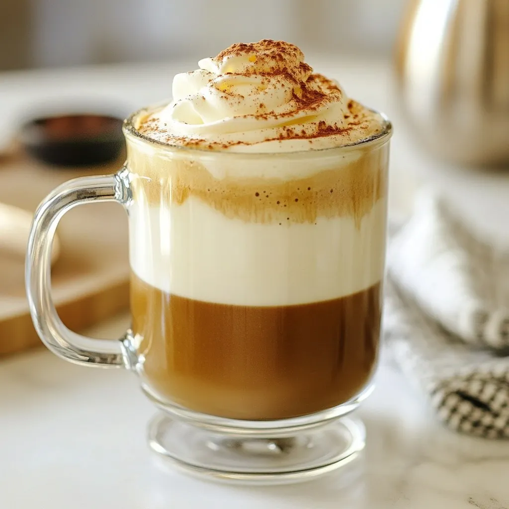 To make a Brown Butter Latte, you need a few key ingredients. Each one adds to the rich and creamy flavor. Here’s what you need: - 1 tablespoon unsalted butter - 1 cup whole milk (or your choice of non-dairy alternative) - 1 shot of espresso (or 1/2 cup of robust brewed coffee) - 1 tablespoon brown sugar (adjust to your sweetness preference) - 1/4 teaspoon ground cinnamon - A pinch of flaky sea salt These ingredients work together to create a cozy drink that warms your soul. The browned butter gives it a nutty taste, while the espresso brings strength. If you prefer non-dairy options, there are many choices. Almond milk, oat milk, or coconut milk make great substitutes for whole milk. Each type adds its unique flavor. For a creamier texture, try using barista versions of these milks. They froth well and blend beautifully with the espresso. Enhance your Brown Butter Latte with some fun toppings. Here are a few ideas: - Whipped cream (for an indulgent topping) - Cocoa powder (for a chocolatey touch) - Additional cinnamon (for extra warmth) Feel free to experiment! A sprinkle of flaky sea salt adds a nice contrast to the sweetness. These choices let you personalize your drink and make it your own. Enjoy crafting your perfect Brown Butter Latte! {{ingredient_image_2}} Start by adding 1 tablespoon of unsalted butter to a small saucepan. Set the heat to medium. Swirl the pan as the butter melts. Keep a close eye on it. In about 5-7 minutes, the butter will turn a golden brown. You will smell its nutty aroma. This is the point where it becomes brown butter. Be careful, as burnt butter tastes bitter. If you see dark bits, strain the butter through a fine mesh sieve. This will give you a smooth texture. While the butter cools, make your coffee. You can use a shot of espresso or 1/2 cup of strong brewed coffee. If you have an espresso machine, use it for the best flavor. If not, brew your favorite strong coffee. The key is to have a rich base for your latte. Once brewed, set it aside. Now it’s time to froth the milk. Use 1 cup of whole milk or your favorite non-dairy alternative. Heat the milk in another saucepan over medium heat. Watch for steam but don’t let it boil. If you have a milk frother, use it to create a thick foam. If you don’t, put the warm milk in a jar. Shake it vigorously with the lid on until frothy. This will give your latte that creamy texture we all love. To make perfect browned butter, start with unsalted butter. This choice lets you control the salt level. Use a small, light-colored saucepan. This will help you see the color change. Melt the butter over medium heat. Stir it gently but often. Keep a close watch; it can go from brown to burnt quickly. Look for a nutty smell and a golden hue. Remove it from heat right away. If needed, strain it to get rid of dark bits. This step gives you a smooth finish. For creamy foam, heat your milk slowly. Use a saucepan or microwave. Watch for steam but don’t let it boil. If you have a milk frother, use it! Froth the milk until it’s thick and fluffy. If you don't have one, shake warm milk in a jar with a lid. This method works too! Pour the frothed milk over your coffee mix gently. This way, you create lovely layers. Use a spoon to hold back the foam until the last. This helps you get that café-style look right at home. You can adjust the sweetness to fit your taste. Start with one tablespoon of brown sugar. If you want it sweeter, add more. Try adding a pinch of ground cinnamon for warmth. Other spices like nutmeg or cardamom can add a fun twist too. If you enjoy flavored lattes, add vanilla extract or a splash of hazelnut syrup. Don't be shy to experiment! Each change can make your Brown Butter Latte unique. Pro Tips Watch the Butter Closely: As the butter melts, keep a close eye on it to ensure it doesn’t burn. The ideal brown butter should have a nutty aroma and a rich golden color. Choose Your Coffee Wisely: For the best flavor, use a high-quality espresso or a strong brewed coffee. The coffee’s robust nature will complement the nutty brown butter beautifully. Experiment with Milk Alternatives: Feel free to use non-dairy milk such as oat milk or almond milk for a different flavor profile. Each alternative will lend a unique taste to your latte. Presentation Matters: Serve your latte in a clear glass mug to showcase the beautiful layers. A sprinkle of cocoa or cinnamon on top adds a delightful finishing touch. {{image_4}} You can enhance your Brown Butter Latte with many fun flavors. Adding a splash of vanilla extract gives a sweet twist. Hazelnut syrup also pairs well, making the drink nutty and rich. For a bold kick, try mixing in some chocolate syrup. You could even add a dash of pumpkin spice to bring in warmth and comfort. Choosing the right milk can change your latte experience. For a nutty flavor, almond milk works great. Oat milk is creamy and frothy, perfect for lattes. Coconut milk adds a tropical touch, making each sip feel like a vacation. Each option provides a unique taste while keeping it smooth and delicious. Seasonal flavors can make your Brown Butter Latte special. In fall, go for apple spice or maple syrup. Winter calls for peppermint or gingerbread flavors. During spring, try adding a splash of lavender or lemon zest for freshness. In summer, a scoop of ice cream can turn this latte into a fun treat. Exploring these variations keeps your drink exciting all year round! Storing leftover browned butter is easy. First, let it cool to room temperature. Then pour it into a clean, airtight container. You can keep it in the fridge for up to two weeks. If you want to store it longer, freeze it in small portions. This way, you can use it whenever you need that nutty flavor. Storing a prepared latte can be tricky. It’s best enjoyed fresh, but if you have leftovers, store it in the fridge. Use a sealed jar or container. It will stay good for up to 24 hours. However, the foam will lose its charm. If you can, drink it right away for the best taste. To reheat your latte, avoid using the microwave if possible. Instead, pour it into a small saucepan. Heat it gently over low heat while stirring. This helps keep the flavors intact. If you want some foam again, froth a bit of milk separately and add it on top. Enjoy your warm, rich latte just like the first sip! A Brown Butter Latte is a rich coffee drink. It blends espresso with nutty brown butter and creamy milk. The added brown sugar and cinnamon give it a sweet kick. This latte is perfect for cozy mornings or afternoon treats. The brown butter adds a unique depth to the drink. You get a warm, toasty flavor that delights your senses. Yes, you can make a Brown Butter Latte dairy-free. Simply replace whole milk with a plant-based option. Almond, oat, or coconut milk all work well. Each gives a different taste and texture. Oat milk froths nicely and adds creaminess. Almond milk brings a light, nutty flavor. You can enjoy this latte without dairy and still love it! A Brown Butter Latte has some health perks. It contains antioxidants from coffee, which help fight free radicals. Cinnamon may support healthy blood sugar levels. The healthy fats in butter can provide energy and fullness. Using whole or non-dairy milk adds calcium and vitamins. Just remember, enjoy it in moderation for the best benefits! This post showed you how to make a tasty brown butter latte step by step. We explored the essential ingredients, like brown butter and coffee. You learned about helpful tips and tricks to get the best flavors and foam. We also discussed cool variations, storage tips, and common questions about the drink. Now you can impress anyone with your new skills. Enjoy making this latte your own, and have fun experimenting with flavors!