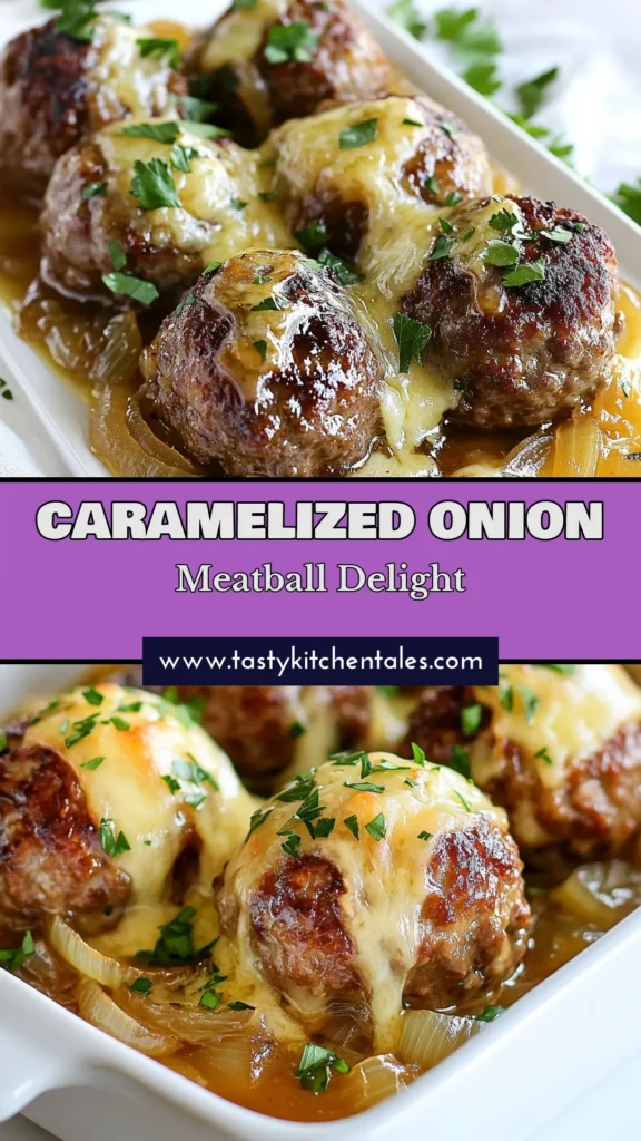 Indulge in these flavorful French onion meatballs made with a delicious mix of ground beef and pork meatballs. With caramelized onions and melted Gruyere cheese, this savory meatball dish is perfect for any occasion. Easy to prepare, these meatballs bring together the rich flavors of caramelized onion recipes and creamy cheese. Try this recipe now and elevate your dinner game! Save for later! #FrenchOnionMeatballs #GroundBeefAndPorkMeatballs #CaramelizedOnionRecipes #SavoryMeatballDishes