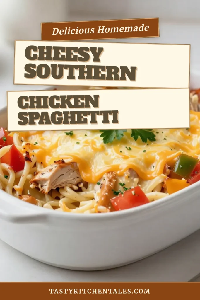Indulge in the comforting flavors of Southern chicken casserole with this easy chicken spaghetti recipe. This creamy chicken casserole features shredded rotisserie chicken spaghetti, al dente noodles, and a cheesy topping that's perfect for family dinners. Bake this delicious baked spaghetti casserole for a satisfying meal that’s ready in just 50 minutes. Save this recipe now and enjoy an effortless weeknight dinner! #SouthernCooking #CasseroleRecipes #ComfortFood #EasyDinnerIdeas