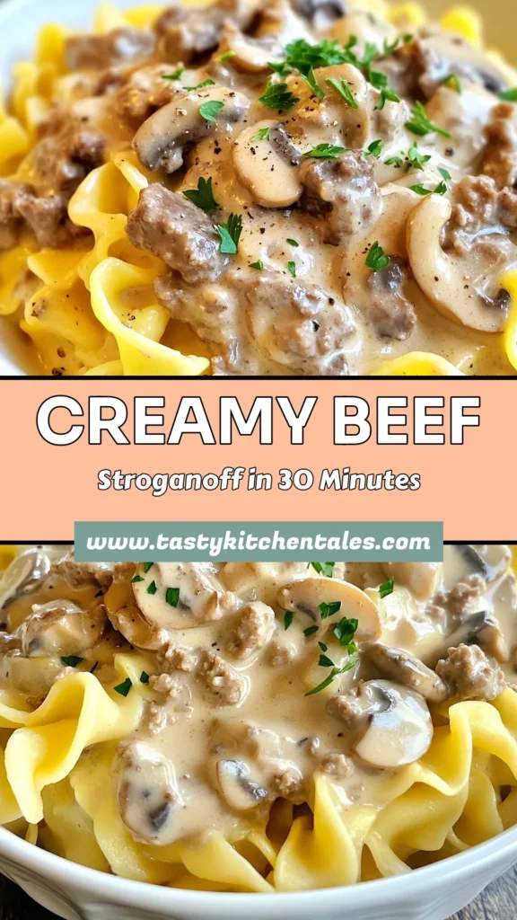 Discover the delight of a Creamy Ground Beef Stroganoff with this easy beef stroganoff recipe! Perfect for quick dinner ideas, this dish features tender ground beef and a rich creamy mushroom sauce. With straightforward steps and ingredients, you can whip up a comforting meal in just 30 minutes. Try it tonight and satisfy your cravings! Save this recipe for delicious ground beef recipes. #BeefStroganoff #QuickDinnerIdeas #GroundBeefRecipes #CreamyMushroomSauce
