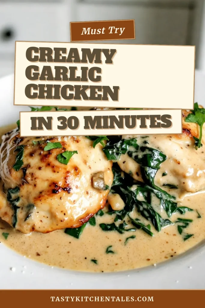 Discover the ultimate creamy garlic chicken recipe that will elevate your next easy garlic chicken dinner. With tender chicken breast, fresh spinach, and rich cream, this chicken with spinach and cream dish is perfect for any night. Enjoy the flavors of parmesan garlic chicken in just 30 minutes with this quick chicken breast recipe. Save this post for a delicious meal that will impress! #CreamyGarlicChicken #EasyDinner #ChickenRecipes #CookingIdeas