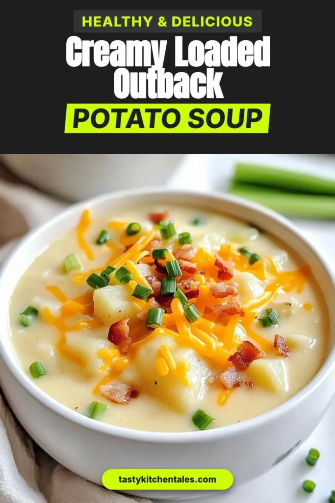 Discover this delicious loaded potato soup recipe inspired by Outback's famous dish! Packed with creamy potato soup with cheese, savory turkey bacon, and fresh veggies, this easy potato soup with bacon is both hearty and comforting. With simple Outback potato soup ingredients like russet potatoes and sharp cheddar, you can whip up a bowl in just one hour. Try it today and savor the warmth! Save this recipe for later! #PotatoSoup #ComfortFood #EasyRecipes #SoupSeason