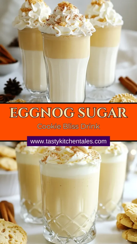 Indulge in the festive spirit with this delightful sugar cookie eggnog recipe! Perfect for holiday gatherings, this creamy eggnog dessert combines rich eggnog with vanilla almond milk for a unique twist. This easy eggnog cocktail is garnished with whipped cream and crushed sugar cookies, making it a must-try holiday eggnog drink. Discover how to elevate your celebrations with this innovative festive drink. Save this recipe for your holiday festivities! #EggnogRecipe #HolidayCocktails #FestiveDrinks #SugarCookies