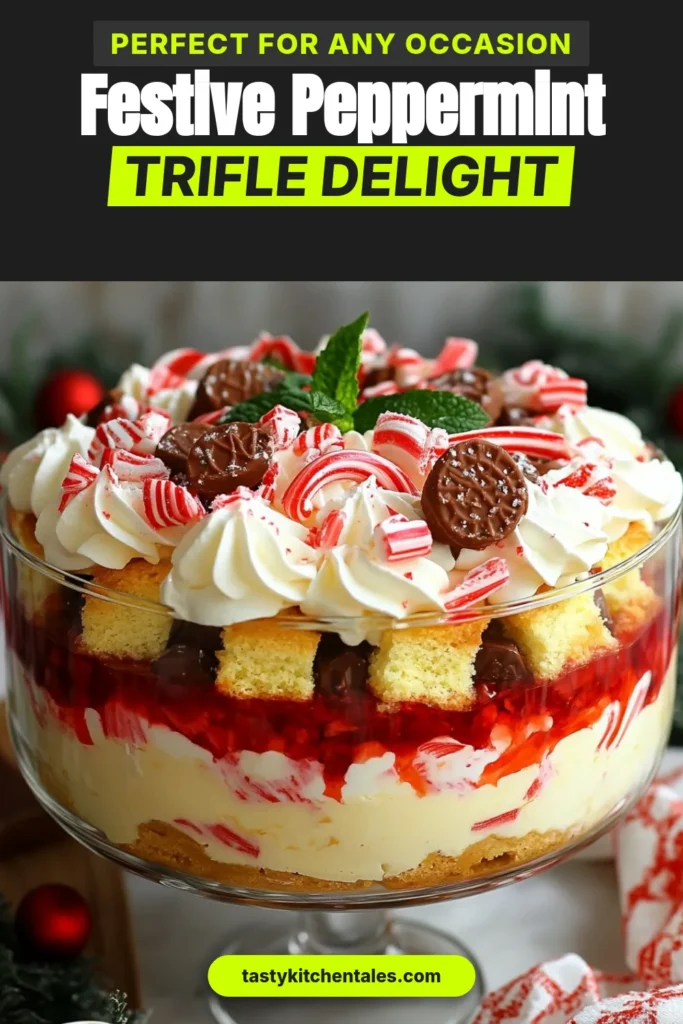 Indulge in the festive delight of this Peppermint Christmas Trifle, the ultimate holiday dessert recipe perfect for your celebrations. This no-bake Christmas dessert layers delicious peppermint sponge cake, creamy vanilla pudding, and whipped cream, topped with crushed peppermint candies and chocolate cookies. Impress your guests and elevate your holiday gatherings with this easy, festive trifle recipe! Save this Peppermint dessert idea for your next event! #PeppermintChristmasTrifle #HolidayDessert #FestiveTrifle #NoBakeDessert