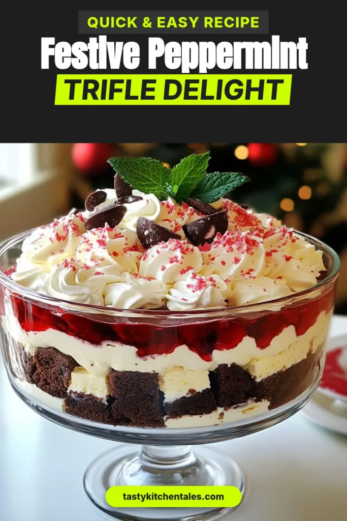 Indulge in the flavors of the season with this irresistible Peppermint Christmas Trifle. Perfect for your holiday gatherings, this no-bake Christmas dessert combines layers of rich chocolate cake, creamy vanilla pudding, and fluffy peppermint whipped topping. It’s an easy festive dessert recipe that will impress your guests. Don’t miss out on this chocolate peppermint trifle—pin it now and make your holidays sweeter! #PeppermintChristmasTrifle #HolidayDesserts #NoBakeChristmas #FestiveRecipes