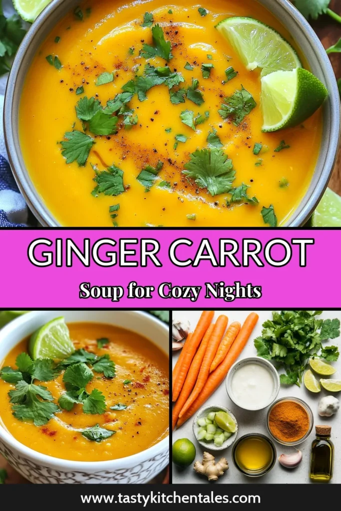 Savor the goodness of Carrot Ginger Soup, a healthy coconut milk soup recipe packed with flavor and nutrients! This vegan ginger carrot soup combines carrots, fresh ginger, turmeric, and coconut milk for a creamy delight. Perfect for a cozy night in or meal prep, it’s an easy way to incorporate more veggies into your diet. Try this Turmeric Carrot Ginger Soup today and enjoy a burst of vibrant flavors! Pin for later! #CarrotGingerSoup #VeganRecipes #HealthyEating #SoupLovers