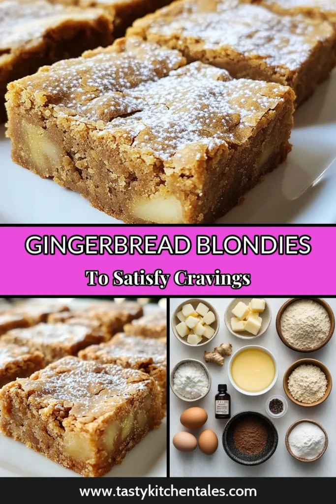 Indulge in this easy gingerbread dessert with our delicious gingerbread blondies recipe! These chewy blondies with ginger are perfect for holiday baking. Enhanced with white chocolate, they deliver a festive flavor that everyone will love. Whether you make them for gatherings or cozy nights at home, these white chocolate gingerbread blondies are sure to impress. Save this recipe for your next holiday baking adventure! #GingerbreadBlondies #HolidayBaking #EasyDesserts #BakingRecipes