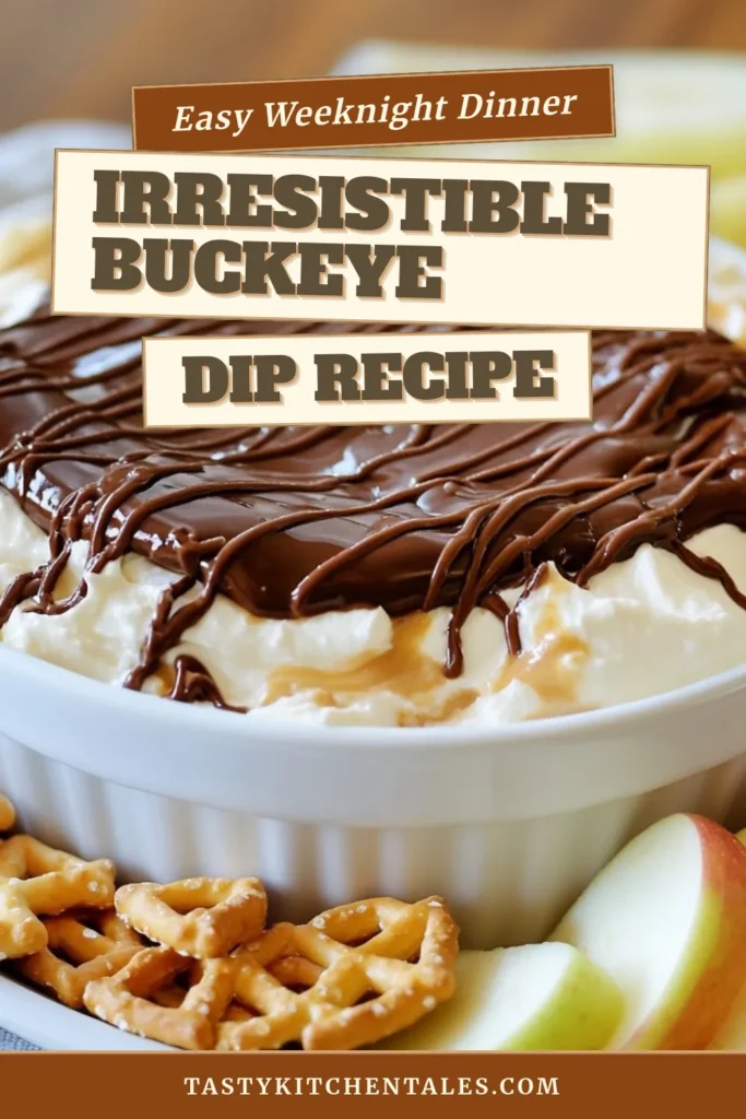 Looking for an easy party dip recipe? Try this delicious Buckeye dip recipe that's perfect for any gathering! This peanut butter dessert dip combines creamy peanut butter and cream cheese with a rich chocolate topping, creating a delightful no bake dessert dip. Serve it with graham crackers, pretzels, or apple slices for the ultimate treat. Save this chocolate peanut butter dip for your next event! #BuckeyeDip #PeanutButterDessert #NoBakeDip #EasyPartyDip