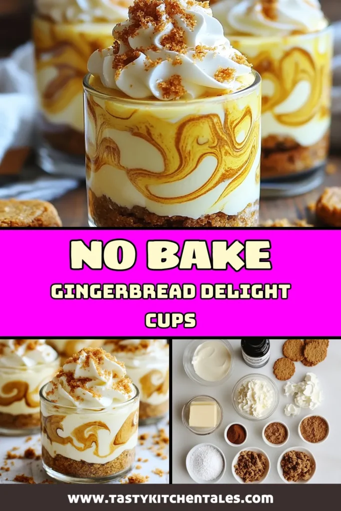 Indulge in the festive spirit with these delightful no-bake gingerbread cheesecake cups! This easy gingerbread recipe combines a crunchy gingersnap crust dessert with a creamy, spiced cheesecake filling, perfect for holiday gatherings. Whip up these holiday cheesecake cups in just 20 minutes and impress your guests. Save this recipe for your next holiday celebration! #NoBakeGingerbreadCheesecake #FestiveDessertCups #HolidayCheesecakeCups #EasyGingerbreadRecipe