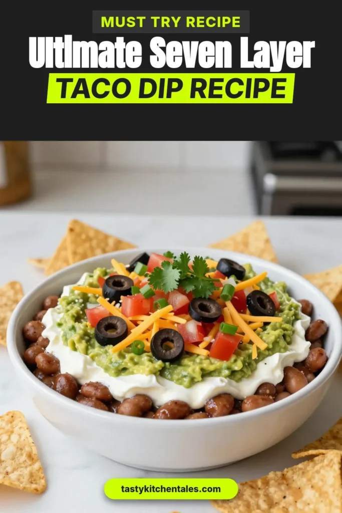Looking for a crowd-pleasing appetizer? Check out this Fiesta Seven Layer Taco Dip, an easy taco dip recipe perfect for any gathering! With layers of flavor from refried beans, guacamole, salsa, and cheese, it’s a hit in party dip recipes. Discover the simple seven layer dip ingredients and impress your guests. Don’t miss out on making this delicious Tex-Mex appetizer for your next fiesta. Save this recipe now! #TacoDip #PartyAppetizers #TexMex #SevenLayerDip