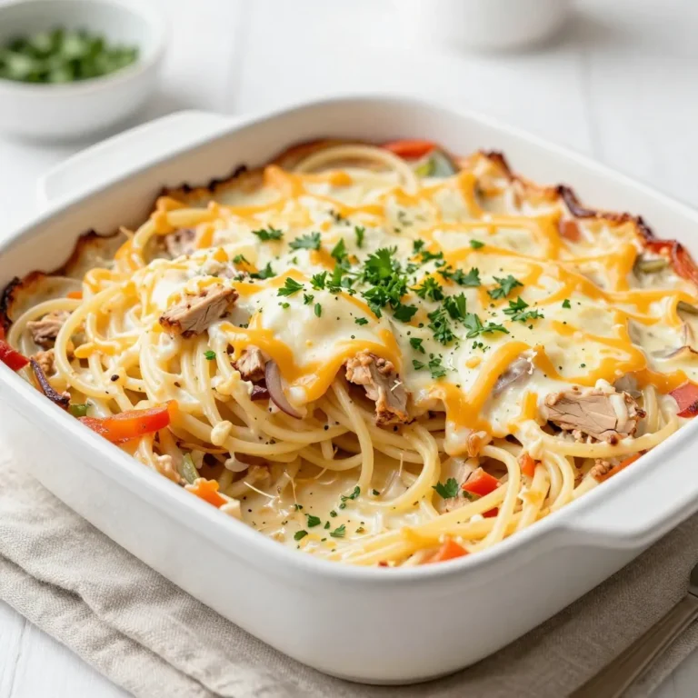 For the Creamy Southern Spaghetti Bake, gather these key ingredients: - 8 ounces spaghetti - 1 tablespoon olive oil - 1 medium onion, finely diced - 2 cloves garlic, minced - 1 bell pepper, diced (choose your favorite color) - 1 pound ground chicken or turkey - 1 can (14.5 ounces) diced tomatoes, drained of excess liquid - 1 cup heavy cream - 1 cup shredded sharp cheddar cheese - 1 cup shredded mozzarella cheese - 1 teaspoon Italian seasoning - 1/2 teaspoon red pepper flakes (optional for heat) - Salt and freshly cracked black pepper to taste - Fresh parsley, chopped (for garnish) Each ingredient plays a vital role. The spaghetti acts as the base and holds the sauce. Olive oil adds a nice flavor and helps cook the veggies. Onion, garlic, and bell pepper create a tasty mix that enhances the dish. Ground chicken or turkey gives the bake its protein. Diced tomatoes bring freshness and moisture. Heavy cream makes the dish rich and creamy while the cheeses add a melty, cheesy layer on top. Seasonings like Italian seasoning and red pepper flakes give it a little kick. Finally, salt and black pepper help balance the flavors. Don’t forget the fresh parsley for a pop of color and freshness when you serve! {{ingredient_image_2}} First, bring a large pot of water to a boil. Add 8 ounces of spaghetti. Cook it until it is al dente. This usually takes about 8-10 minutes. Once done, drain the spaghetti in a colander and set it aside. While the pasta cooks, heat 1 tablespoon of olive oil in a large skillet over medium heat. Add 1 medium onion, finely diced. Sauté the onion until it turns soft and clear, about 3-4 minutes. Next, add 2 cloves of minced garlic and 1 diced bell pepper. Stir and cook for another 2-3 minutes. Now, add 1 pound of ground chicken or turkey to the skillet. Use a wooden spoon to break it apart. Cook until the meat is browned and no longer pink, which takes about 5-7 minutes. Once the meat and veggies are ready, mix in 1 can of drained diced tomatoes. Add 1 teaspoon of Italian seasoning and 1/2 teaspoon of red pepper flakes, if you like some heat. Season with salt and freshly cracked black pepper to taste. Cook this mixture for an extra 2-3 minutes to blend the flavors well. In a large mixing bowl, combine the cooked spaghetti with 1 cup of heavy cream. Add half of the shredded cheddar cheese and half of the shredded mozzarella cheese. Toss everything together so that the spaghetti gets a good coating of the cream and cheese. Gently fold the sautéed meat and vegetable mixture into the spaghetti. Make sure it's evenly mixed throughout. Now, pour the combined spaghetti mixture into a well-greased 9x13 inch baking dish. Spread it out evenly. Top the dish with the remaining cheddar and mozzarella cheeses for a nice cheesy finish. Place the baking dish in your preheated oven at 350°F (175°C). Bake for 20-25 minutes until the cheese is melted and bubbling. Once baked, take it out of the oven. Let it cool for about 5 minutes before serving. To make your creamy southern spaghetti bake shine, focus on the flavor. Adjusting seasoning is key. Start with salt and black pepper. Taste as you go. If you like heat, add red pepper flakes. The spice brings warmth without overpowering. For creaminess, heavy cream is your best friend. Mix it well with the spaghetti. This will coat every noodle. If it's too thick, add a touch of pasta water. This keeps it rich but not too heavy. Serve your spaghetti bake hot from the oven. A sprinkle of fresh parsley adds color and freshness. You might also try a side salad for crunch. Garlic bread pairs nicely for a full meal. One common mistake is overcooking the pasta. Cook it al dente, so it holds up in the bake. This keeps each bite firm. Another pitfall is overdoing the cheese. Too much can make it greasy. Stick to the recipe's cheese amounts for the best texture. Pro Tips Use Leftover Vegetables: Feel free to add any leftover vegetables you have on hand, such as zucchini or spinach, to enhance the dish's nutrition and flavor. Make It Ahead: This spaghetti bake can be prepared in advance and stored in the refrigerator. Just cover it tightly and bake when ready! Cheese Variations: Experiment with different cheese combinations! Try adding pepper jack for a spicy kick or gouda for a smoky flavor. Garnish for Flavor: Add fresh herbs like basil or oregano as a garnish for an extra burst of flavor and a beautiful presentation. {{image_4}} You can change up the recipe with different proteins. Ground beef works great instead of chicken or turkey. If you prefer a plant-based option, use crumbled tofu or lentils for a hearty twist. For those avoiding dairy, you can easily swap the heavy cream for coconut cream. Use a dairy-free cheese blend to keep it cheesy. If you're gluten-free, choose gluten-free pasta for a perfect fit. To boost flavor, add veggies like spinach or zucchini. They add color and nutrition to your dish. Sauté them with the onion and bell pepper for a tasty mix. You can also try new seasonings. Add a pinch of paprika for a smoky taste or a dash of Worcestershire sauce for depth. If you love a kick, mix in some hot sauce for extra heat. These tweaks can make your creamy Southern spaghetti bake even more delicious! Store any leftover Creamy Southern Spaghetti Bake in an airtight container. This keeps it fresh and tasty. Place the dish in the fridge right after it cools down. Proper storage helps prevent spoilage. You can enjoy it for up to 3-4 days. Make sure to check for any signs of spoilage before eating. If you want to keep your spaghetti bake longer, freezing is a great option. You can freeze it before or after baking. For best results, wrap the dish tightly in plastic wrap and then in aluminum foil. This helps prevent freezer burn. When you're ready to eat, thaw it in the fridge overnight. Reheat it in the oven at 350°F (175°C) until hot throughout. This usually takes about 25-30 minutes. Enjoying homemade comfort food has never been easier! Yes, you can prepare this dish ahead of time. Just follow the recipe until you layer the ingredients in the baking dish. Cover it with plastic wrap and store it in the fridge. When you are ready to bake, remove the wrap and cook it as directed. This method keeps the flavors fresh. You can also freeze it for later. Just thaw it in the fridge before baking. This meal pairs well with salad and bread. A simple green salad adds crunch. You can also serve garlic bread for a tasty side. If you want something warm, consider a vegetable soup. These sides balance the creamy pasta dish and round out your meal. To keep leftovers fresh, let the dish cool first. Then, cover it tightly with foil or plastic wrap. You can also use an airtight container. Store it in the fridge for up to three days. For longer storage, freeze it. Just remember to reheat it thoroughly before serving. Yes, you can use non-dairy cheese in this recipe. Look for brands that melt well. They work great in baked dishes. However, the taste may differ from traditional cheese. Try a few brands to find your favorite. This option is perfect for those who are lactose intolerant or prefer plant-based diets. This blog post covered how to make a delicious Creamy Southern Spaghetti Bake. We went over all the ingredients, from spaghetti to cheeses, and detailed step-by-step instructions. Tips for perfecting the dish and serving ideas also came up. I shared common mistakes to help ensure your bake turns out great. Remember, you can customize this recipe with different proteins or veggies. With proper storage, your leftovers can stay fresh and tasty. Enjoy making this dish and sharing it with others!