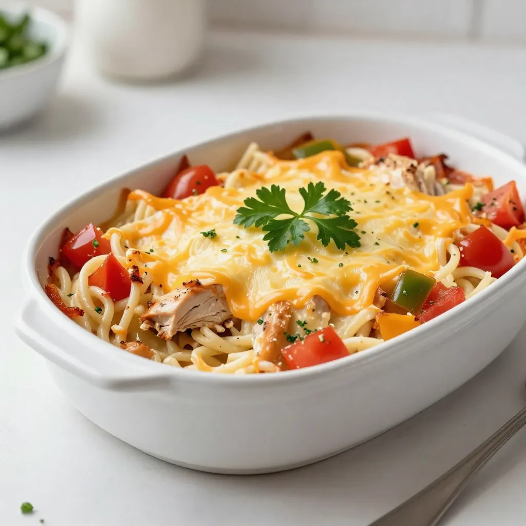 - 2 cups cooked spaghetti - 2 cups shredded rotisserie chicken - 1 can (10.5 oz) cream of chicken soup - 1 cup chicken broth - 1 cup shredded sharp cheddar cheese - 1 cup diced tomatoes with green chilies - 1 small onion, finely chopped - 1 bell pepper, chopped - 2 cloves garlic, minced - 1 teaspoon onion powder - 1 teaspoon garlic powder - 1 teaspoon paprika - Salt and pepper to taste - 1 tablespoon olive oil - Fresh parsley for garnish This dish starts with cooked spaghetti, which gives it a solid base. The rotisserie chicken makes it easy and adds great flavor. Cream of chicken soup brings creaminess, while chicken broth keeps it moist. The diced tomatoes with green chilies add a nice kick. Onions and bell peppers provide sweetness and crunch. Garlic gives it a rich taste. I love using onion powder, garlic powder, and paprika to elevate the flavor. A bit of olive oil helps to sauté the veggies. Finally, fresh parsley is a lovely touch for color and freshness. Each ingredient plays a vital role in making this casserole a warm and comforting dish. {{ingredient_image_2}} 1. Start by preheating your oven to 350°F (175°C). This makes sure your casserole cooks evenly. 2. In a large skillet, heat 1 tablespoon of olive oil over medium heat. 3. Add 1 small finely chopped onion, 1 bell pepper (your choice of color), and 2 cloves of minced garlic. 4. Sauté the mixture for about 5 to 7 minutes. You want them to be soft and fragrant. 1. Grab a big mixing bowl. Combine 2 cups of cooked spaghetti and 2 cups of shredded rotisserie chicken. 2. Add 1 can of cream of chicken soup and 1 cup of low-sodium chicken broth. 3. Toss in 1 cup of canned diced tomatoes with green chilies and the sautéed veggies. 4. Sprinkle in 1 teaspoon each of onion powder, garlic powder, and smoked paprika. Season with salt and pepper to taste. 5. Mix all the ingredients thoroughly. Make sure everything is evenly coated with the sauce. 1. Lightly grease a 9x13 inch casserole dish to prevent sticking. 2. Pour the mixture into the dish, spreading it out flat. 3. Sprinkle 1 cup of shredded sharp cheddar cheese over the top. Make sure it's covered well. 4. Place the dish in the preheated oven and bake for 30 to 35 minutes. Check for bubbling and a golden cheese top. 5. When done, take it out and let it cool for about 5 minutes. Garnish with fresh parsley before serving. How to cook spaghetti al dente Cooking spaghetti al dente means it’s firm to the bite. Start with a large pot of boiling water. Add a pinch of salt to enhance the pasta's flavor. Cook the spaghetti for about 8-10 minutes, checking it a minute or two before the package time. Taste a strand to see if it’s ready. It should not be mushy but have a slight bite. Drain it quickly and rinse it under cold water to stop the cooking process. This step is key to a perfect casserole. Importance of sautéing vegetables properly Sautéing vegetables unlocks their flavors. Heat a skillet over medium heat and add olive oil. Once hot, toss in onions, bell peppers, and garlic. Stir them for about 5-7 minutes until they look soft and smell great. This step adds depth to your casserole. If they brown a bit, that’s even better! It gives the dish a rich, savory taste. Suggestions for additional seasonings You can adjust the flavor to your taste. Try adding a pinch of cayenne pepper for heat. A dash of Italian seasoning can also brighten the dish. If you love herbs, fresh thyme or oregano works well too. Seasoning is a personal touch, so feel free to experiment until you find your perfect blend. Using different types of cheese Cheese makes everything better! While sharp cheddar is classic, try gouda for a smokier taste or mozzarella for extra stretch. You can mix cheeses too for a unique flavor. Just remember, the more cheese, the creamier the casserole. Best sides to pair with the casserole This casserole pairs wonderfully with sides. A crisp green salad adds freshness. Warm garlic bread is perfect for soaking up the sauce. You could also serve it with steamed vegetables for color and crunch. These sides balance the richness of the casserole. How to present the dish beautifully Presentation matters! Serve the casserole straight from the dish. Top it with freshly chopped parsley for a pop of green. You can also add a sprinkle of cheese on top for visual appeal. Use a colorful plate to make the dish stand out at your table. A beautiful presentation makes every meal feel special. Pro Tips Use Quality Chicken: Opt for a high-quality rotisserie chicken for the best flavor and tenderness. It saves time and adds a rich taste to the casserole. Customize Your Veggies: Feel free to add or substitute other vegetables like zucchini or mushrooms to suit your taste or what's in season. Make Ahead: This casserole can be prepared in advance. Assemble it, cover, and refrigerate for up to 24 hours before baking; just add a few extra minutes to the cooking time. Leftovers Storage: Store any leftovers in an airtight container in the refrigerator for up to 3 days. Reheat in the oven for best results. {{image_4}} You can make this dish lighter by using whole wheat spaghetti. Whole wheat adds fiber and nutrients. It also keeps you feeling full longer. For the cream of chicken soup, try low-fat alternatives. Look for brands with less fat and sodium. You can even make your own from scratch for better health. If you'd like a meat-free option, replace the chicken with plant-based proteins. Try using tofu or chickpeas for a great texture. Make sure to use a vegetarian-friendly broth instead of chicken broth. This keeps the flavor rich while staying meat-free. If you love heat, add jalapeños or a splash of hot sauce. This gives your casserole a fun kick. You can also experiment with different types of peppers. Bell peppers add sweetness, while serrano or habanero bring more spice. Adjust the heat to suit your taste! To store your casserole in the fridge, let it cool first. Cover it tightly with foil or plastic wrap. This keeps it fresh and saves moisture. You can also transfer it to an airtight container. The expected shelf life is about 3 to 5 days. After that, the flavors may fade and the texture may change. If you want to freeze your casserole, allow it to cool completely. Then, cut it into portions for easy serving. Wrap each portion in plastic wrap and then in foil. This double layer prevents freezer burn. It’s best to eat frozen casserole within 2 to 3 months for the best taste. For reheating, move the casserole from the freezer to the fridge a day before. This helps it thaw slowly and keeps it tasty. You can also bake it straight from the freezer, but it will need more time in the oven. When reheating, use the oven for the best results. Preheat your oven to 350°F (175°C). Place the casserole in an oven-safe dish and cover it with foil. Bake for about 20 to 30 minutes until it's hot. If you're in a hurry, you can use the microwave. Place a portion in a microwave-safe dish and cover it. Heat in short bursts, stirring in between. This helps it heat evenly. To keep your casserole moist, add a splash of chicken broth before reheating. This will keep it from drying out. Yes, you can use uncooked chicken. Just ensure it cooks fully. To do this, cut the chicken into small pieces. Sauté them in the skillet before adding the other ingredients. This way, the chicken will be tender and flavorful. Cooking the chicken first helps blend its taste with the other ingredients. It also ensures food safety, as raw chicken needs to reach 165°F (75°C). To prepare this casserole ahead of time, follow these steps: - Cook the spaghetti and sauté the veggies. - Mix all ingredients, except for the cheese, in a bowl. - Place the mixture in a greased casserole dish. - Cover it tightly with plastic wrap or foil. - Store it in the fridge for up to 24 hours. When ready, preheat your oven to 350°F (175°C) and add the cheese on top. Bake for 30-35 minutes until bubbly and golden brown. This method saves time and makes for an easy dinner. You can substitute cream of chicken soup with several alternatives. Here are a few options: - Cream of mushroom soup: This adds a nice earthy flavor. - Homemade white sauce: Mix butter, flour, milk, and chicken broth for a creamy base. - Greek yogurt: This gives a tangy taste and adds protein. These options change the flavor slightly but still work well in the casserole. Choose what best suits your taste and pantry. This casserole recipe combines tasty ingredients like spaghetti, chicken, and cheese. I shared steps to make it, from prepping to baking. You can add your twist with spices or cheese. There are also tips for storage and reheating leftovers. This dish is versatile for all, including vegetarians. Use the ideas in this post to make a warm meal for friends. Enjoy creating a comforting dish that suits your taste preferences!