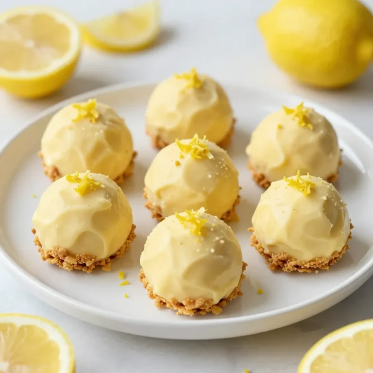 - 1 cup cream cheese, softened to room temperature - 1/4 cup unsalted butter, softened - 1/2 cup powdered sugar, sifted - 2 tablespoons fresh lemon zest - 1 tablespoon freshly squeezed lemon juice - 1 teaspoon pure vanilla extract - 1 cup white chocolate chips - 1/2 cup crushed graham crackers or digestive biscuits - Extra lemon zest for garnish - Electric mixer - Microwave-safe bowl - Cookie scoop or hands - Baking sheet Bright Lemon Truffles start with some simple ingredients. Cream cheese gives them a smooth base. The unsalted butter adds richness. Powdered sugar sweetens the truffles, while fresh lemon zest and juice add a bright twist. Vanilla extract adds depth to the flavor. You will also need white chocolate chips. They give the truffles a creamy coating. The crushed graham crackers or digestive biscuits serve as a crunchy outer layer. Don’t forget the extra lemon zest for a lovely garnish! For equipment, an electric mixer makes blending easy. A microwave-safe bowl works best for melting the chocolate. A cookie scoop helps shape the truffles perfectly. Finally, a baking sheet is needed to chill the truffles before serving. These ingredients and tools help you create a delightful treat that shines with lemony goodness! {{ingredient_image_2}} Beating Cream Cheese and Butter Start by gathering your materials. In a medium mixing bowl, add 1 cup of softened cream cheese and 1/4 cup of softened unsalted butter. Use an electric mixer on medium speed. Beat them together until the mix becomes smooth and creamy. You want to avoid lumps, so keep mixing. Adding Dry and Wet Ingredients Next, you will add the dry and wet ingredients. Gradually sift in 1/2 cup of powdered sugar. Then, add 2 tablespoons of fresh lemon zest, 1 tablespoon of lemon juice, and 1 teaspoon of vanilla extract. Switch your mixer to low speed. Mix until everything combines into a creamy and thick mixture. Microwave Technique and Tips Now, it’s time to melt the white chocolate. In a microwave-safe bowl, add 1 cup of white chocolate chips. Microwave in 30-second bursts. Stir the chips between each round. Be careful not to overheat them. When melted and smooth, let the chocolate cool slightly before using it. Chilling and Scooping the Mixture Once your chocolate cools, gently fold it into the cream cheese mix using a spatula. Be gentle to keep the air in. Cover the bowl with plastic wrap and chill for about 30 minutes. This will help the mixture become firm. After chilling, use a small cookie scoop or your hands to shape the mixture into 1-inch balls. Coating with Graham Crackers Next, roll each truffle in 1/2 cup of crushed graham crackers. Make sure they are fully coated. This adds a nice texture and flavor. Place the truffles on a lined baking sheet. Chill them again for another 30 minutes to set. Before serving, sprinkle extra lemon zest on top for a bright touch. To get the best texture in your Bright Lemon Truffles, start with room temperature ingredients. This helps them mix better. Softened cream cheese and butter blend smoothly. It prevents lumps and makes the mix creamy. Folding techniques matter too. After melting your chocolate, gently fold it into the cream cheese mix. Use a spatula and mix slowly. This keeps air in the mixture, making your truffles light and fluffy. One big mistake is overheating chocolate. When melting, use a microwave-safe bowl. Heat in 30-second intervals. Stir in between to avoid burning. If the chocolate gets too hot, it can seize up. You want it melted, not cooked. Another common error is overmixing the mixture. Once you add the chocolate, mix just until combined. Overmixing can deflate your truffles. This can lead to a dense texture instead of a light one. For a lovely display, serve your truffles on a bright plate. Garnish each one with fresh mint leaves. This adds color and flavor. You can also sprinkle extra lemon zest on top. It makes them look fresh and inviting. When plating, consider adding sliced lemons or sprigs of rosemary. This enhances the citrus theme. A well-presented plate makes your truffles even more appealing. Pro Tips Use Room Temperature Ingredients: Allow the cream cheese and butter to soften at room temperature for a smoother mixture that blends effortlessly. Don’t Overheat the Chocolate: Melt the white chocolate in short intervals to prevent it from seizing, ensuring a silky finish to your truffles. Chill for Firmness: Refrigerate the truffle mixture for the recommended time to make scooping easier and achieve the perfect texture. Add Zest at the End: For the brightest lemon flavor, fold in the lemon zest just before forming the truffles to preserve its vibrant aroma. {{image_4}} You can change the taste of your truffles easily. Try using different citrus zests like lime or orange. This adds a unique twist. You can also add extracts or flavorings. Almond or coconut extract can bring new layers of flavor to your truffles. If you need gluten-free options, consider using gluten-free crushed cookies for the coating. Many brands offer great choices. For those avoiding dairy, you can swap cream cheese with a dairy-free cream cheese. Coconut cream works well and gives a lovely taste. Want to make your truffles more exciting? Roll them in chopped nuts like almonds or pistachios. Shredded coconut is another fun option that adds texture. If you love chocolate, try dipping the truffles in dark chocolate. This makes them rich and indulgent. Each of these ideas can help you create a special treat that suits your taste! When storing your bright lemon truffles, you want to keep them fresh. Use an airtight container to prevent them from drying out. Glass containers work well, but plastic ones are fine too. Make sure they are completely cool before you store them. This helps keep the texture just right. You can refrigerate the truffles to keep them firm. They stay fresh in the fridge for about a week. If you want them to last longer, freezing is a great option. Just wrap each truffle tightly in plastic wrap before placing them in a freezer-safe bag. This keeps them safe from freezer burn. How long do they last? In the fridge, bright lemon truffles last about 7 days. In the freezer, they can last for up to 3 months. This is great if you want to make them ahead of time. What are the signs of spoilage? Look for changes in texture or smell. If they feel sticky or have an off smell, it's best to toss them. Keeping an eye on them ensures you enjoy every bite fresh and tasty. Yes, you can use regular chocolate. Dark or milk chocolate gives a richer taste. Just melt it the same way. The mix will change in flavor but still be tasty. You can make these truffles a day or two before your event. Just follow the steps and let them chill. Store them in the fridge in an airtight container. They stay fresh and yummy! You can use mascarpone cheese or a dairy-free cream cheese. They will give a smooth texture. Make sure it is soft to mix well with the other ingredients. These truffles can fit some special diets. Use gluten-free graham crackers for a gluten-free option. For dairy-free, use non-dairy cream cheese and chocolate. Always check the labels to be safe. Serve these truffles on a nice plate. Add fresh mint leaves for color. You can place sliced lemons around them. This adds a fun touch and makes them look fancy! Making Bright Lemon Truffles is simple and fun. You need basic ingredients like cream cheese, butter, and lemon juice. Follow the steps for mixing, melting, and shaping. Use tips to avoid mistakes and enhance flavors. Variations let you adapt the truffles to different tastes or diets. Store them properly for the best shelf life. These truffles will impress at any gathering and are easy to share. Enjoy making, sharing, and tasting your bright and tangy treats.