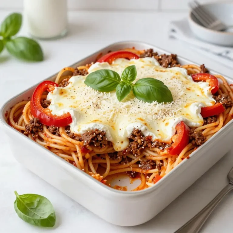 - 8 oz spaghetti - 1 lb ground turkey or beef - 1 (24 oz) jar marinara sauce These three main ingredients make up the base of our baked spaghetti casserole. The spaghetti adds texture. The ground turkey or beef provides protein. The marinara sauce ties it all together with rich flavor. - 2 cups creamy ricotta cheese - 1 cup shredded mozzarella cheese - 1/2 cup grated Parmesan cheese Cheese is essential for this dish. Ricotta adds creaminess. Mozzarella melts beautifully, while Parmesan gives a savory note. Together, they create a cheesy, gooey topping that everyone loves. - 1 medium onion, finely chopped - 2 cloves garlic, minced - 1 bell pepper (any color), diced - 1 tsp Italian seasoning - 1/2 tsp red pepper flakes (optional for heat) The vegetables and seasonings add depth. Onions and garlic provide a strong base flavor. Bell peppers add sweetness and color. Italian seasoning brings warmth, while red pepper flakes can give a kick if you like heat. {{ingredient_image_2}} - Preheat the Oven: First, set your oven to 375°F (190°C). This warms it up for baking. - Cook the Spaghetti: Boil salted water in a large pot. Add 8 oz spaghetti and cook until al dente. Drain and set aside. - Brown the Meat: Heat a large skillet over medium heat. Add 1 lb ground turkey or beef. Cook until browned, about 5-7 minutes. Drain any extra fat. - Sauté Vegetables: Add 1 chopped onion, 2 minced garlic cloves, and 1 diced bell pepper to the skillet. Sauté for 3-4 minutes until soft. - Combine Sauce and Seasoning: Stir in 24 oz marinara sauce, 1 tsp Italian seasoning, and optional 1/2 tsp red pepper flakes. Season with salt and black pepper. Simmer for 5 minutes. - Mix Spaghetti and Sauce: In a bowl, mix the spaghetti with the meat sauce. Fold in 2 cups ricotta cheese gently until evenly mixed. - Assemble the Casserole: Grease a 9x13 inch baking dish. Spread half of the spaghetti mixture in the dish. Top with half of 1 cup mozzarella and 1/2 cup Parmesan cheese. - Layer Remaining Ingredients: Add the rest of the spaghetti mixture on top. Finish with the remaining mozzarella and Parmesan cheeses. - Bake Covered: Cover the dish with aluminum foil. Bake for 20 minutes in the oven. - Bake Uncovered for Finish: Remove the foil and bake for another 15 minutes. Look for bubbling, golden cheese. - Cool and Garnish: Take the casserole out of the oven. Let it cool for a few minutes. Slice and garnish with fresh basil leaves for a nice touch. How do I cook spaghetti to al dente? To cook spaghetti to al dente, boil salted water in a pot. Add 8 oz of spaghetti and cook for about 8-10 minutes. Check the pasta a minute or two before the package time. It should be firm but not hard. What are some tips for browning meat? Use medium heat to brown your meat well. If using ground turkey or beef, break it up as it cooks. Stir it occasionally for even browning. Cook until there’s no pink left, about 5-7 minutes. Drain any excess fat before mixing with the sauce. What are some suggestions for additional seasonings? You can boost flavor with more spices. Add a pinch of garlic powder, onion powder, or oregano. Fresh herbs like parsley or thyme also work well. For a kick, try a bit of cayenne pepper or extra red pepper flakes. Why is simmer time important? Simmering is key to melding flavors. After you mix the marinara sauce with the meat and veggies, let it simmer for 5 minutes. This time helps all the tastes blend together, making every bite delicious. What are some serving tips and garnishes? For a nice touch, serve each portion with a sprinkle of extra Parmesan cheese. Add fresh basil leaves on top for color and flavor. This makes your dish look and taste even better. What are some recommended side dishes? Pair the casserole with a simple side salad or garlic bread. A light green salad balances the richness of the casserole. Garlic bread adds a crunchy texture and is perfect for scooping up sauce. Pro Tips Use Fresh Herbs: Adding fresh basil or parsley right before serving enhances the flavor and presentation of your casserole. Mix Cheese Varieties: Experiment with different cheese combinations, such as adding provolone or gouda for a unique flavor profile. Prep Ahead: This casserole can be assembled a day in advance and baked when ready, making it perfect for meal prep or entertaining. Adjust Spice Levels: Customize the heat by adjusting the red pepper flakes or adding diced jalapeños if you prefer a spicier dish. {{image_4}} You can switch up the meat in this dish. Try using chicken instead of turkey or beef. Chicken gives a lighter flavor. If you want a meatless option, use plant-based ground meat. It works well and keeps the dish hearty. Another tasty choice is to add sausage. Sausage adds a nice kick and rich flavor. If you need gluten-free options, many brands offer gluten-free pasta. It cooks just like regular pasta. You can also experiment with different shapes. Try penne, fusilli, or even ziti. These shapes hold the sauce well and add fun textures. You can use homemade marinara or store-bought. Homemade sauce tastes fresh and adds love to the dish. Store-bought is quick and easy, perfect for busy days. For a twist, consider adding pesto or Alfredo sauce. Pesto adds a fresh herb flavor, while Alfredo gives a creamy touch. After serving, let your baked spaghetti casserole cool down. You can store it in the fridge. Use an airtight container. It stays fresh for a few days. If you want to keep it longer, freeze it. Wrap it well in plastic wrap, then place it in a freezer-safe bag. This keeps it safe from freezer burn. To reheat, the best way is in the oven. Set it to 350°F (175°C). Place the casserole in an oven-safe dish. Cover it with foil to keep it moist. Heat for about 20 minutes. You may also use a microwave. If so, heat it in short bursts. Stir in between to avoid cold spots. For serving, add a sprinkle of extra cheese or fresh herbs. This adds flavor and looks great. In the fridge, your leftovers last about 3-4 days. In the freezer, they can last up to 2-3 months. Always check for any signs of spoilage before eating. If it smells off or looks strange, it’s best to throw it away. Can I make this recipe ahead of time? Yes, you can make this casserole ahead of time. Prepare it, then cover and store it in the fridge. Bake it the next day. Just add a few extra minutes to the baking time to heat it through. What can I substitute for ricotta cheese? If you need a substitute for ricotta cheese, use cottage cheese. You can also use soft cream cheese or Greek yogurt. These options work well and will keep the dish creamy. How do I know when the casserole is done? The casserole is done when the cheese is bubbling and golden brown. You can also check that the center is hot. A food thermometer can help. It should reach 165°F (74°C). Can I bake this in a smaller dish? Yes, you can use a smaller dish. Just adjust the cooking time. Keep an eye on it while it bakes to avoid overcooking. It’s important to check for that golden cheese layer. Is this recipe suitable for a gluten-free diet? To make this recipe gluten-free, use gluten-free spaghetti. Many brands offer great options. Always check the labels to ensure they are safe for your diet. How do I make a low-carb version? To create a low-carb version, swap out the spaghetti for zucchini noodles or cauliflower rice. This keeps the dish tasty without the carbs. You can still enjoy all the flavors you love! This blog post explored making a delicious casserole with spaghetti, meat, cheese, and veggies. You learned how to prepare each ingredient and assemble the dish step by step. I shared tips to ensure the perfect texture and ways to enhance flavor. Plus, I discussed tasty variations you can try. With the right ingredients and methods, your casserole will impress everyone at the table. Enjoy your cooking adventure and make it your own!