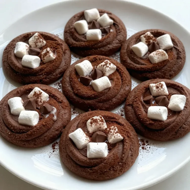 For Chocolate Marshmallow Swirl Cookies, gather these key ingredients: - 1 cup all-purpose flour - 1/2 cup unsweetened cocoa powder - 1/2 teaspoon baking soda - 1/4 teaspoon salt - 1/2 cup unsalted butter, softened - 1 cup granulated sugar - 1 large egg - 1 teaspoon pure vanilla extract - 1/2 cup mini marshmallows - 1/2 cup semi-sweet chocolate chips - Extra cocoa powder for dusting (optional) These ingredients work together to create a rich, chocolatey treat. The butter gives a soft texture, while the cocoa powder adds deep flavor. You can enhance your cookies with these optional ingredients: - 1/4 teaspoon espresso powder: This adds depth to the chocolate flavor. - 1/2 teaspoon cinnamon: This gives a warm spice note. - Chopped nuts: Walnuts or pecans add crunch. Using these can make your cookies more unique. Feel free to experiment! If you need to swap ingredients, here are some ideas: - For gluten-free cookies, use a 1:1 gluten-free flour blend instead of all-purpose flour. - Substitute coconut oil for unsalted butter for a dairy-free option. - Use dark chocolate chips if you prefer a richer taste. These substitutions keep the cookies tasty while meeting your dietary needs. Always feel free to get creative! {{ingredient_image_2}} Start by heating your oven to 350°F (175°C). Line a baking sheet with parchment paper. This keeps the cookies from sticking. In a medium bowl, mix together 1 cup of all-purpose flour, 1/2 cup of unsweetened cocoa powder, 1/2 teaspoon of baking soda, and 1/4 teaspoon of salt. Sift these dry ingredients. This makes your dough light and fluffy. In a large bowl, cream 1/2 cup of softened unsalted butter and 1 cup of granulated sugar. Use an electric mixer to beat them together until the mix looks light and soft. This should take about 2-3 minutes. Next, add 1 large egg and 1 teaspoon of pure vanilla extract. Mix until everything is smooth. Now, combine the dry mix with the wet mix. Add the dry ingredients in three parts. Mix gently on low speed each time until it’s just combined. Don't over-mix; keep your dough soft. Finally, fold in 1/2 cup of mini marshmallows and 1/2 cup of semi-sweet chocolate chips. This adds fun flavor! To make your cookies look special, use a spoon or your fingers to swirl the tops. After you scoop out the dough in balls, make a small swirl on each one. This creates a marbled look. It’s easy and fun! Just be gentle not to mix too much. You want to keep that nice swirl. Place your cookie dough balls on the baking sheet. Leave 2 inches between each one. This gives them space to spread as they bake. Bake for 10-12 minutes. The edges should be set, but the centers can be soft. They will get firmer while cooling. When the cookies are done, take them out of the oven. Let them cool on the sheet for 5 minutes. After that, move them to a wire rack to cool completely. These steps help keep your cookies soft and chewy! To get a great swirl, start with a soft dough. After you scoop the dough onto the baking sheet, use a spoon to gently swirl the top. Don’t press too hard; you want a light touch. This will help create those lovely swirled patterns. Remember, less is more! For soft and chewy cookies, do not over-mix the dough. Mix just until combined. This keeps the dough tender. Also, take them out of the oven while the centers are still soft. They will firm up as they cool. Trust me, you want that gooey center! - Overbaking: Keep a close eye on your cookies. If you bake them too long, they will get hard. - Too Much Flour: Make sure to measure your flour correctly. Spoon it into the cup and level it off. - Skipping the Rest: Don't skip cooling them on a wire rack. This helps them stay soft and fresh. Pro Tips Chill the Dough: For thicker cookies, chill the dough for 30 minutes before baking. This helps prevent spreading and gives the cookies a nice chewy texture. Use Fresh Ingredients: Ensure your baking powder and cocoa powder are fresh for the best flavor and texture. Old ingredients can result in flat or dry cookies. Customize Your Mix-ins: Feel free to swap mini marshmallows and chocolate chips for your favorite mix-ins like nuts or peanut butter chips for a unique twist. Store Properly: Keep leftover cookies in an airtight container at room temperature for up to a week to maintain their freshness and chewy texture. {{image_4}} You can make these cookies even more fun with mix-ins. Try adding nuts like walnuts or pecans for crunch. You can also use white chocolate chips for a sweet twist. Want some fruit? Dried cherries or cranberries blend well with the chocolate. They add a tart flavor that balances the sweetness. You can also switch mini marshmallows for larger ones if you want bigger bites of marshmallow. If you need a gluten-free recipe, it is easy to switch up the flour. Use a gluten-free all-purpose flour instead of regular flour. Make sure it has a good mix of gluten-free ingredients. This will help your cookies hold together. Many brands offer gluten-free flour blends that work well in baking. Just ensure that you check the label to ensure it is safe for your needs. You can change the flavors of these cookies to fit different seasons. In the fall, add pumpkin spice to the dough for a cozy taste. You can mix in some cinnamon and nutmeg, too. For winter, try peppermint extract and crushed candy canes. This gives your cookies a fresh, festive flavor. In the summer, you might want to add fresh fruit, like raspberries. They will add a bright, juicy flavor that is refreshing. Experimenting with these variations lets you enjoy these cookies all year round! To keep your Chocolate Marshmallow Swirl Cookies fresh, store them in an airtight container. This helps retain moisture and flavor. Place a piece of wax paper between layers to prevent sticking. You can also add a slice of bread inside the container. This will keep the cookies soft longer. If you want to save some cookies for later, freezing is a great option. First, let the cookies cool completely. Then, place them in a single layer on a baking sheet. Freeze for about an hour. Once frozen, transfer them to a freezer-safe bag. Label the bag with the date. You can freeze these cookies for up to three months. When stored properly, these cookies can last for about a week at room temperature. If kept in the fridge, they may stay fresh for up to two weeks. Just remember, the softer the cookie, the shorter their shelf life. Enjoy them while they’re fresh! Yes, you can use other chocolates. Dark chocolate adds richness. White chocolate offers a sweet twist. You can mix and match to find your favorite flavor. Just keep in mind that using chocolate with different sweetness levels may change the taste. Look for the edges to be set. The centers should still be soft and slightly shiny. If they look dry or overly firm, they are overbaked. Remember, cookies will continue to firm up as they cool on the rack. These cookies pair well with vanilla ice cream. A glass of cold milk is always a hit too. For a fun twist, try serving with warm chocolate sauce for dipping. Enjoy them with friends or at a cozy family gathering! This post covered everything you need to know about making Chocolate Marshmallow Swirl Cookies. We explored the key ingredients, shared step-by-step instructions, and offered tips for perfect results. I shared variations to try and smart storage ideas to keep your cookies fresh. Remember, baking is fun and mistakes are part of learning. Enjoy your baking journey and impress your friends and family with these delicious cookies!