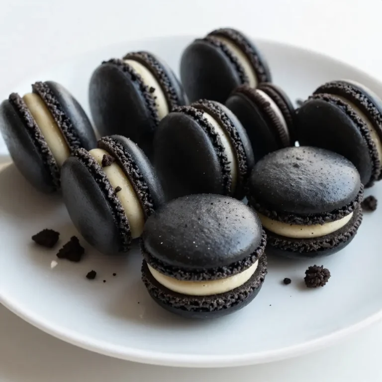 For the perfect Oreo macarons, you need quality almond flour and sugar. Use 100g of almond flour for a smooth texture. This flour gives macarons their signature flavor and nice bite. Pair this with 100g of powdered sugar. This sugar helps create a sweet shell that balances with the filling. Sifting these ingredients together helps break up lumps, ensuring a smooth batter. The filling makes these macarons extra special. You will need 150g of softened cream cheese. This adds a rich and creamy taste. Combine this with 50g of powdered sugar for sweetness. Finally, crush 4 Oreo cookies into fine bits. This will add a fun crunch and chocolate flavor that pairs well with the cream cheese. To give your macarons a unique twist, add 1-2 tablespoons of black cocoa powder. This not only deepens the color but enhances the chocolate flavor. A splash of 1 teaspoon vanilla extract brings warmth to the filling. These small additions make a big difference in taste. They will impress anyone who tries your Oreo macarons! {{ingredient_image_2}} Start by warming your oven to 150°C (300°F). While it heats, line two baking sheets with parchment paper. If you have a template, use it to help your macaron circles stay even. This step sets you up for nice, uniform macarons. In a medium bowl, sift together the almond flour, powdered sugar, and black cocoa powder. Sifting is key. It helps remove lumps and makes your macaron shells smooth. Take your time here; it’s worth the effort. Grab a clean bowl and add your room temperature egg whites. Whisk them with a pinch of salt. Start slow with your mixer. When the whites start to froth, add the granulated sugar little by little. Increase the speed and whip until you see stiff peaks and a glossy mix. This step adds height to your macarons. Now it’s time to fold! Gently add the sifted dry ingredients to the whipped egg whites. Use a rubber spatula to fold carefully. You don’t want to lose all the air you just whipped in. Keep folding until the batter flows smoothly when lifted. It should look like thick lava. Put your macaron batter into a piping bag with a round tip. Pipe small circles, about 3 cm wide, onto your lined sheets. After piping, gently tap the sheets on the counter. This will help release any air bubbles trapped in the batter. Let the macarons rest at room temperature for 30-60 minutes. They should feel dry to the touch. Once rested, place the macarons in your preheated oven. Bake for 15-20 minutes. Watch as they rise and develop a shiny surface. When done, let them cool completely on the baking sheets. This cooling step is vital for a good texture. While the macarons cool, it’s filling time! Mix the softened cream cheese, powdered sugar, and crushed Oreos in a bowl. Whip until everything is smooth and creamy. This delicious filling will make your macarons special. With your macarons cooled, it’s time to assemble. Match them by size into pairs. Pipe a small dollop of your cream cheese filling onto the flat side of one macaron. Then, gently place another macaron on top, flat side down. Voila, you have a perfect macaron! For the best taste, refrigerate your assembled macarons for at least 24 hours. This step allows all the flavors to blend beautifully. The wait is hard, but trust me, it’s worth it! To make great macaron shells, you need to focus on a few key steps. First, always sift the almond flour, powdered sugar, and cocoa powder together. This step helps break up clumps. A smooth batter makes for smooth shells. Next, whip the egg whites slowly at first. This helps build volume without air pockets. Once foamy, add the granulated sugar gradually. Whip until you see stiff peaks. The batter should flow like lava when you lift it. Sometimes, macarons can have issues. If your shells crack, it may be due to high oven heat. Lower the temperature and bake longer. If they are hollow, you might have overmixed the batter. Remember to fold gently. If they spread too much, try resting them longer before baking. This helps form a skin that keeps their shape. To make your Oreo macarons look special, use a nice platter. Arrange them in neat rows. For added flair, sprinkle crushed Oreos around the plate. If you plan to gift them, place them in a pretty box. A simple ribbon adds a nice touch. These small details can make your treat stand out! Pro Tips Use Room Temperature Egg Whites: For best results, ensure your egg whites are at room temperature before whipping. This helps achieve maximum volume and stability in your meringue. Don't Rush the Resting Period: Allowing the piped macarons to rest until the tops are dry is crucial. This step helps form the outer shell and prevents cracks during baking. Check Your Oven Temperature: Ovens can vary in temperature. Use an oven thermometer to ensure yours is accurate, as the perfect baking temperature is key for achieving that sought-after macaron foot. Experiment with Fillings: While the cream cheese and Oreo filling is delicious, feel free to experiment with other flavors such as chocolate ganache or fruit preserves to create unique combinations! {{image_4}} You can easily change the flavor of your Oreo macarons. Try using different extracts. For example, almond or mint extract can give a fun twist. Just use about half a teaspoon when mixing your egg whites. This small change adds a lot of flavor. If you love chocolate, these are for you! First, add extra black cocoa powder to your batter. Use 2-3 tablespoons instead of just 1-2. This will make your shells rich and dark. You can also mix in chocolate chips into the cream cheese filling. These chocolate Oreo macarons are sure to impress anyone who loves chocolate. You can make your macarons special for holidays. Add spices like pumpkin spice in the fall or peppermint for winter. Just a pinch can change your filling or batter. For colors, use food coloring to match the season. A little red and green for Christmas or pastel colors for spring makes them festive. Your Oreo macarons will be a hit at any gathering! To keep your Oreo macarons fresh, store them in an airtight container. Use parchment paper between layers to avoid sticking. Keep them in a cool, dry place away from sunlight. Avoid humid areas, as moisture can ruin their texture. Properly stored, Oreo macarons can last up to five days at room temperature. If you refrigerate them, they can last about a week. However, the best taste comes after they chill for 24 hours. This allows the flavors to mix and create a delightful treat. You can freeze your Oreo macarons for later enjoyment. First, place them in a single layer on a baking sheet. Freeze for about an hour until firm. Then, transfer them to a freezer-safe bag or container. They can last up to three months in the freezer. To serve, thaw them in the fridge overnight before enjoying. Oreo macarons are sweet meringue cookies made with almond flour. They feature a creamy filling mixed with crushed Oreo cookies. Their unique taste combines the classic macaron with the rich flavor of Oreos. Each bite offers a crunchy shell with a soft, creamy center. Yes, you can use many fillings for your macarons. Try different flavors like chocolate ganache, buttercream, or fruit jams. You can also mix in other cookies or candies to create fun flavors. Just ensure the filling pairs well with the macaron shell. Cracked macarons often result from a few common mistakes. If the oven temperature is too high, the cookies can rise too fast, causing cracks. Also, not resting the macarons before baking can lead to cracks. It’s important to let them dry until the tops feel firm. To make gluten-free macarons, use almond flour as the base. This recipe is already gluten-free, so you’re in luck! Just ensure the filling you choose is also gluten-free. Many cream cheese and jam options fit this need. You can find Oreo macarons at local bakeries or specialty dessert shops. Some stores may also sell them online. If you want a fresh experience, try making them at home. They are fun and simple to prepare, and you can share them with friends! You learned how to make the perfect macarons. From choosing ingredients like almond flour to the right filling, each step matters. Prepping your baking sheets and whipping egg whites are key. We explored tips for perfect shells and fun flavor variations too. Remember, practice makes perfect. Don’t get discouraged by mistakes; they help you learn. Enjoy making these delicious treats and impress your friends! Happy baking!