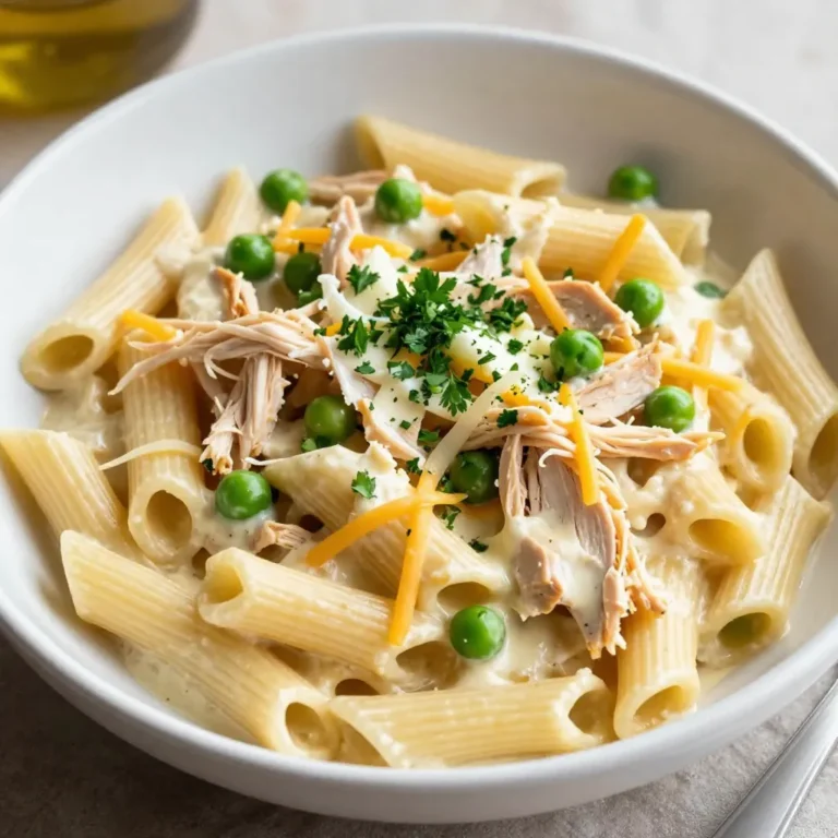 - 12 oz penne pasta - 2 cups cooked chicken, shredded - 8 oz cream cheese, softened - 1 cup sharp cheddar cheese, shredded - 1 cup low-sodium chicken broth - 1 packet ranch seasoning mix - 1 cup frozen peas, thawed - 2 tablespoons extra virgin olive oil - 1 teaspoon garlic powder - Salt and black pepper to taste - Fresh parsley for garnish Using fresh ingredients is key for great taste. Fresh items have more flavor and nutrients. They also keep the dish vibrant. When you pick fresh food, your meal shines. Opting for low-sodium options helps in many ways. It reduces salt intake, making meals healthier. Low-sodium broth still gives good flavor without the extra salt. You can enjoy your dish with less worry about health impacts. {{ingredient_image_2}} Bringing water to a boil Start by filling a large pot with water. Add a pinch of salt for flavor. Place the pot on the stove and turn the heat to high. Wait for the water to come to a full boil. Cooking penne to al dente Once the water boils, add 12 oz of penne pasta. Cook it according to the package instructions, usually about 8-10 minutes. You want it to be al dente, which means it should still have a little bite to it. After cooking, drain the pasta, but save a splash of the pasta water just in case. Heating olive oil and adding shredded chicken In a large skillet, heat 2 tablespoons of extra virgin olive oil over medium heat. When the oil is hot, add 2 cups of shredded chicken. Stir it well to coat the chicken in the oil. Adding garlic powder and ranch seasoning Next, sprinkle in 1 teaspoon of garlic powder and 1 packet of ranch seasoning mix. Stir everything together for about 2-3 minutes until it smells amazing. Pouring in chicken broth and simmering Now, slowly pour in 1 cup of low-sodium chicken broth. Bring the mixture to a gentle simmer. Let it simmer for about 5 minutes. This helps all the flavors blend together. Mixing in cream cheese and cheddar cheese Reduce the heat to low and add 8 oz of softened cream cheese. Stir until the cream cheese melts into the broth. Then, mix in 1 cup of shredded sharp cheddar cheese. Keep stirring until the cheese melts completely. Folding in the cooked pasta Take the drained pasta and gently fold it into the chicken and cheese mixture. Toss everything together until the pasta is well coated. Adjusting seasoning and garnishing Finally, taste the dish and add salt and freshly cracked black pepper as needed. Cook on low heat for another 2-3 minutes. Before serving, sprinkle fresh parsley on top for a nice touch. Enjoy your Crack Chicken Penne! How to achieve the perfect al dente pasta To get the best penne, start with a large pot of salted water. Bring it to a rolling boil, then add the pasta. Cook it for 8 to 10 minutes, stirring often. Taste a piece before draining. It should be firm but not hard. Ensuring the sauce is creamy and well-combined To keep your sauce smooth, add cream cheese when the heat is low. Stir it in slowly until it melts. If it seems thick, use a splash of reserved pasta water. This helps mix everything well. Suggested spices to elevate taste Ranch seasoning adds a nice kick. For more depth, try adding garlic powder, onion powder, or even a pinch of paprika. These spices boost the flavor without overpowering the dish. Using fresh herbs for added flavor Fresh parsley is a great addition. It adds color and flavor. You could also try chives or basil for a different taste. Add them at the end to keep their freshness. Creative serving ideas Serve the Crack Chicken Penne in a large, shallow bowl. This gives it a nice look. Sprinkle some extra cheddar on top. Add a bit of fresh parsley for color. Pairing suggestions for a complete meal Pair this dish with crusty bread. It soaks up the creamy sauce and adds texture. A side salad with greens and a light dressing balances the meal nicely. Pro Tips Perfect Pasta: For the best texture, cook the penne pasta just until al dente, as it will continue to cook slightly when mixed with the sauce. Cheese Choices: Feel free to experiment with different types of cheese, such as Monterey Jack or Gouda, for a unique flavor profile. Seasoning Savvy: Taste the dish before serving and adjust the seasoning to your liking. A squeeze of lemon juice can enhance the overall flavor. Meal Prep Magic: This dish can be made in advance and reheated for quick lunches or dinners. Just add a splash of chicken broth when reheating to restore creaminess. {{image_4}} You can make Crack Chicken Penne a bit healthier. Start by using whole wheat penne. Whole wheat adds fiber and a nutty taste. You can also add more vegetables. Spinach or bell peppers work well. These veggies boost nutrition and add color to the dish. Want to change the flavor? Swap ranch seasoning for other spice blends. Taco seasoning or Italian herbs can give it a new twist. You can also mix in different cheeses. Try pepper jack for some heat or mozzarella for a milder taste. Each cheese changes the dish's creaminess and flavor. If you need gluten-free options, use gluten-free penne. Many brands offer great pasta that cooks well. For a vegetarian version, skip the chicken. You can add chickpeas or mushrooms for protein. These options keep the dish hearty and satisfying. To keep your Crack Chicken Penne fresh, start by placing it in an airtight container. This helps prevent moisture loss and keeps flavors intact. Store it in the fridge for up to three days. For longer storage, freeze the dish. Use freezer-safe bags or containers. Make sure to leave some space for expansion. This way, you can enjoy it later without losing taste. When it's time to enjoy your leftovers, you can reheat with care. The best way is to use the stovetop. Just place it in a pan over low heat. Add a splash of chicken broth or water if it looks dry. Stir often to keep it creamy. You can also use the microwave for quick reheating. Place it in a microwave-safe bowl. Heat in short bursts, stirring in between to avoid hot spots. This helps retain that creamy, delightful flavor. Crack Chicken is a creamy dish that gets its name from its rich, addictive flavor. It combines tender chicken, ranch seasoning, and creamy cheese. The blend of spices and flavors makes it hard to resist. The “crack” flavor profile comes from the ranch mix and creamy cheeses. Together, they create a savory taste that many love. Yes, you can use raw chicken in this recipe. If you choose raw chicken, cook it in the skillet first. Heat the olive oil and add the chicken before adding any spices. Cook it until it's no longer pink, about 10-12 minutes. Then, you can add the garlic powder and ranch seasoning. This method gives the dish a fresh, juicy taste. Absolutely! Kids usually love creamy pasta dishes. To make it even more appealing, you can add fun shapes of pasta. You could also let kids help mix in the peas or sprinkle cheese on top. This makes it a fun cooking experience for them. Plus, the flavors are mild, so they will likely enjoy it. To add some heat, you can include crushed red pepper flakes or hot sauce. Mix these in with the olive oil and chicken. If you want more spice, try using pepper jack cheese instead of cheddar. Adding jalapeños or diced green chilies can also spice things up. Adjust the heat to your liking, and enjoy the kick! This recipe shines with wholesome ingredients like penne pasta and tender chicken. Using cream cheese and sharp cheddar brings creamy richness, while ranch seasoning adds a fun twist. I emphasized fresh and low-sodium options for better taste and health. Whether you customize it or follow this guide, enjoy your creamy pasta delight. These tips make it easy to serve and store leftovers too. Your meal can be as simple or exciting as you choose. Happy cooking!