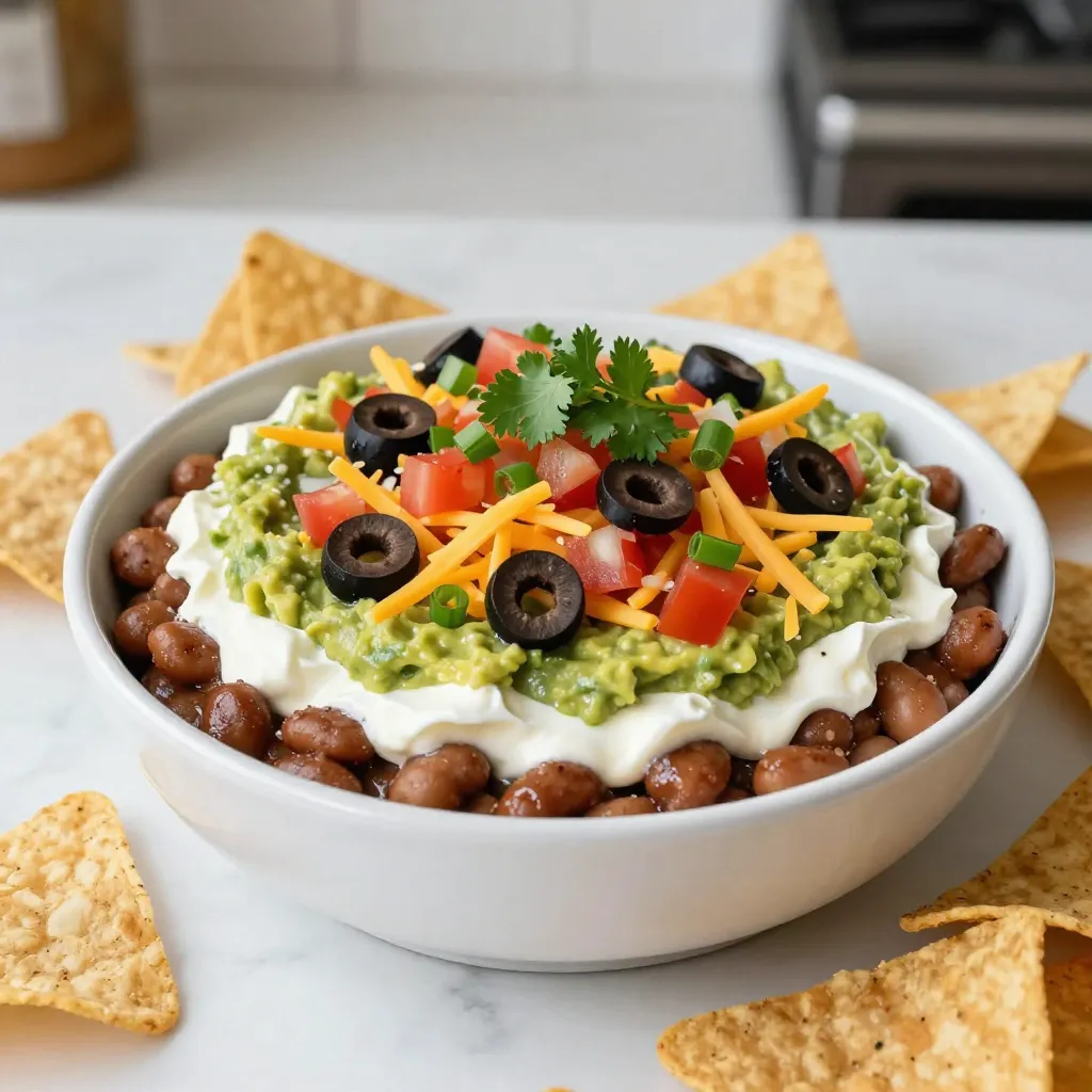 - 1 can (16 oz) refried beans - 1 packet taco seasoning - 1 cup sour cream - 1 cup guacamole - 1 cup chunky fresh salsa - 1 cup shredded cheddar cheese - 1 can (2.25 oz) sliced black olives, drained - 1 cup diced fresh tomatoes - 1/2 cup finely chopped green onions - Fresh cilantro leaves for garnish (optional) - Tortilla chips for serving Each ingredient plays a key role in the flavor and texture. You can adjust the measurements based on your taste. If you love guacamole, feel free to add more. If you want less cheese, reduce it slightly. The refried beans create a nice base, while the taco seasoning gives it a bold kick. For a fun twist, add toppings like diced jalapeños for heat or chopped bell peppers for crunch. Fresh cilantro adds a nice herbal note, too. You can also offer a side of lime wedges. They add brightness when squeezed over the dip. Enjoy the layers and colors! {{ingredient_image_2}} First, we need to make the base layer. Take one can of refried beans and one packet of taco seasoning. Mix them well in a medium bowl. Stir until it’s smooth and creamy. This mixture is the heart of your dip. Now, grab a large serving dish. Carefully spread the bean mixture evenly across the bottom. You want to cover the whole base. This layer sets the stage for the rest of the dip. Next, we will add the layers. Start with one cup of sour cream. Use a spatula to spread it gently over the beans. Try to make it smooth and even. After the sour cream, take one cup of guacamole. Spread it carefully on top. This keeps the layers separate for a nice look. Now, it’s time for the salsa. Spoon one cup of chunky fresh salsa over the guacamole. Spread it out gently. Then, sprinkle one cup of shredded cheddar cheese over the salsa. This adds a tasty, cheesy flavor. Next, add a layer of drained sliced black olives. Use about a can for this step. After the olives, add one cup of diced fresh tomatoes. Spread them evenly, too. Finally, sprinkle half a cup of finely chopped green onions over the tomatoes. This gives a fresh taste and color to your dip. Your dip is ready to serve! Make sure to enjoy it right away. Serve it with a big bowl of tortilla chips. This way, everyone can scoop up the layers. For an extra touch, you can add fresh cilantro leaves on top as a garnish. It adds a pop of color and flavor. This Seven Layer Taco Dip is perfect for parties, game days, or any fun gathering! Enjoy the layers of flavor with your friends and family. To make perfect layers, start with your base. Mix refried beans and taco seasoning well. This creates a thick base that supports other layers. Spread the beans evenly in the dish. Next, add sour cream, guacamole, and salsa carefully. Use a spatula to keep layers separate. Each layer should be distinct. This makes your dip look stunning and taste great. When serving, use a large, shallow dish. A clear glass dish shows off the layers well. Garnish with fresh cilantro leaves for color. Place tortilla chips around the dip for easy access. You can also add a sprinkle of green onions on top. This adds a nice crunch and freshness. Make sure to serve it right away for the best taste. To boost flavor, consider adding some lime juice to the guacamole. This adds brightness. To make it creamier, mix in some cream cheese with the sour cream. If you like a bit of heat, add jalapeños to the salsa. You could also use spicy cheese instead of cheddar. These simple tweaks can take your dip to a whole new level! Pro Tips Layering Wisely: Ensure each layer is spread evenly and gently to maintain the visual appeal and distinct layers of the dip. Use Fresh Ingredients: Opt for fresh homemade guacamole and chunky salsa for an enhanced flavor and texture that store-bought versions may lack. Chill Before Serving: Allow the dip to chill in the refrigerator for at least 30 minutes before serving to let the flavors meld together beautifully. Serving Suggestions: Pair the dip with a variety of tortilla chip flavors and even fresh veggie sticks for a healthier alternative. {{image_4}} You can easily make a vegetarian version of this seven layer taco dip. Start with the refried beans and taco seasoning as your base. Then, skip any meat toppings and add more veggies. Consider adding corn or black beans for extra texture. You can also use a plant-based sour cream or a creamy avocado dressing. This keeps it delicious and fresh without losing flavor. If you like heat, spice things up! Add diced jalapeños to the salsa layer. You can also mix some hot sauce into the sour cream. For an even bolder taste, use pepper jack cheese instead of cheddar. Remember, adjust the spice to your liking. You want it to be tasty but not overwhelming. Feel free to swap ingredients based on what you have. Instead of guacamole, you could use hummus for a different twist. Try using Greek yogurt in place of sour cream for a tangy flavor. If you don’t have black olives, green olives work too. Mix it up and have fun with this dip! The key is to keep the layers distinct and colorful. To store your Seven Layer Taco Dip, cover it with plastic wrap or a lid. Make sure each layer remains intact. If you can, separate the layers in small containers for better storage. Keep the dip in the fridge. It stays fresh and tasty for up to three days. You don’t need to heat this dip. It’s best enjoyed cold with chips. If you want to serve it warm, gently microwave it for 20-30 seconds. Be careful not to heat it too long. You want to keep the layers fresh and tasty. Your prepared Seven Layer Taco Dip can last up to three days in the fridge. After that, the layers may start to mix. The taste will not be as good. Always check for any signs of spoilage before you dig in. Yes, you can make Seven Layer Taco Dip ahead of time. Prepare the dip and cover it tightly. Store it in the fridge for up to two days. This way, the flavors meld. Just remember to add fresh toppings, like tomatoes and green onions, right before serving. If you need a substitute for sour cream, use plain Greek yogurt. It has a similar taste and texture. You can also try cream cheese mixed with a little milk. This keeps it creamy and rich in flavor. To make the dip spicy, add diced jalapeños to the salsa layer. You can also use spicy taco seasoning instead of mild. If you like heat, add hot sauce to the sour cream layer. Adjust according to your heat level. Enjoy your spicy creation! This article covered all you need to know for a delicious Seven Layer Taco Dip. I shared the key ingredients, how to prepare each layer, and tips for perfect presentation. You learned about tasty variations, like vegetarian options and adding spice. I also included storage tips so you can enjoy leftovers easily. In summary, making this dip is fun and simple. Try personalizing it to your taste. You will impress your family and friends with your tasty creation. Enjoy every bite!