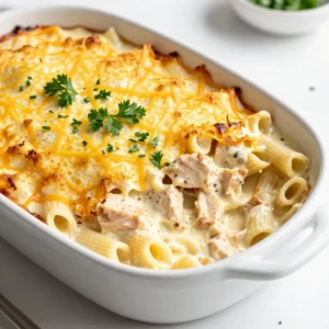 For this Chicken Alfredo Bake, you need a few key items. Here are the main ingredients: - 2 cups cooked penne pasta - 1 pound boneless, skinless chicken breasts, diced into bite-sized pieces - 3 tablespoons olive oil - 3 cloves garlic, finely minced - 2 cups heavy cream - 1 cup freshly grated Parmesan cheese - 1 cup shredded mozzarella cheese - 1 teaspoon Italian seasoning - Salt and freshly cracked black pepper to taste These ingredients work together to create a rich and creamy dish. The right seasonings make your bake shine. I use Italian seasoning for that classic flavor. Salt and cracked black pepper add depth to the dish. You can adjust these to fit your taste. If you love garlic, add more minced garlic for a stronger kick. Garnishes can elevate your dish. I like to sprinkle freshly chopped parsley on top. It adds color and a fresh taste. You might also consider more Parmesan cheese as a finishing touch. These small additions can make your Chicken Alfredo Bake look and taste even better. {{ingredient_image_2}} Start by preheating your oven to 375&deg;F (190&deg;C). This heat is perfect for baking. While it warms up, gather your ingredients. You&rsquo;ll need cooked penne pasta, chicken, garlic, and cream. Having everything ready will make the process smooth and easy. Next, heat 3 tablespoons of olive oil in a large skillet. Use medium heat. Add 1 pound of diced chicken. Sprinkle it with salt, pepper, and 1 teaspoon of Italian seasoning. Cook the chicken for about 5-7 minutes. Stir it often to ensure it cooks evenly. When the chicken is browned and cooked through, add 3 cloves of finely minced garlic. Stir and saut&eacute; for 1-2 minutes. This will make your kitchen smell amazing. Now, lower the heat to a gentle simmer. Gradually pour in 2 cups of heavy cream. Stir it well to mix. Then, slowly add 1 cup of freshly grated Parmesan cheese. Keep whisking until the sauce is creamy and smooth. Avoid boiling the sauce. In a large mixing bowl, combine the cooked penne pasta with the creamy chicken Alfredo sauce. Stir gently until all the pasta is coated in that rich sauce. Transfer the pasta mixture into a greased 9x13 inch baking dish. Spread it out evenly. Top it with 1 cup of shredded mozzarella cheese. Place the dish in your preheated oven. Bake for 20-25 minutes. Keep an eye on it until the cheese is bubbly and golden brown. After baking, remove it from the oven and let it cool for a few moments. Before serving, sprinkle freshly chopped parsley on top for a touch of color. To get that creamy sauce, start with heavy cream. Heat it gently to avoid boiling. Stir in the Parmesan cheese slowly. This helps it melt smoothly. If the sauce is too thick, add a splash of chicken broth. This keeps it creamy and flavorful. Set your oven to 375&deg;F (190&deg;C) for the best results. Bake for 20-25 minutes. The cheese should be bubbly and golden. If it browns too fast, cover it with foil. This way, everything cooks evenly. Use deep bowls for serving. This keeps the dish warm longer. Sprinkle more Parmesan on top for a nice touch. Add a sprig of parsley for color. Pair it with a fresh side salad to complete your meal. Pro Tips Use Quality Ingredients: Opt for high-quality chicken and fresh cheeses for a richer flavor in your Alfredo bake. Don&rsquo;t Overcook the Pasta: Cook the penne al dente as it will continue to cook in the oven, preventing it from becoming mushy. Mix in Vegetables: For added nutrition and flavor, consider incorporating steamed broccoli or spinach into the bake. Let it Rest: Allow the dish to cool for a few minutes after baking; this helps the sauce thicken and makes it easier to serve. {{image_4}} You can boost the health of your Chicken Alfredo Bake by adding veggies. Start with some fresh spinach or broccoli. Just chop them up and mix them in with the pasta. You can also use frozen peas or bell peppers. These veggies add color and flavor, and they provide extra vitamins. You will love how they brighten the dish. If you want a twist, try different proteins. Cooked shrimp makes a great swap. Saut&eacute; them just like the chicken. You can also use turkey or even tofu for a vegetarian option. If you like beef, diced steak works too! Each protein gives a unique taste and keeps the dish interesting. For a gluten-free version, choose gluten-free pasta. Many brands offer penne that tastes great. Just follow the cooking instructions on the package. You can use rice or quinoa pasta for a different texture. This way, everyone can enjoy the creamy goodness of Chicken Alfredo Bake. After enjoying your Chicken Alfredo Bake, you may have some leftovers. To store them, let the dish cool to room temperature. Transfer the leftovers into an airtight container. This will keep the moisture in and the dish fresh. You can store it in the fridge for up to three days. Make sure to label the container with the date. This way, you won&rsquo;t forget about your tasty meal. When it's time to reheat, use the oven for the best quality. Preheat your oven to 350&deg;F (175&deg;C). Place the Chicken Alfredo Bake in an oven-safe dish. Cover it with foil to keep it moist. Heat for about 15-20 minutes or until it is warmed through. You can also microwave it, but the oven keeps the texture better. If microwaving, use a microwave-safe dish and heat in 1-minute intervals. Stir between each interval to heat evenly. Want to save some for later? Freezing is a great option. First, let the dish cool completely. Cut it into individual portions for easy reheating. Wrap each portion tightly in plastic wrap, then place them in a freezer-safe bag. Be sure to label them with the date. You can freeze them for up to two months. When you're ready to eat, thaw it overnight in the fridge. Then, reheat it in the oven for the best taste and texture. Yes, you can make Chicken Alfredo Bake ahead of time. First, prepare the dish as usual, but stop before baking it. Cover the dish with plastic wrap or foil. You can store it in the fridge for up to 24 hours. When ready to bake, remove the cover and add a few extra minutes to the baking time. This way, you can enjoy a warm meal without much fuss. If you need a substitute for heavy cream, try using whole milk mixed with butter. Combine 3/4 cup of whole milk with 1/4 cup of melted butter. This mix will give you a similar creaminess. You can also use half-and-half. It will make the sauce slightly lighter but still tasty. For a dairy-free option, try coconut cream or cashew cream. Both options add a rich flavor without dairy. To make the Chicken Alfredo Bake lighter, consider these easy swaps: - Use whole wheat penne for added fiber. - Replace heavy cream with Greek yogurt or low-fat milk. - Add more vegetables like spinach or broccoli for extra nutrition. - Use less cheese or opt for a reduced-fat version. These changes can help you enjoy the dish without feeling too heavy. This blog post covered the key steps to make a Chicken Alfredo Bake. We discussed main ingredients, cooking methods, and useful tips. You now have clear ways to store leftovers and a few fun variations to try. In the end, this dish is not just simple to make; it&rsquo;s also flexible. You can change it up to fit your taste or needs. Enjoy your cooking journey!
