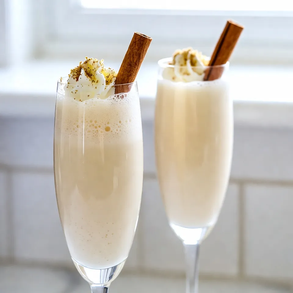 - 1 cup eggnog (store-bought or homemade) - 1 cup chilled sparkling water - 1/2 teaspoon pure vanilla extract - 1/4 teaspoon ground nutmeg - 1/4 cup whipped cream (optional, for topping) - Cinnamon sticks (for garnish) - Grated nutmeg or dusting of cinnamon powder (for garnish) To create the Sparkling Eggnog Champagne Fizz, gather these simple ingredients. The eggnog is the star of the drink. You can use store-bought eggnog or make your own for a personal touch. Chilled sparkling water adds a fun fizz. The bubbles lift the creamy drink and make it festive. Pure vanilla extract gives a warm and sweet flavor. Ground nutmeg adds a classic taste that complements eggnog well. Whipped cream is optional, but it takes the drink to a new level. It adds richness and a lovely look. Cinnamon sticks serve as a great garnish and add more flavor. Finally, a sprinkle of grated nutmeg or cinnamon powder on top makes it visually appealing. This mix of ingredients creates a drink that's creamy, fizzy, and perfect for any holiday celebration. {{ingredient_image_2}} First, grab a medium bowl. Pour in 1 cup of eggnog. I like using homemade or store-bought eggnog, depending on my time. Add in 1/2 teaspoon of pure vanilla extract. This will give the drink a warm flavor. Next, sprinkle in 1/4 teaspoon of ground nutmeg. Whisk all these ingredients together. Keep whisking until the mixture is smooth and creamy. You want a nice, thick base to hold the fizz. Now, take your favorite glasses or champagne flutes. Fill each glass about one-third full with the eggnog mixture. This should be just right for a good balance. Next, take your chilled sparkling water. Carefully pour it into each glass. Fill it to about two-thirds full. Watch as the bubbles create a lovely fizz. This is the fun part! To make it extra special, add whipped cream. Use a generous spoonful on each drink. This will give it a rich taste and smooth texture. Next, grab some cinnamon sticks. Place one upright in each glass. Finally, add a sprinkle of grated nutmeg or cinnamon powder on top. This will not only look festive but will also add aroma. Serve these delightful fizzes right away. Enjoy the sparkle and creamy goodness! To make the best Sparkling Eggnog Champagne Fizz, start with the right drink. Choose a good sparkling water or champagne. Look for something crisp with fine bubbles. This will give your drink a nice sparkle and flavor. To prevent foaming over, pour slowly. Add the sparkling water to the glass after the eggnog mixture. This helps keep the bubbles in check. If you pour too fast, you may get a big mess. Glassware plays a big role in your drink's charm. Use elegant champagne flutes for a festive vibe. They highlight the drink's bubbles and creamy texture. If you want, use fun holiday-themed glasses for a playful touch. Garnishing adds a special flair. Use cinnamon sticks as stirrers for a cozy feel. A sprinkle of grated nutmeg or cinnamon on top looks beautiful. This makes your drink pop and adds a hint of spice. You can boost the flavor of your drink, too. Adding spices like cinnamon or nutmeg brings warmth. You could also try flavored syrups. Vanilla or hazelnut syrup adds a sweet twist. Adjusting sweetness matters. Taste your drink before serving. If it's too sweet, add a splash of more sparkling water. This balances the flavors and keeps it refreshing. Pro Tips Chill Your Ingredients: For the best experience, make sure your eggnog and sparkling water are well chilled before mixing to enhance the refreshing fizz of your drink. Customize Your Garnish: Experiment with different garnishes such as star anise or fresh mint for a unique twist on the classic presentation and flavor. Make It Sweeter: If you prefer a sweeter drink, consider adding a splash of maple syrup or simple syrup to the eggnog mixture before combining it with the sparkling water. Presentation Matters: Serve your Sparkling Eggnog Champagne Fizz in elegant glasses to elevate the festive feel of your drink, making it perfect for holiday celebrations. {{image_4}} You can enjoy a delightful mocktail by swapping sparkling water for eggnog. This simple change keeps the festive vibe while making it alcohol-free. You can also try flavored sparkling juices. Think cranberry or apple. These juices add a fun twist and extra sweetness. If you want to elevate your drink, use Prosecco or any sparkling wine. These options add a crisp, bubbly touch. You can also add flavored liqueurs like amaretto or chocolate. This gives your drink an extra punch of flavor that pairs well with eggnog. Make your drink even more festive with seasonal spices. Try adding peppermint extract or a splash of peppermint schnapps. This adds a wintery flavor that warms the soul. You can also use themed garnishes for the holidays. For Christmas, use a candy cane. For Thanksgiving, try a sprinkle of pumpkin spice. These small touches make your drink special for any celebration. Storing eggnog properly is key to keeping it fresh. If you make homemade eggnog, keep it in an airtight container in the fridge. Use it within three days for the best taste. Store-bought eggnog has a longer shelf life. Check the expiration date on the package. Once opened, also use it within three days. When it comes to sparkling water, storing it is simple. Keep it in a cool place, away from sunlight. Always seal the bottle tightly after opening. This keeps the bubbles intact and fresh for your next drink. If you plan to host a party, make your eggnog mixture ahead of time. Whisk together the eggnog, vanilla, and nutmeg. Store this mixture in the fridge for up to two days. Right before serving, mix in the sparkling water. This keeps the fizziness alive and full of flavor. To maintain those bubbles, avoid pre-mixing the sparkling water too early. The fizz will fade. Pour it in just before you serve the drink. This way, your guests will enjoy a bubbly treat. Pair your Sparkling Eggnog Champagne Fizz with tasty holiday snacks. Spice up your platter with cheese, nuts, or holiday cookies. These flavors blend well and make your drink shine. You can serve this festive drink at many occasions. It’s perfect for holiday parties, family gatherings, or New Year’s Eve. The Sparkling Eggnog Champagne Fizz brings joy and cheer to every celebration. Sparkling Eggnog Champagne Fizz is a festive drink mixing eggnog and sparkling water. It combines rich, creamy eggnog with bubbly fizz, making it perfect for holiday gatherings. The drink features eggnog, which can be store-bought or homemade, and a splash of chilled sparkling water. I also add pure vanilla extract and ground nutmeg for a warm, cozy flavor. For a special touch, you can top it with whipped cream and garnish it with cinnamon sticks. Yes, you can prep some parts in advance. Mix the eggnog, vanilla, and nutmeg ahead of time. Store this mix in the fridge. Just remember to add the sparkling water just before serving. This keeps the fizz fresh and fun. If you want to make it even easier, have your garnishes ready. Cinnamon sticks and whipped cream can be prepared ahead of time too. Store leftover eggnog in an airtight container in the fridge. If it's homemade, try to use it within three days. You can keep store-bought eggnog longer, usually until the expiration date on the carton. For any opened sparkling water, seal it tightly and use it within a few days for the best fizz. If you have leftover whipped cream, store it in a sealed container in the fridge for a couple of days too. I love serving this drink in elegant champagne flutes. They add a touch of class to your presentation. You can also use any clear glass to show off the lovely layers. Tall glasses help keep the fizz from spilling over. For a fun twist, try mason jars for a casual vibe. Adding a cinnamon stick as a stirrer looks great and adds to the flavor. This blog post covered the fun making of Sparkling Eggnog Champagne Fizz. You learned about the simple ingredients, like eggnog and sparkling water. I shared step-by-step instructions to help you mix and assemble the drink. Tips on perfecting the fizz and creative presentations added extra flair. Remember, you can try variations for different tastes. Enjoy this festive drink at your next gathering, and impress your friends with these easy tips!