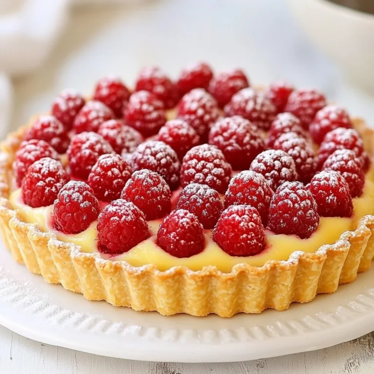 - 1 pre-made tart shell (9-inch) - 1 cup fresh raspberries - 1/2 cup unsalted butter, softened - 1/2 cup granulated sugar - 2 large eggs - 1 teaspoon pure vanilla extract - 1 cup almond flour - 1/4 cup all-purpose flour - 1/2 teaspoon baking powder - 1/4 teaspoon salt - Powdered sugar, for dusting - Lemon zest for a citrus kick - Ground ginger for warmth - Dark chocolate chips for richness - Other berries like blueberries or blackberries - 9-inch tart pan - Baking sheet for easy handling - Mixing bowls (one large and one small) - Hand mixer or whisk for creaming - Spatula for spreading filling - Wire rack for cooling - Sifter for powdered sugar dusting Using fresh ingredients makes a big difference. The raspberries will shine in this tart. You can choose to add flavors that you love. For example, lemon zest brightens the taste. If you use chocolate, it adds a rich layer. Enjoy the process! {{ingredient_image_2}} Start by preheating your oven to 350°F (175°C). This step is key to getting a good bake. Next, take your pre-made tart shell and place it on a baking sheet. This will catch any drips from the filling. It’s a simple step that saves you from a messy oven later. In a large bowl, add 1/2 cup of softened unsalted butter and 1/2 cup of granulated sugar. Use a mixer or a whisk to cream them together. Mix until the blend is light and fluffy. This may take a few minutes. Now, add 2 large eggs, one at a time. Mix well after each egg. Then, stir in 1 teaspoon of pure vanilla extract. In a separate bowl, mix 1 cup of almond flour, 1/4 cup of all-purpose flour, 1/2 teaspoon of baking powder, and 1/4 teaspoon of salt. Gently fold this dry mix into the butter and sugar mix. Do this carefully to keep the filling light. Pour the frangipane filling into the tart shell. Use a spatula to spread it evenly. Next, take 1 cup of fresh raspberries and press them gently into the filling. Make sure they are visible and not just hidden. Slide the baking sheet into the preheated oven. Bake for 30-35 minutes. You know it’s done when the tart is golden brown and the center is set. Once baked, let the tart cool on a wire rack. This cooling step is important for the best texture. Before serving, finish with a dusting of powdered sugar for that lovely touch. To get the best results, cream the butter and sugar well. Use softened butter at room temperature. This helps it mix easily. I find that using a hand mixer makes it quick and easy. Mix until the mixture is light and fluffy. This process is key to a good texture in your tart. The sugar should dissolve into the butter, creating a smooth base. To make your frangipane light, avoid overmixing. Gently fold the dry ingredients into the wet mixture. Use a spatula for this step. Incorporate the almond flour and all-purpose flour just until you see no dry spots. This keeps the air bubbles in the batter. Those air bubbles help the tart rise and stay fluffy. Remember, a light touch goes a long way! When adding raspberries, place them gently into the frangipane. Press them in slightly so they stick, but do not squash them. Aim for a beautiful display on top. I like to arrange them in a pattern for a nice look. You can even mix in some whole raspberries with cut ones for added interest. This not only looks great but also gives bursts of flavor in every bite. Pro Tips Use Fresh Raspberries: For the best flavor, opt for fresh raspberries instead of frozen. They add a vibrant color and a burst of juicy sweetness to the tart. Don’t Overmix: When combining the dry and wet ingredients, mix just until incorporated. Overmixing can lead to a dense texture in the frangipane filling. Cool Before Dusting: Allow the tart to cool completely before dusting with powdered sugar. This prevents the sugar from melting into the tart and keeps your presentation pristine. Experiment with Flavors: Feel free to add a splash of almond extract or lemon zest to the frangipane for an extra layer of flavor that complements the raspberries beautifully. {{image_4}} You can swap raspberries for other fruits. Try peaches, apricots, or strawberries. Each fruit brings a unique taste. For a tart with a tropical twist, use mango or pineapple. These fruits pair well with almond flavor in the frangipane. To make a gluten-free tart, use all almond flour. Replace all-purpose flour with more almond flour. This keeps the texture light and nutty. You can also use gluten-free flour blends if you prefer. Just make sure they include a binding agent. Add chocolate for a rich flavor. Fold in cocoa powder into the frangipane mix. You can also add melted dark chocolate for a deeper taste. Another option is to use orange zest. This adds a fresh, citrusy note that brightens the tart. To keep your Raspberry Frangipane Tart fresh, store it in the fridge. Use an airtight container or cover it tightly with plastic wrap. This helps to keep the tart from drying out. If you have leftover slices, place them in a single layer to avoid squishing the raspberries. The tart lasts 3 to 4 days in the fridge. If you want to keep it longer, freezing is a great option. Wrap the tart tightly in plastic wrap, then place it in a freezer bag. It can stay frozen for up to 3 months. When you are ready to eat, thaw it in the fridge overnight. If you want to enjoy warm slices, preheat your oven to 350°F (175°C). Place the tart on a baking sheet and cover it with foil. Heat for about 10-15 minutes, or until it is warm throughout. You can also use a microwave, but it may make the crust a bit soggy. Enjoy your tart fresh and warm! A frangipane tart is a sweet pastry filled with frangipane. Frangipane is a creamy mixture made from butter, sugar, eggs, and almond flour. It has a rich almond flavor. This tart typically uses a pastry crust, which can be homemade or store-bought. You can top it with fruits like raspberries for a pop of color and flavor. The combination of the buttery crust and the almond filling makes it a delightful treat. Yes, you can prepare this tart in advance. You can make the tart shell and frangipane filling a day before. Store the tart shell in an airtight container. Keep the filling in the fridge. On the day you plan to serve it, assemble the tart and bake it. This helps save time and makes it easier to enjoy with friends and family. The tart is fully baked when it turns golden brown. Check the filling; it should look set and not jiggle. You can insert a toothpick in the center. If it comes out clean, the tart is ready. This usually takes about 30-35 minutes at 350°F (175°C). Allow it to cool completely on a wire rack before serving. You learned the key ingredients, steps, and tips for making a Raspberry Frangipane Tart. From creaming the butter to arranging the fruit, each part matters. Explore variations for more fun, and check how to store it safely. Keep it fresh, and enjoy it later. Baking takes practice, but with these tips, you can shine. This tart is sure to impress your friends and family. Happy baking, and remember, practice makes perfect!