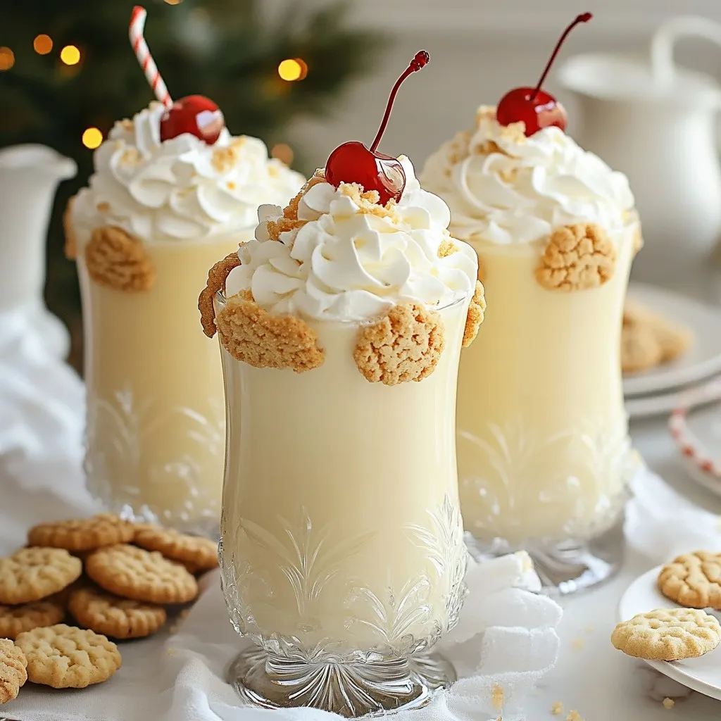 To make the Sugar Cookie Eggnog Cocktail, you'll need simple ingredients. Here’s what you need: - 1 cup eggnog (store-bought or homemade) - 2 tablespoons vanilla syrup - 1/4 teaspoon ground cinnamon - 1/4 teaspoon ground nutmeg - 1/4 cup crushed sugar cookies (plus extra for garnish) - Whipped cream for topping - Maraschino cherries for garnish - Crushed ice These ingredients blend together to create a creamy, festive drink. The eggnog is rich and creamy, while the spices add warmth. Choosing the right eggnog is key. Some brands stand out for their flavor and quality. I recommend: - Silk for a dairy-free option. - Horizon Organic for a rich, creamy taste. - Edy's for a classic, sweet flavor. These brands offer great taste and texture. Always check for freshness when buying. When selecting crushed sugar cookies, look for these tips: - Use fresh cookies for the best flavor. - Choose a brand with a nice crunch. This adds texture to your drink. - Make your own by baking and crushing them for a personal touch. Crushed sugar cookies give a sweet finish to your cocktail. They also enhance the festive look. Enjoy experimenting with different brands and homemade options! {{ingredient_image_2}} First, grab a mixing bowl. Pour in 1 cup of eggnog. You can use store-bought or homemade. Next, add 2 tablespoons of vanilla syrup. Then, sprinkle in 1/4 teaspoon of ground cinnamon and 1/4 teaspoon of ground nutmeg. Stir well until the mixture is smooth. This blend creates a rich and creamy base for your drink. Now, let’s make your glasses look special. Take your serving glasses and moisten the rims with a bit of eggnog. This helps the crushed cookies stick well. Next, dip the wet edges into crushed sugar cookies. Make sure to coat them generously. This adds a festive touch and a sweet crunch to each sip. Time to assemble your cocktail! Fill each glass with crushed ice. This keeps your drink cold and refreshing. Slowly pour the eggnog mixture over the ice. Fill each glass about three-quarters full. This allows the flavors to blend nicely. Next, add a generous dollop of whipped cream on top. This makes the drink feel rich and indulgent. Finally, sprinkle extra crushed sugar cookies on top. Add a maraschino cherry for color and fun. Serve these drinks right away to enjoy a festive treat! To make your Sugar Cookie Eggnog Cocktail even better, think about adding spices. Ground cinnamon and nutmeg are classic choices. They not only boost the flavor but also bring warmth to your drink. You could also try a pinch of ground ginger. This spice adds a nice zing. Experiment with different amounts. Just a little can change the whole drink. When you want to impress guests, presentation matters. Use festive glasses to serve your cocktails. Consider a tray decorated for the season. You can place holiday-themed coasters under each glass. Add a small dish of crushed sugar cookies nearby. This gives your guests a sweet treat to enjoy while they sip. Serve your drinks immediately for the best experience. If you want a twist on the garnish, try some fun alternatives. Crushed graham crackers can add a different taste and texture. You could also use crushed gingerbread cookies for a holiday vibe. For a fresh touch, consider using crushed peppermint candies. They add color and a refreshing bite. Choose what suits your taste and the occasion best. Pro Tips Chill Your Ingredients: Ensure that your eggnog and glasses are chilled beforehand. This will keep your mocktail refreshing and cool for longer. Customize Your Garnish: Feel free to get creative with garnishes. Try adding crushed peppermint or a sprinkle of cocoa for a different flavor twist. Make It Ahead: You can prepare the eggnog mixture in advance and store it in the refrigerator until you're ready to serve, making party prep easier. Experiment with Flavors: Consider adding a splash of flavored syrup, like hazelnut or caramel, to the eggnog mixture for a unique taste profile. {{image_4}} You can easily turn the Sugar Cookie Eggnog Mocktail into a fun cocktail. Just add your favorite spirit! I suggest using spiced rum or bourbon. These spirits add warmth and depth to the drink. Start with 1 to 2 ounces of alcohol per glass. Mix it into the eggnog base before pouring over ice. This change makes the drink perfect for adult gatherings. Want a dairy-free or vegan version? No problem! Use almond milk or oat milk instead of eggnog. You can find vegan eggnog at many stores too. Just check the label to ensure it's dairy-free. Substitute the vanilla syrup with maple syrup for a sweet touch. This twist keeps the drink tasty and festive, while meeting dietary needs. Feel free to play with flavors! You can add peppermint extract for a minty kick. Just use a drop or two for a refreshing twist. Another idea is to mix in some pumpkin spice for a fall vibe. You can also try flavored whipped cream, like hazelnut or vanilla. These small changes will keep your Sugar Cookie Eggnog Cocktail exciting and new every season! Store leftover eggnog in the fridge. Use an airtight container to keep it fresh. Eggnog can stay good for up to five days. Before serving again, give it a good stir. This helps mix any settled ingredients. If you want to mix this cocktail ahead of time, do it without ice. Prepare the eggnog mix and store it in the fridge. When you're ready to serve, add crushed ice to each glass. This keeps the drink cold and tasty. - Eggnog: Check the label for the expiration date. Homemade eggnog lasts about three days. - Vanilla syrup: Unopened, it can last for months. Once opened, use it within a month. - Ground spices: They can stay fresh for up to two years if stored well. - Crushed sugar cookies: Keep them sealed in a dry place, and they can last for weeks. Knowing how to store these ingredients helps you enjoy your Sugar Cookie Eggnog Cocktail longer. Enjoy the holidays with this festive drink! Yes, you can use homemade eggnog. It adds a personal touch. Just ensure it’s smooth and creamy. Your cocktail will taste great, and you can adjust flavors to your liking. If you make it, use fresh eggs and whole milk for the best results. You can use honey or maple syrup as a substitute. They offer a unique flavor. You can also add a splash of vanilla extract if you have it. The taste will change slightly but still be delicious. Add more toppings for a fun look. Try crushed peppermint or colored sprinkles. You can also use flavored whipped cream. Garnish with cinnamon sticks or additional maraschino cherries. These simple changes boost the holiday vibe. This blog post covered how to make a Sugar Cookie Eggnog Cocktail. We explored key ingredients like eggnog and sugar cookies, shared step-by-step instructions for preparing the drink, and offered useful tips to enhance flavor. We also discussed tasty variations and storage tips. In the end, this cocktail brings fun and cheer to your gatherings. Enjoy your festive creations, and don't hesitate to experiment!