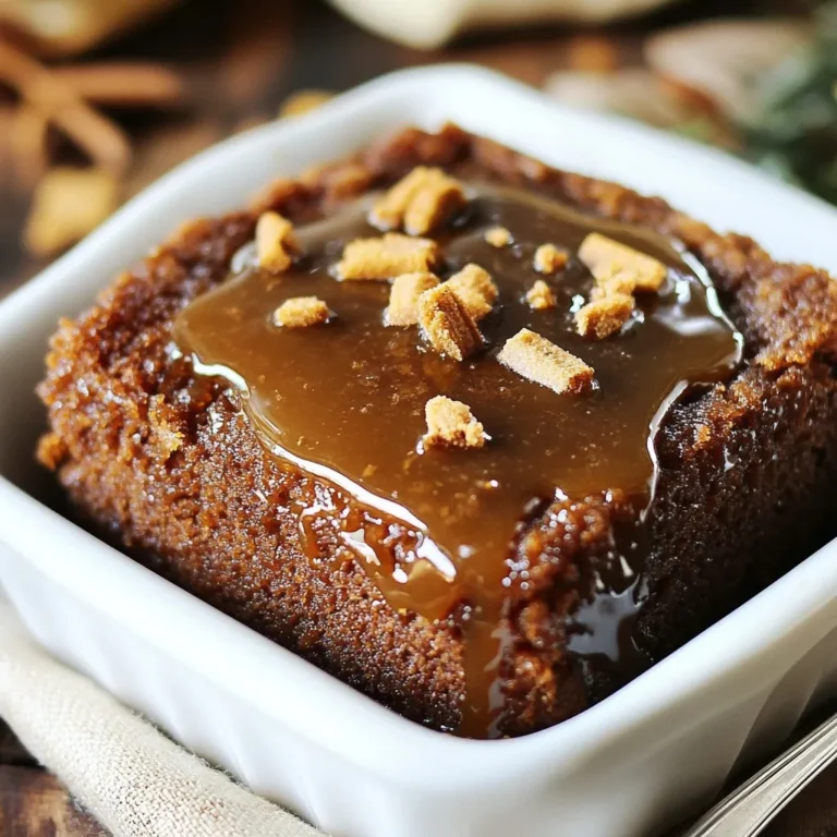 To make this Gingerbread Pudding Cake with Toffee Sauce, you need the right mix of ingredients. Here’s what you’ll need: - 1 ½ cups all-purpose flour - 1 teaspoon baking powder - 1 teaspoon baking soda - 1 teaspoon ground ginger - 1 teaspoon ground cinnamon - ½ teaspoon ground nutmeg - ¼ teaspoon ground cloves - ½ teaspoon salt - ¾ cup unsalted butter, softened - 1 cup brown sugar, packed - 2 large eggs - ½ cup molasses - 1 cup milk - 1 teaspoon vanilla extract - 1 cup toffee bits or chopped toffee candies For the toffee sauce, gather these ingredients: - ½ cup unsalted butter - 1 cup brown sugar, packed - ½ cup heavy cream - 1 teaspoon vanilla extract These ingredients blend to make a warm, spiced dessert. The toffee bits add a sweet crunch. The molasses gives depth to the cake. Using fresh spices makes a big difference in flavor. Enjoy gathering these items for a delightful baking experience! {{ingredient_image_2}} 1. Preheat your oven to 350°F (175°C). This step is key for even baking. 2. Grease an 8-inch square baking dish with butter or non-stick spray. This prevents sticking. 1. In a medium bowl, mix the dry ingredients. Combine flour, baking powder, baking soda, ginger, cinnamon, nutmeg, cloves, and salt. Whisk them well and set aside. 2. In a large bowl, beat the softened butter and brown sugar with an electric mixer. Mix for about three minutes until light and fluffy. This adds air to your cake. 3. Add the two eggs one at a time, mixing well after each. Then stir in the molasses until smooth. 4. Gradually add the dry mixture to the wet mixture. Start with half of the dry mix, then add milk. Mix until just combined. Do not over-mix. Finally, fold in the vanilla and toffee bits. 1. Pour the batter into the greased baking dish. Use a spatula to spread it evenly. 2. Place it in the oven and bake for 30-35 minutes. Check with a toothpick. It should come out clean or with a few moist crumbs. 3. While the cake bakes, prepare the toffee sauce. In a medium saucepan, melt butter and brown sugar over medium heat. Stir until the sugar dissolves. 4. Pour in the heavy cream while stirring. Bring to a gentle boil, then simmer for 3-5 minutes. Stir occasionally until it thickens slightly. Remove it from heat and mix in vanilla. 5. Once the cake cools for a few minutes, cut it into squares. Serve it warm with the toffee sauce drizzled on top. Enjoy this sweet treat! To get the best texture, don't over-mix your batter. When you mix too much, the cake can turn dense. Instead, mix until just combined. This keeps the cake light and fluffy. You can also fold in the toffee bits gently to avoid breaking them. For a fluffier cake, make sure your butter is softened fully. This allows it to trap air better when creamed with sugar. Spices can take your gingerbread pudding cake to the next level. You might add a pinch of allspice or cardamom for unique flavor. Freshly grated ginger can also boost that warm spice taste. Always use quality molasses for the richest flavor. It will make a big difference. The same goes for toffee; premium bits will give you a richer sauce and cake. Serve your cake on festive plates for a special touch. A sprinkle of powdered sugar adds a nice look. You could also add a dollop of whipped cream. For a creative twist, use mini mason jars to serve individual portions. These can look cute and are easy for guests to grab. Remember, how you present your food can make it even more enjoyable! Pro Tips Use Fresh Spices: For the best flavor, use freshly ground spices instead of pre-ground. This enhances the aromatic qualities of your gingerbread pudding cake. Check Doneness Early: Ovens can vary, so start checking your cake a few minutes before the suggested time. A toothpick should come out clean or with a few moist crumbs. Make Ahead: You can prepare the toffee sauce in advance and store it in the refrigerator. Just reheat gently before serving for a warm topping. Garnish Creatively: Consider adding a sprinkle of chopped nuts or a few chocolate shavings on top of the cake for added texture and flavor contrast. {{image_4}} You can make this gingerbread pudding cake fit your needs. For gluten-free options, try using a gluten-free flour blend. Look for one that includes xanthan gum. This helps to create a nice texture. If you want a vegan version, replace the eggs with flax eggs. Mix one tablespoon of flaxseed meal with three tablespoons of water to make one flax egg. Use plant-based butter instead of regular butter and almond or oat milk in place of cow's milk. You can also mix in some fun flavors. Try adding chopped nuts like walnuts or pecans. They add a nice crunch and flavor. If you love chocolate, toss in some chocolate chips for a sweet twist. For sauces, you do not have to stick with just toffee. Caramel sauce or chocolate sauce can work well too. A drizzle of maple syrup brings a unique taste. Experiment and find what you love best! To keep your gingerbread pudding cake fresh, use airtight containers. Glass or plastic containers work well. Store the cake and toffee sauce separately. This helps keep the cake moist and the sauce thick. When reheating the cake, use the microwave or an oven. For the microwave, place a piece on a plate and heat for 20-30 seconds. Check if it’s warm enough. If using the oven, preheat to 350°F. Wrap the cake in foil and heat for about 10 minutes. For the toffee sauce, reheat it on the stove over low heat. Stir it gently until it warms up. If it thickens too much, add a splash of cream or milk. This keeps the sauce smooth and delicious. Can I make this recipe ahead of time? Yes, you can make this cake a day in advance. Just store it in an airtight container. Can I freeze gingerbread pudding cake? Yes, you can freeze the cake. Wrap it tightly in plastic wrap and foil. What can I serve with gingerbread pudding cake? Serve it with whipped cream, vanilla ice cream, or extra toffee sauce. How long does it take to prep and bake? It takes about 15 minutes to prep and 30-35 minutes to bake. What if I run out of toffee bits? If you're short on toffee bits, try using chopped chocolate or nuts instead. What went wrong with my cake? If your cake is dense, you may have over-mixed the batter. Mix just until combined. How to fix a runny toffee sauce? To thicken runny toffee sauce, simmer it longer until it reduces. Stir often to avoid burning. This blog post covered everything you need for a delicious gingerbread pudding cake. We discussed the key ingredients, step-by-step instructions, and helpful tips to ensure great results. I also shared variations for flavors and options for storage. In making this cake, you can get creative while sticking to core techniques. Enjoy experimenting and have fun with your baking. You now have the tools to impress your friends and family with this treat!