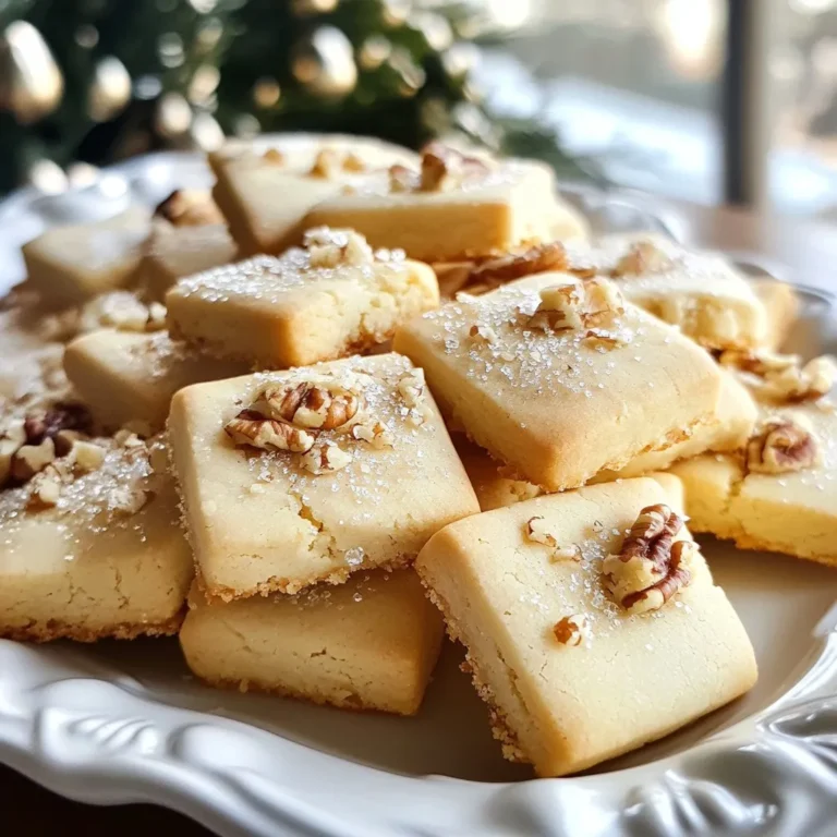 - 1 cup unsalted butter, softened - 1/2 cup powdered sugar - 1 teaspoon pure vanilla extract - 2 cups all-purpose flour - 1/4 teaspoon fine sea salt - Optional: 1/2 cup chopped pecans or walnuts - 1 tablespoon granulated sugar for sprinkling To make buttery shortbread cookies, you need simple yet high-quality ingredients. Start with unsalted butter. Softened butter helps create a tender cookie. Next, you’ll need powdered sugar. This sugar adds sweetness and makes the dough smooth. Vanilla extract is a must! It gives the cookies a warm, rich flavor. The flour binds everything. All-purpose flour works best for this recipe. Fine sea salt enhances the sweetness in the cookies. You can add chopped pecans or walnuts for extra crunch and flavor. If you want a little sparkle, use granulated sugar on top before baking. This will create a nice finish. Gather these ingredients, and you’re ready to start baking! {{ingredient_image_2}} Start by preheating your oven to 350°F (175°C). This ensures even baking. Line your baking sheet with parchment paper. This helps the cookies lift off easily. Make sure to cover the whole sheet. This way, you avoid any sticking. Next, you will cream the butter and sugar. In a bowl, mix 1 cup of softened butter and 1/2 cup of powdered sugar. Use a hand mixer or stand mixer. Beat for about 2-3 minutes. You want it light and fluffy. This step is key for tender cookies. The fluffiness helps create a nice texture. Now, add your dry ingredients. Gradually sift in 2 cups of all-purpose flour and 1/4 teaspoon of fine sea salt. Mix on low speed. You want a smooth dough, but don't overmix. Overmixing makes the cookies tough. Once the dough comes together, it’s ready for the next step. Lightly dust a clean surface with flour. Turn the dough out and shape it into a ball. Flatten it into a disc about 1-inch thick. Roll it out to 1/4 inch thickness. Use cookie cutters to cut shapes. Stars, hearts, or rounds look great. Place the cut cookies on the lined sheet. Leave about 1 inch between each cookie. Place the baking sheet in your preheated oven. Bake for 15-20 minutes. Look for golden brown edges. Keep an eye on them to avoid over-baking. This is where the magic happens! After baking, let the cookies cool on the sheet for a few minutes. Then, move them to a wire rack. This helps them cool completely. For serving, arrange the cookies on a nice plate. A dusting of powdered sugar adds a sweet touch. Enjoy your beautiful buttery shortbread! To get the best texture in your shortbread, start with room temperature butter. This helps it blend well with the sugar. Cream these two together until it turns light and fluffy. Mixing too long can make cookies tough, so stop once the dough forms. If you want to save dough for later, wrap it tightly in plastic wrap. You can refrigerate the dough for up to a week. For longer storage, freeze it in an airtight container for up to three months. Just thaw it in the fridge before rolling and cutting. Get creative with your cookie shapes! Use different cutters like stars, hearts, or circles. After cutting, sprinkle a little sugar on top for extra sweetness. You can also use a fork to add patterns or drizzle melted chocolate for a fancy touch. Pro Tips Chill the Dough: For an even more tender texture, chill the dough for at least 30 minutes before rolling it out. This helps the butter solidify and prevents spreading during baking. Experiment with Flavors: Add a pinch of lemon zest or almond extract to the dough for a unique twist on the classic flavor. These additions can elevate your shortbread to a whole new level! Use Quality Butter: Since butter is the star ingredient, opt for high-quality unsalted butter for the best flavor. It makes a significant difference in the final taste of your cookies. Check for Doneness: Keep a close eye on your cookies as they bake. They should be lightly golden around the edges but still pale in the center for that perfect melt-in-your-mouth texture. {{image_4}} You can add fun flavors to your shortbread cookies. For a zesty twist, try mixing in citrus zest. Lemon or orange zest gives a bright taste. Just use about a teaspoon for each batch. If you love chocolate, add mini chocolate chips. They melt and create sweet pockets in each bite. You can also mix in cocoa powder for a chocolate version. Use about 1/4 cup to keep the dough balanced. If you want nut-free cookies, it’s simple! Just skip the chopped pecans or walnuts. You can replace them with sunflower seeds or pumpkin seeds. They add crunch without nuts. You can also use extra flour to keep the dough together. This way, everyone can enjoy your cookies without worry. To make gluten-free shortbread, swap out the all-purpose flour. You can use a gluten-free flour blend instead. Look for blends that contain xanthan gum. This helps keep the cookies from falling apart. Use the same amount of gluten-free flour as regular flour. You may need to adjust the baking time, so keep an eye on them as they bake. Enjoy your tasty gluten-free treat! To keep your buttery shortbread cookies fresh, store them in an airtight container. This method helps maintain their tender texture. If you want to keep them crisp, place a piece of bread in the container. Bread absorbs moisture, allowing your cookies to stay crunchy. For extra flavor, try adding a slice of lemon or orange peel. Freezing cookies is a great way to enjoy them later. Start by letting the cookies cool completely. Then, place them in a single layer on a baking sheet. Freeze for about one hour until firm. Once frozen, transfer the cookies to a freezer-safe bag. Remove as much air as possible before sealing. They can last for up to three months in the freezer. Just thaw them at room temperature when you're ready to enjoy. Buttery shortbread cookies last about one week at room temperature. Keep them in an airtight container to prevent them from becoming stale. If stored in the fridge, they can last up to two weeks. For the longest shelf life, freezing is best. When stored properly, they can remain tasty for three months or more. Enjoy them fresh, or save some for later! To boost flavor, add extracts or spices. You can use almond or lemon extract. A pinch of cinnamon or nutmeg also does wonders. Mix these in when you add the vanilla. This will make your cookies stand out with extra taste. Cookies can be crumbly for a few reasons. One big reason is too much flour. Make sure you measure accurately. Another cause is mixing too much after adding flour. You want just enough to combine the dough. If your dough feels dry, add a tiny bit of milk. Yes, you can make these cookies ahead of time! You can prepare the dough and wrap it tightly in plastic wrap. Chill it in the fridge for up to 3 days. When you want to bake, just roll out and cut your shapes. This saves time and still gives fresh cookies. For decoration, you can use icing or melted chocolate. A simple glaze adds shine and sweetness. You can also sprinkle colorful sugar or nuts on top. Arrange cookies on a nice plate for a beautiful display. A light dusting of powdered sugar adds elegance, too. Buttery shortbread cookies are easy to make and fun to enjoy. You learned about the right ingredients, like butter and sugar, plus how to mix and bake them perfectly. With tips on storage and variations, you can keep things fresh and exciting. Remember, even small tweaks can enhance flavor. Now, get ready to impress with your homemade cookies. With practice and creativity, your baking will shine!
