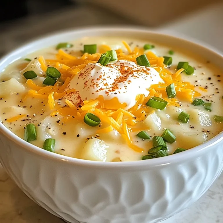 To make Loaded Outback Potato Soup, gather these key items: - 4 large russet potatoes, peeled and diced into uniform cubes - 1 medium onion, finely chopped - 3 cloves garlic, minced - 4 cups chicken broth (or vegetable broth for a vegetarian option) - 1 cup heavy cream - 1/2 cup sour cream - 1 cup shredded sharp cheddar cheese (reserve some for garnish) - 1/2 cup cooked and crumbled turkey bacon (or vegetarian bacon) - 1/4 cup finely chopped green onions (plus extra for garnish) - 1 teaspoon smoked paprika - Salt and freshly cracked black pepper to taste - 2 tablespoons extra virgin olive oil These ingredients form the backbone of our soup. The russet potatoes provide the creamy texture. The onion and garlic add depth. The broth gives it a rich base. You can make this soup your own by adding some optional ingredients: - Cooked ham or sausage for added protein - A splash of hot sauce for heat - Different cheeses like mozzarella or gouda - Fresh herbs like thyme or rosemary These additions can change the flavor and make the soup unique to your taste. If you need vegetarian or vegan options, here are some swaps: - Use vegetable broth instead of chicken broth - Replace heavy cream with coconut cream or cashew cream - Swap sour cream for vegan sour cream or yogurt - Use plant-based bacon alternatives These swaps keep the soup creamy and delicious while catering to different diets. {{ingredient_image_2}} Start by heating 2 tablespoons of olive oil in a large pot over medium heat. Once the oil is warm, add 1 medium, finely chopped onion. Sauté the onion for about 5 minutes. You want it soft and clear but not brown. Next, add 3 minced garlic cloves. Stir for about a minute until you smell the garlic. Be careful not to burn it. This mix gives your soup a great base flavor. Now, add 4 large russet potatoes, peeled and diced into uniform cubes. Stir them well to coat with the oil and onion mix. Pour in 4 cups of chicken broth, making sure the potatoes are covered. Raise the heat to high until it boils. Once boiling, lower the heat to let it simmer. Cook uncovered for 15 to 20 minutes, until the potatoes are fork-tender. This step is key for a creamy soup. After the potatoes are cooked, use an immersion blender to puree the soup. Blend until it reaches your preferred smoothness. If you like some chunks, blend just half and mix it back in. This gives you a nice texture in your soup while keeping it creamy. Once blended, stir in 1 cup of heavy cream, 1/2 cup of sour cream, and 1 cup of shredded sharp cheddar cheese. Also, add 1 teaspoon of smoked paprika, plus salt and pepper to taste. Mix until the cheese melts and everything is creamy. Finally, fold in 1/2 cup of crumbled turkey bacon and 1/4 cup of finely chopped green onions. Heat through on low for about 5 minutes. Garnish with extra cheddar and green onions before serving. Enjoy your loaded outback potato soup! To make your soup super creamy, follow these tips: - Use a good pot: A heavy-bottomed pot helps with even cooking. - Blend carefully: For a creamy texture, blend until smooth. If you like some chunks, blend half. - Add cream slowly: Stir in the cream gradually for the best texture. - Monitor heat: Keep the heat low after adding cream to avoid curdling. - Taste often: Adjust salt and pepper as you go for the best flavor. Here are some mistakes to steer clear of: - Overcooking the garlic: It can turn bitter if cooked too long. Sauté just until fragrant. - Not salting enough: Salt enhances flavors, so season well from the start. - Skipping the blending step: Blending gives the soup its creamy character. - Using cold cream: Room temperature cream mixes in better than cold cream. - Ignoring the toppings: Garnishes add flavor and make the soup look great. Use these tools for the best results: - Heavy-bottomed pot: This helps prevent burning and ensures even cooking. - Immersion blender: It’s easy to use and saves time on cleanup. - Wooden spoon: Great for stirring without scratching your pot. - Measuring cups and spoons: Precision is key for consistent results. - Cutting board and knife: A sturdy board and sharp knife make prep easy. Pro Tips Choose the Right Potatoes: Russet potatoes are ideal for this recipe due to their high starch content, which creates a creamy texture when cooked and blended. Blend for Texture: Use an immersion blender to achieve your preferred consistency. For a heartier soup, blend only half of it to keep some potato chunks intact. Season Gradually: Taste your soup as you go, adding salt and pepper incrementally. This allows you to control the flavor profile and avoid over-seasoning. Garnish Creatively: Elevate your soup's presentation by garnishing with extra cheese, green onions, and a sprinkle of smoked paprika for a pop of color and flavor. {{image_4}} You can easily make Loaded Outback Potato Soup vegetarian or vegan. For a vegetarian option, simply swap chicken broth with vegetable broth. You can also replace heavy cream and sour cream with coconut cream or cashew cream. These alternatives add a nice richness without the dairy. If you want a vegan version, substitute turkey bacon with a plant-based bacon alternative. This way, you keep the soup creamy and tasty. To boost the flavor, consider adding fresh herbs like thyme or rosemary. These herbs brighten the soup and add depth. You can also try spices such as cayenne pepper for heat or cumin for warmth. A squeeze of fresh lemon juice at the end gives a burst of freshness. Experiment with smoked paprika to give the soup a nice, smoky flavor. Feel free to get creative with your add-ins. Adding vegetables can make your soup more colorful and nutritious. Chopped carrots, celery, or bell peppers blend well with potatoes. For protein, consider adding cooked chicken or beans. These options make your soup heartier. You can even toss in some corn for sweetness. Just remember to adjust the cooking time, so all ingredients cook evenly. After enjoying your Loaded Outback Potato Soup, let it cool down. Pour the leftover soup into an airtight container. Make sure to leave some space at the top for expansion. Seal it tightly and store it in the fridge. This method keeps the soup fresh and tasty for later. You can freeze the soup if you want to save it for a longer time. Use a freezer-safe container or a zip-top bag. Make sure to label it with the date. It will stay good for up to three months. When you're ready to eat, thaw the soup in the fridge overnight. Reheat it on the stove over low heat, stirring often. You can also use a microwave, but do it in short bursts, stirring in between. In the fridge, your Loaded Outback Potato Soup lasts about 3 to 4 days. Always check for any signs of spoilage before eating. If it smells off or has changed color, it's best to discard it. To keep the soup tasting great, avoid adding toppings before storing. Add those fresh garnishes right before serving. Storing the soup properly helps maintain its creamy texture and rich flavor. Loaded Outback Potato Soup is a creamy, hearty soup. It has diced russet potatoes, onions, garlic, and rich broth. We blend it until smooth and add heavy cream, sour cream, and cheddar cheese. Then, we mix in crispy turkey bacon and green onions for extra flavor. It's a warm, comforting dish perfect for chilly days. Yes, you can make this soup ahead of time. Cook the soup and let it cool. Store it in the fridge for up to three days. When ready to eat, reheat it on the stove. You may need to add a splash of broth or cream to restore its creamy texture. To make this soup gluten-free, use gluten-free broth. Many store-bought broths are gluten-free, but always check the label. The other ingredients are naturally gluten-free, so you’re good to go! Yes, you can substitute heavy cream. Use half-and-half for a lighter option. Coconut milk works too if you want a dairy-free choice. Each option will change the flavor a bit, but they still make a tasty soup. This soup pairs well with crusty bread or soft dinner rolls. A simple garden salad also complements it nicely. For a fun twist, serve it with crispy tortilla chips for crunch! This blog post covered how to make Loaded Outback Potato Soup. You learned about essential and optional ingredients. I shared step-by-step instructions to guide you through the cooking process. You now have tips to avoid common mistakes and ensure creamy soup. We also explored variations for different diets and how to store leftovers effectively. In closing, this soup is easy to customize, fun to make, and delicious. Enjoy your cooking adventure and share your soup with friends!