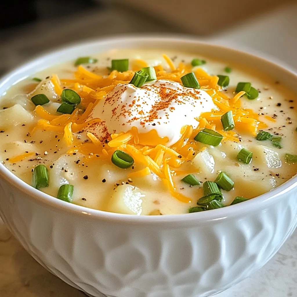 To make Loaded Outback Potato Soup, gather these key items: - 4 large russet potatoes, peeled and diced into uniform cubes - 1 medium onion, finely chopped - 3 cloves garlic, minced - 4 cups chicken broth (or vegetable broth for a vegetarian option) - 1 cup heavy cream - 1/2 cup sour cream - 1 cup shredded sharp cheddar cheese (reserve some for garnish) - 1/2 cup cooked and crumbled turkey bacon (or vegetarian bacon) - 1/4 cup finely chopped green onions (plus extra for garnish) - 1 teaspoon smoked paprika - Salt and freshly cracked black pepper to taste - 2 tablespoons extra virgin olive oil These ingredients form the backbone of our soup. The russet potatoes provide the creamy texture. The onion and garlic add depth. The broth gives it a rich base. You can make this soup your own by adding some optional ingredients: - Cooked ham or sausage for added protein - A splash of hot sauce for heat - Different cheeses like mozzarella or gouda - Fresh herbs like thyme or rosemary These additions can change the flavor and make the soup unique to your taste. If you need vegetarian or vegan options, here are some swaps: - Use vegetable broth instead of chicken broth - Replace heavy cream with coconut cream or cashew cream - Swap sour cream for vegan sour cream or yogurt - Use plant-based bacon alternatives These swaps keep the soup creamy and delicious while catering to different diets. {{ingredient_image_2}} Start by heating 2 tablespoons of olive oil in a large pot over medium heat. Once the oil is warm, add 1 medium, finely chopped onion. Sauté the onion for about 5 minutes. You want it soft and clear but not brown. Next, add 3 minced garlic cloves. Stir for about a minute until you smell the garlic. Be careful not to burn it. This mix gives your soup a great base flavor. Now, add 4 large russet potatoes, peeled and diced into uniform cubes. Stir them well to coat with the oil and onion mix. Pour in 4 cups of chicken broth, making sure the potatoes are covered. Raise the heat to high until it boils. Once boiling, lower the heat to let it simmer. Cook uncovered for 15 to 20 minutes, until the potatoes are fork-tender. This step is key for a creamy soup. After the potatoes are cooked, use an immersion blender to puree the soup. Blend until it reaches your preferred smoothness. If you like some chunks, blend just half and mix it back in. This gives you a nice texture in your soup while keeping it creamy. Once blended, stir in 1 cup of heavy cream, 1/2 cup of sour cream, and 1 cup of shredded sharp cheddar cheese. Also, add 1 teaspoon of smoked paprika, plus salt and pepper to taste. Mix until the cheese melts and everything is creamy. Finally, fold in 1/2 cup of crumbled turkey bacon and 1/4 cup of finely chopped green onions. Heat through on low for about 5 minutes. Garnish with extra cheddar and green onions before serving. Enjoy your loaded outback potato soup! To make your soup super creamy, follow these tips: - Use a good pot: A heavy-bottomed pot helps with even cooking. - Blend carefully: For a creamy texture, blend until smooth. If you like some chunks, blend half. - Add cream slowly: Stir in the cream gradually for the best texture. - Monitor heat: Keep the heat low after adding cream to avoid curdling. - Taste often: Adjust salt and pepper as you go for the best flavor. Here are some mistakes to steer clear of: - Overcooking the garlic: It can turn bitter if cooked too long. Sauté just until fragrant. - Not salting enough: Salt enhances flavors, so season well from the start. - Skipping the blending step: Blending gives the soup its creamy character. - Using cold cream: Room temperature cream mixes in better than cold cream. - Ignoring the toppings: Garnishes add flavor and make the soup look great. Use these tools for the best results: - Heavy-bottomed pot: This helps prevent burning and ensures even cooking. - Immersion blender: It’s easy to use and saves time on cleanup. - Wooden spoon: Great for stirring without scratching your pot. - Measuring cups and spoons: Precision is key for consistent results. - Cutting board and knife: A sturdy board and sharp knife make prep easy. Pro Tips Choose the Right Potatoes: Russet potatoes are ideal for this recipe due to their high starch content, which creates a creamy texture when cooked and blended. Blend for Texture: Use an immersion blender to achieve your preferred consistency. For a heartier soup, blend only half of it to keep some potato chunks intact. Season Gradually: Taste your soup as you go, adding salt and pepper incrementally. This allows you to control the flavor profile and avoid over-seasoning. Garnish Creatively: Elevate your soup's presentation by garnishing with extra cheese, green onions, and a sprinkle of smoked paprika for a pop of color and flavor. {{image_4}} You can easily make Loaded Outback Potato Soup vegetarian or vegan. For a vegetarian option, simply swap chicken broth with vegetable broth. You can also replace heavy cream and sour cream with coconut cream or cashew cream. These alternatives add a nice richness without the dairy. If you want a vegan version, substitute turkey bacon with a plant-based bacon alternative. This way, you keep the soup creamy and tasty. To boost the flavor, consider adding fresh herbs like thyme or rosemary. These herbs brighten the soup and add depth. You can also try spices such as cayenne pepper for heat or cumin for warmth. A squeeze of fresh lemon juice at the end gives a burst of freshness. Experiment with smoked paprika to give the soup a nice, smoky flavor. Feel free to get creative with your add-ins. Adding vegetables can make your soup more colorful and nutritious. Chopped carrots, celery, or bell peppers blend well with potatoes. For protein, consider adding cooked chicken or beans. These options make your soup heartier. You can even toss in some corn for sweetness. Just remember to adjust the cooking time, so all ingredients cook evenly. After enjoying your Loaded Outback Potato Soup, let it cool down. Pour the leftover soup into an airtight container. Make sure to leave some space at the top for expansion. Seal it tightly and store it in the fridge. This method keeps the soup fresh and tasty for later. You can freeze the soup if you want to save it for a longer time. Use a freezer-safe container or a zip-top bag. Make sure to label it with the date. It will stay good for up to three months. When you're ready to eat, thaw the soup in the fridge overnight. Reheat it on the stove over low heat, stirring often. You can also use a microwave, but do it in short bursts, stirring in between. In the fridge, your Loaded Outback Potato Soup lasts about 3 to 4 days. Always check for any signs of spoilage before eating. If it smells off or has changed color, it's best to discard it. To keep the soup tasting great, avoid adding toppings before storing. Add those fresh garnishes right before serving. Storing the soup properly helps maintain its creamy texture and rich flavor. Loaded Outback Potato Soup is a creamy, hearty soup. It has diced russet potatoes, onions, garlic, and rich broth. We blend it until smooth and add heavy cream, sour cream, and cheddar cheese. Then, we mix in crispy turkey bacon and green onions for extra flavor. It's a warm, comforting dish perfect for chilly days. Yes, you can make this soup ahead of time. Cook the soup and let it cool. Store it in the fridge for up to three days. When ready to eat, reheat it on the stove. You may need to add a splash of broth or cream to restore its creamy texture. To make this soup gluten-free, use gluten-free broth. Many store-bought broths are gluten-free, but always check the label. The other ingredients are naturally gluten-free, so you’re good to go! Yes, you can substitute heavy cream. Use half-and-half for a lighter option. Coconut milk works too if you want a dairy-free choice. Each option will change the flavor a bit, but they still make a tasty soup. This soup pairs well with crusty bread or soft dinner rolls. A simple garden salad also complements it nicely. For a fun twist, serve it with crispy tortilla chips for crunch! This blog post covered how to make Loaded Outback Potato Soup. You learned about essential and optional ingredients. I shared step-by-step instructions to guide you through the cooking process. You now have tips to avoid common mistakes and ensure creamy soup. We also explored variations for different diets and how to store leftovers effectively. In closing, this soup is easy to customize, fun to make, and delicious. Enjoy your cooking adventure and share your soup with friends!
