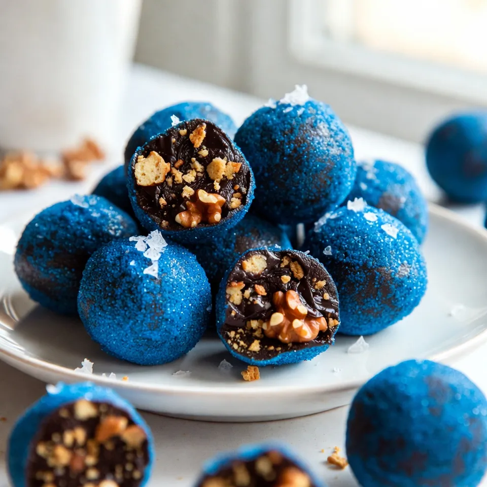 - 1 cup dark chocolate chips - 1/2 cup sweetened condensed milk - 1/4 cup blue sparkling sugar (or edible blue glitter) - 1/2 teaspoon peppermint extract - 1/4 cup crushed graham crackers - 1/4 cup crushed walnuts (optional) - Sea salt flakes for garnish For these Blue Christmas Truffles, you need simple, tasty ingredients. The dark chocolate chips make them rich and sweet. Sweetened condensed milk adds creaminess. Blue sparkling sugar or edible glitter gives them a festive look. Peppermint extract adds a refreshing taste. Crushed graham crackers give a nice texture. If you like, add crushed walnuts for a crunch. Finally, a sprinkle of sea salt flakes enhances the flavor. Gather these ingredients before you start. They all work together to create a delightful treat for the holidays. Enjoy the process and the yummy results! {{ingredient_image_2}} In a microwave-safe bowl, combine 1 cup of dark chocolate chips with 1/2 cup of sweetened condensed milk. Microwave this mix in 20-second intervals. Stir after each interval. Keep going until the chocolate melts and becomes smooth. This usually takes about 1 minute. Once smooth, add 1/2 teaspoon of peppermint extract. Mix well to spread the mint flavor throughout the chocolate. Let the bowl cool for about 10 minutes. This helps the mixture firm up a bit. Next, fold in 1/4 cup of crushed graham crackers and 1/4 cup of crushed walnuts if you like a bit of crunch. Make sure everything blends well together. With slightly damp hands, take about one tablespoon of the mixture. Roll it into a smooth ball. This keeps the mixture from sticking to your hands. Place each ball onto a parchment-lined tray. This makes them easy to handle later. Now it’s time to coat the truffles. Roll each one in 1/4 cup of blue sparkling sugar. Make sure they are well covered. This gives them a beautiful look and a touch of sweetness. Sprinkle a few sea salt flakes on top of each truffle. This adds a nice contrast to the sweetness. Place the tray in the refrigerator. Chill the truffles for at least 1 hour. This will help them hold their shape. If you want them to be extra firm, leave them in longer. Cooling time is key for great truffles. After mixing, let the bowl cool for about 10 minutes. This helps the mixture firm up. A firmer mix makes rolling easier. To avoid sticky hands, dampen your palms slightly. This will help you shape the truffles without mess. Just a little water will do the trick. For holiday displays, arrange truffles on a colorful plate. Using festive colors brightens your table. You can also place them in small boxes for gift giving. Add blue sparkling sugar around the truffles. This creates a fun winter wonderland look. It adds a special touch that guests will love. Want to boost the flavor? Try adding a splash of vanilla extract. It pairs well with peppermint and chocolate. You can also experiment with other extracts, like almond. This can change the taste in a fun way. Pro Tips Use Quality Chocolate: Opt for high-quality dark chocolate chips to enhance the flavor of your truffles. Chill for Best Texture: Make sure to chill the truffles thoroughly; this helps them maintain their shape when serving. Experiment with Flavors: Feel free to substitute the peppermint extract with other flavors like orange or almond for a unique twist. Packing and Gifting: If gifting, consider adding a small card with serving suggestions or flavor notes to make it extra special. {{image_4}} You can easily change the flavor of your truffles. If peppermint isn't your thing, swap it for vanilla or almond extract. This will give a warm touch to the truffles. You can also skip the nuts if you want a smoother texture. Instead of walnuts, use pecans or almonds for a different crunch. If you prefer no nuts, just leave them out. The truffles will still be tasty! Colors can add fun to your truffles. Use different colored sugars for various themes. Red, green, or white sugars work well for the holidays. To create your own blue coloring, mix a bit of blue food dye with sugar. This DIY method lets you customize the shade to your liking. It can make your truffles pop even more. Toppings can elevate your truffles. Try adding crushed candy canes for a festive crunch. You can also use sprinkles or edible glitter to make them sparkle. For a cozy touch, drizzle melted white chocolate on top. This adds both flavor and visual appeal. These small details can turn your treats into a holiday masterpiece! To keep your Blue Christmas Truffles fresh, store them in the fridge. They last up to two weeks when chilled. Use an airtight container to prevent moisture and odors from ruining their taste. This helps maintain their creamy texture and delightful flavor. You can freeze these truffles for longer storage. First, place them in a single layer on a baking sheet. Freeze them for about an hour until they are firm. After that, transfer them into a freezer-safe bag or container. This method prevents them from sticking together. When you’re ready to enjoy them, take the truffles out of the freezer. Let them thaw in the fridge for a few hours. This keeps them from becoming too soft. Enjoy the rich taste whenever you like! Blue Christmas Truffles last about one week in the fridge. Store them in an airtight container. Keep them away from strong-smelling foods. They also freeze well for up to three months. Just remember to thaw them in the fridge overnight. Yes, you can make these truffles a day or two ahead. Just follow the recipe and chill them. This way, they have time to set. Having them ready early helps save time when you need them. If you can't find blue sparkling sugar, use edible blue glitter. You can also use white sparkling sugar for a classic look. Try colored sugar in different shades for fun. This keeps the festive spirit alive. Absolutely, these truffles make great gifts. Package them in festive boxes or jars. You can add a ribbon for a nice touch. Present them on a decorative plate for a stylish look. Dusting more sugar around them adds a charming finish. You learned how to make Blue Christmas Truffles step-by-step, from melting chocolate to garnishing. With ingredients like dark chocolate and peppermint, these treats are festive and fun. Remember to chill them well for best flavor and texture. You also discovered tips for storage and creative variations. Whether for a party or a gift, these truffles bring joy. Get creative and enjoy this delicious treat during the holiday season!